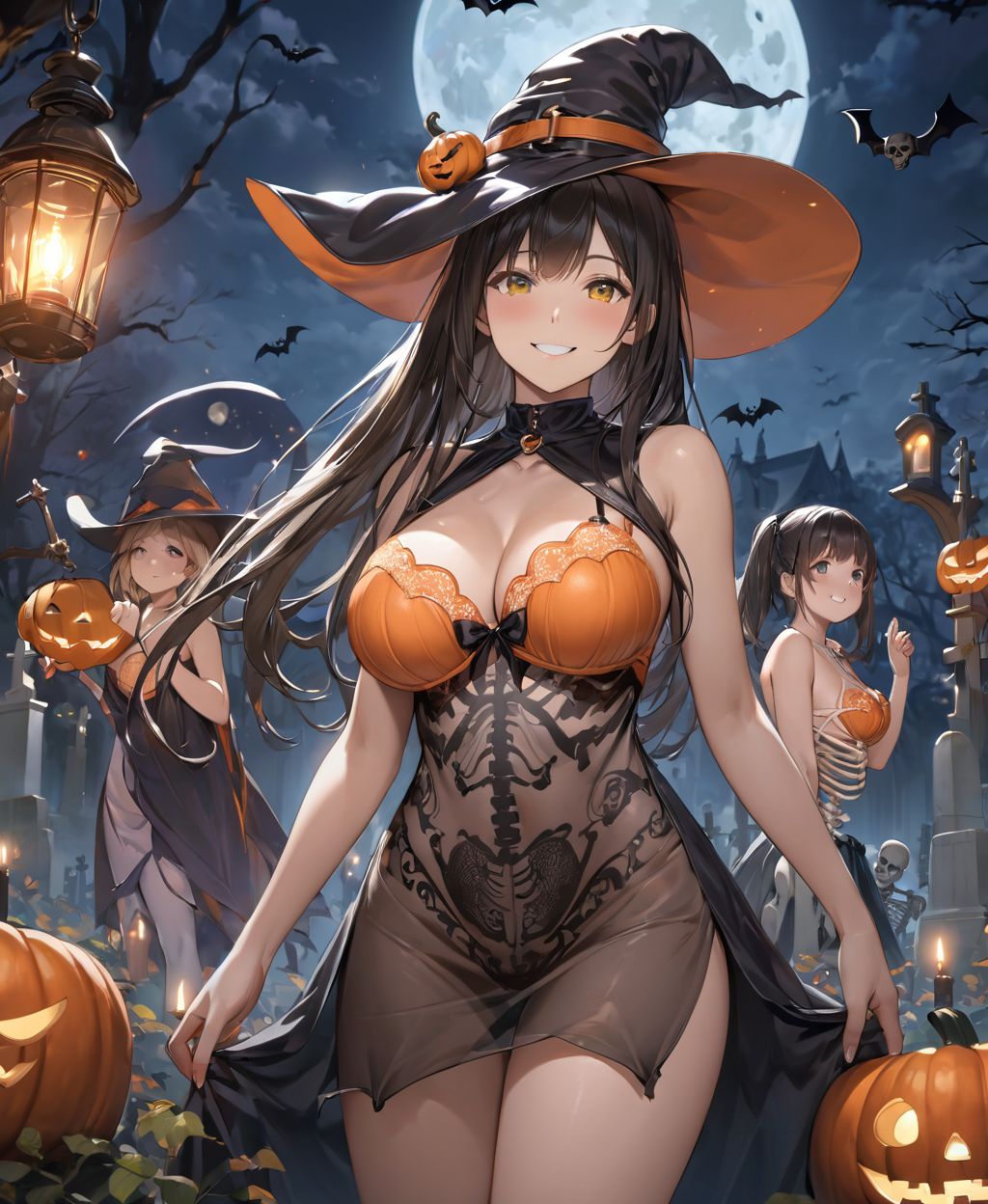 (Girl in a Halloween costume at an American cemetery: 1.3),
(Witch costume with a pumpkin bra and a skeleton dress: 1.6),
(Girl blushing with embarrassment),
twisted torso, touching hair, Reika, black hair, long hair, straight hair, large breasts, white orange lace see-through lingerie, stockings, happiness, horror, ghost, night, depth of field, autumn, Halloween, street,

BLAKE
(masterpiece:1.3), (best quality:1.3),(photo-realistic:1.2),(4 girls:1.8),(solo:-2.0),(cute girls:1.2),kawaii,idol face,(12 years old young girl:1.3),
(Cowboy shot:1.6),
BLAKE

(baby face:1.4),(smile:1.4),blush,(soft and smooth skin:1.2),(oily skin:1.2),beautiful detailed eyes,

(beautiful hair:1.1),

 (Fair-skinned), (large breast:0.5), dark brown hair, twin tails, blindfold, 
concept art,texture,(Exquisite and beautiful photorealistic depiction of the background, superrealism:1.5),backgrounds,absolutely resolution, ultra detaile,intricate,(8k:1.3),CG, unity , 2k wallpaper,absurdres,

(EasyNegativeV2:-1.5), (worst quality, low quality:-1.2),(moles:-1.1),(spot on the skin:-1.2),(freckles:-1.3),(bad-hands-5:-1.2), (negative_hand-neg:-1.1),

BLAKE

(contra-post: 1.2), (arms at the side of the body), front view, close-up of the upper body, deep background, in a Halloween landscape, full moon, castle, gravestone, bat, (ghost), jack-o'-lantern, candle,
(dark American cemetery at night: 1.5),
BREAK
(wearing see-through clothes: 1.2), cleavage, witch's hat,


(Halloween background,
pumpkin, bat, skeleton: 1.3),

sharp focus on her,
high resolution, detailed graphics,
(vivid colors), professional quality,


ultra-high resolution, images that capture every detail, from the individual strands of hair to the intricate weave of the costume,
vivid colors come to life with professional-quality clarity and contrast,



(mole: -1.1), (skin blemishes: -1.2), (freckles: -1.3), (hands: -1.4),

(lighting from the front: 1.8),