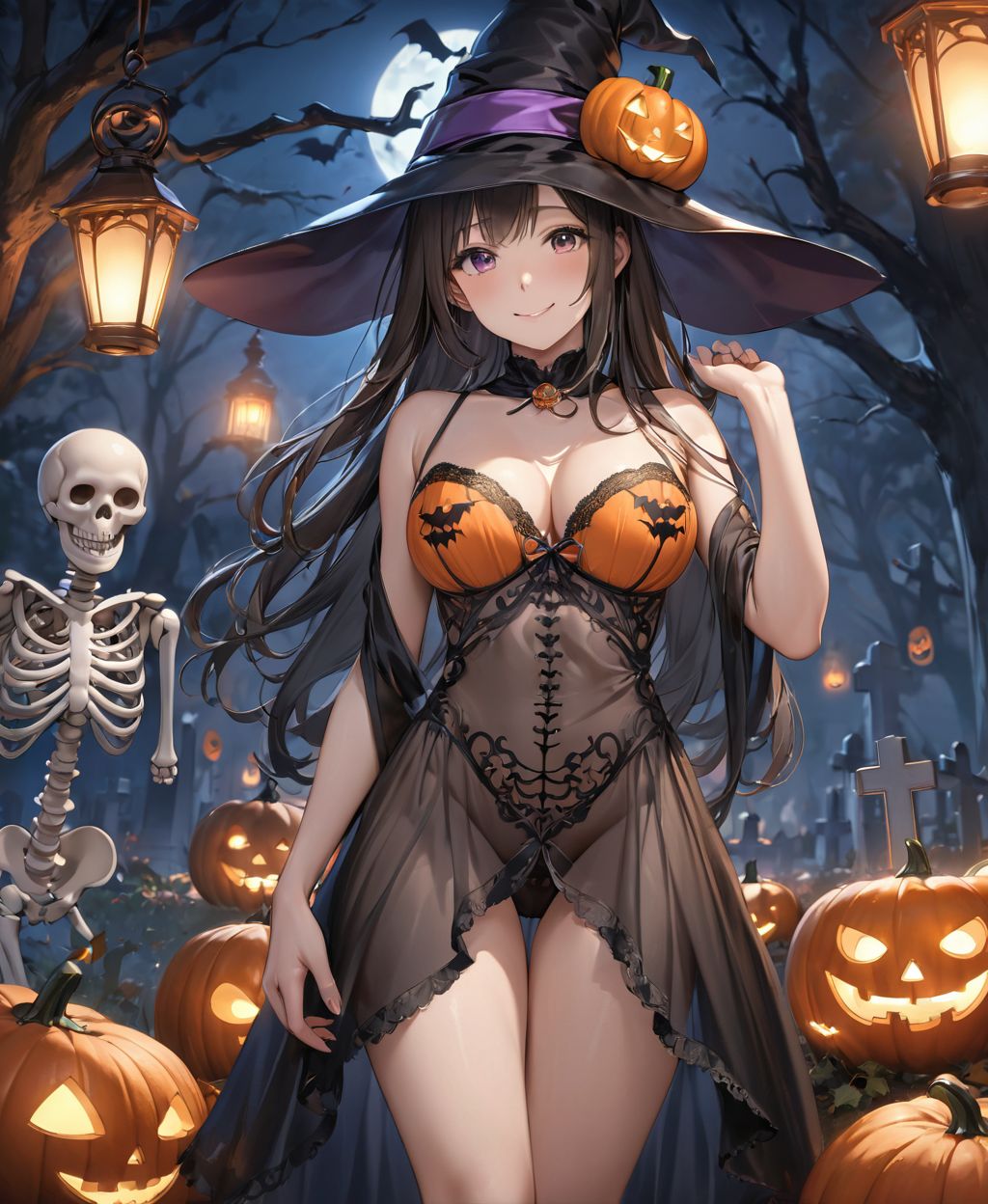 (Girl in a Halloween costume at an American cemetery: 1.3),
(Witch costume with a pumpkin bra and a skeleton dress: 1.6),
(Girl blushing with embarrassment),
twisted torso, touching hair, Reika, black hair, long hair, straight hair, large breasts, white orange lace see-through lingerie, stockings, happiness, horror, ghost, night, depth of field, autumn, Halloween, street,

BLAKE
(masterpiece:1.3), (best quality:1.3),(photo-realistic:1.2),(4 girls:1.8),(solo:-2.0),(cute girls:1.2),kawaii,idol face,(12 years old young girl:1.3),
(Cowboy shot:1.6),
BLAKE

(baby face:1.4),(smile:1.4),blush,(soft and smooth skin:1.2),(oily skin:1.2),beautiful detailed eyes,

(beautiful hair:1.1),

 (Fair-skinned), (large breast:0.5), dark brown hair, twin tails, blindfold, 
concept art,texture,(Exquisite and beautiful photorealistic depiction of the background, superrealism:1.5),backgrounds,absolutely resolution, ultra detaile,intricate,(8k:1.3),CG, unity , 2k wallpaper,absurdres,

(EasyNegativeV2:-1.5), (worst quality, low quality:-1.2),(moles:-1.1),(spot on the skin:-1.2),(freckles:-1.3),(bad-hands-5:-1.2), (negative_hand-neg:-1.1),

BLAKE

(contra-post: 1.2), (arms at the side of the body), front view, close-up of the upper body, deep background, in a Halloween landscape, full moon, castle, gravestone, bat, (ghost), jack-o'-lantern, candle,
(dark American cemetery at night: 1.5),
BREAK
(wearing see-through clothes: 1.2), cleavage, witch's hat,


(Halloween background,
pumpkin, bat, skeleton: 1.3),

sharp focus on her,
high resolution, detailed graphics,
(vivid colors), professional quality,


ultra-high resolution, images that capture every detail, from the individual strands of hair to the intricate weave of the costume,
vivid colors come to life with professional-quality clarity and contrast,



(mole: -1.1), (skin blemishes: -1.2), (freckles: -1.3), (hands: -1.4),

(lighting from the front: 1.8),