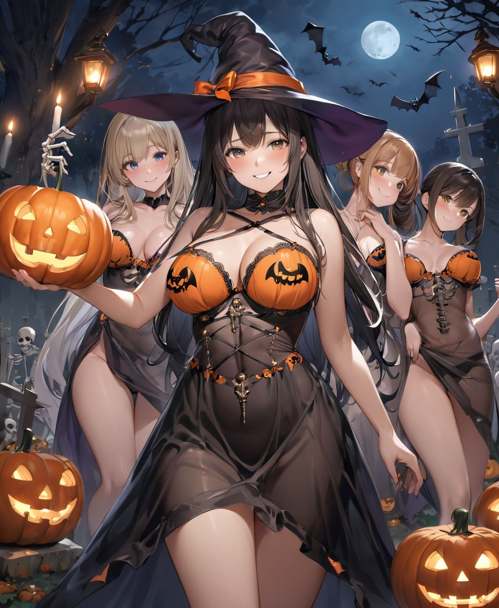 (Girl in a Halloween costume at an American cemetery: 1.3),
(Witch costume with a pumpkin bra and a skeleton dress: 1.6),
(Girl blushing with embarrassment),
twisted torso, touching hair, Reika, black hair, long hair, straight hair, large breasts, white orange lace see-through lingerie, stockings, happiness, horror, ghost, night, depth of field, autumn, Halloween, street,

BLAKE
(masterpiece:1.3), (best quality:1.3),(photo-realistic:1.2),(4 girls:1.8),(solo:-2.0),(cute girls:1.2),kawaii,idol face,(12 years old young girl:1.3),
(Cowboy shot:1.6),
BLAKE

(baby face:1.4),(smile:1.4),blush,(soft and smooth skin:1.2),(oily skin:1.2),beautiful detailed eyes,

(beautiful hair:1.1),

 (Fair-skinned), (large breast:0.5), dark brown hair, twin tails, blindfold, 
concept art,texture,(Exquisite and beautiful photorealistic depiction of the background, superrealism:1.5),backgrounds,absolutely resolution, ultra detaile,intricate,(8k:1.3),CG, unity , 2k wallpaper,absurdres,

(EasyNegativeV2:-1.5), (worst quality, low quality:-1.2),(moles:-1.1),(spot on the skin:-1.2),(freckles:-1.3),(bad-hands-5:-1.2), (negative_hand-neg:-1.1),

BLAKE

(contra-post: 1.2), (arms at the side of the body), front view, close-up of the upper body, deep background, in a Halloween landscape, full moon, castle, gravestone, bat, (ghost), jack-o'-lantern, candle,
(dark American cemetery at night: 1.5),
BREAK
(wearing see-through clothes: 1.2), cleavage, witch's hat,


(Halloween background,
pumpkin, bat, skeleton: 1.3),

sharp focus on her,
high resolution, detailed graphics,
(vivid colors), professional quality,


ultra-high resolution, images that capture every detail, from the individual strands of hair to the intricate weave of the costume,
vivid colors come to life with professional-quality clarity and contrast,



(mole: -1.1), (skin blemishes: -1.2), (freckles: -1.3), (hands: -1.4),

(lighting from the front: 1.8),