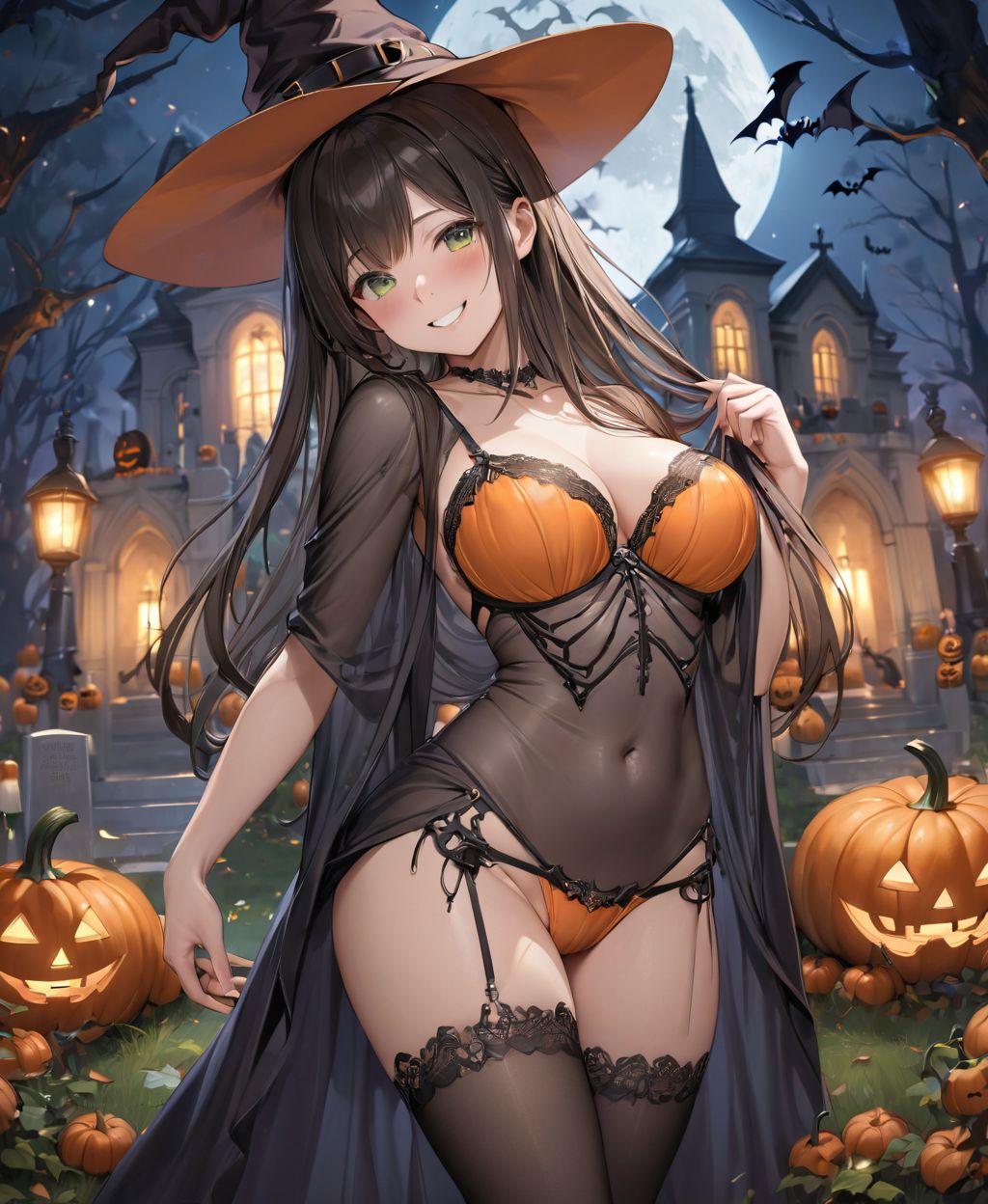 (Girl in a Halloween costume at an American cemetery: 1.3),
(Witch costume with a pumpkin bra and a skeleton dress: 1.6),
(Girl blushing with embarrassment),
twisted torso, touching hair, Reika, black hair, long hair, straight hair, large breasts, white orange lace see-through lingerie, stockings, happiness, horror, ghost, night, depth of field, autumn, Halloween, street,

BLAKE
(masterpiece:1.3), (best quality:1.3),(photo-realistic:1.2),(4 girls:1.8),(solo:-2.0),(cute girls:1.2),kawaii,idol face,(12 years old young girl:1.3),
(Cowboy shot:1.6),
BLAKE

(baby face:1.4),(smile:1.4),blush,(soft and smooth skin:1.2),(oily skin:1.2),beautiful detailed eyes,

(beautiful hair:1.1),

 (Fair-skinned), (large breast:0.5), dark brown hair, twin tails, blindfold, 
concept art,texture,(Exquisite and beautiful photorealistic depiction of the background, superrealism:1.5),backgrounds,absolutely resolution, ultra detaile,intricate,(8k:1.3),CG, unity , 2k wallpaper,absurdres,

(EasyNegativeV2:-1.5), (worst quality, low quality:-1.2),(moles:-1.1),(spot on the skin:-1.2),(freckles:-1.3),(bad-hands-5:-1.2), (negative_hand-neg:-1.1),

BLAKE

(contra-post: 1.2), (arms at the side of the body), front view, close-up of the upper body, deep background, in a Halloween landscape, full moon, castle, gravestone, bat, (ghost), jack-o'-lantern, candle,
(dark American cemetery at night: 1.5),
BREAK
(wearing see-through clothes: 1.2), cleavage, witch's hat,


(Halloween background,
pumpkin, bat, skeleton: 1.3),

sharp focus on her,
high resolution, detailed graphics,
(vivid colors), professional quality,


ultra-high resolution, images that capture every detail, from the individual strands of hair to the intricate weave of the costume,
vivid colors come to life with professional-quality clarity and contrast,



(mole: -1.1), (skin blemishes: -1.2), (freckles: -1.3), (hands: -1.4),

(lighting from the front: 1.8),