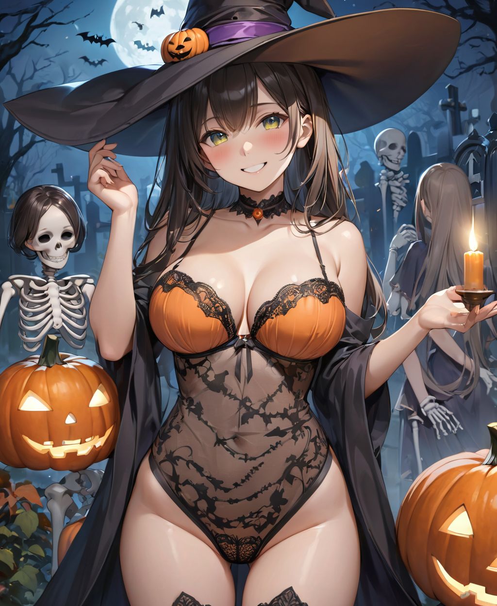 (Girl in a Halloween costume at an American cemetery: 1.3),
(Witch costume with a pumpkin bra and a skeleton dress: 1.6),
(Girl blushing with embarrassment),
twisted torso, touching hair, Reika, black hair, long hair, straight hair, large breasts, white orange lace see-through lingerie, stockings, happiness, horror, ghost, night, depth of field, autumn, Halloween, street,

BLAKE
(masterpiece:1.3), (best quality:1.3),(photo-realistic:1.2),(4 girls:1.8),(solo:-2.0),(cute girls:1.2),kawaii,idol face,(12 years old young girl:1.3),
(Cowboy shot:1.6),
BLAKE

(baby face:1.4),(smile:1.4),blush,(soft and smooth skin:1.2),(oily skin:1.2),beautiful detailed eyes,

(beautiful hair:1.1),

 (Fair-skinned), (large breast:0.5), dark brown hair, twin tails, blindfold, 
concept art,texture,(Exquisite and beautiful photorealistic depiction of the background, superrealism:1.5),backgrounds,absolutely resolution, ultra detaile,intricate,(8k:1.3),CG, unity , 2k wallpaper,absurdres,

(EasyNegativeV2:-1.5), (worst quality, low quality:-1.2),(moles:-1.1),(spot on the skin:-1.2),(freckles:-1.3),(bad-hands-5:-1.2), (negative_hand-neg:-1.1),

BLAKE

(contra-post: 1.2), (arms at the side of the body), front view, close-up of the upper body, deep background, in a Halloween landscape, full moon, castle, gravestone, bat, (ghost), jack-o'-lantern, candle,
(dark American cemetery at night: 1.5),
BREAK
(wearing see-through clothes: 1.2), cleavage, witch's hat,


(Halloween background,
pumpkin, bat, skeleton: 1.3),

sharp focus on her,
high resolution, detailed graphics,
(vivid colors), professional quality,


ultra-high resolution, images that capture every detail, from the individual strands of hair to the intricate weave of the costume,
vivid colors come to life with professional-quality clarity and contrast,



(mole: -1.1), (skin blemishes: -1.2), (freckles: -1.3), (hands: -1.4),

(lighting from the front: 1.8),