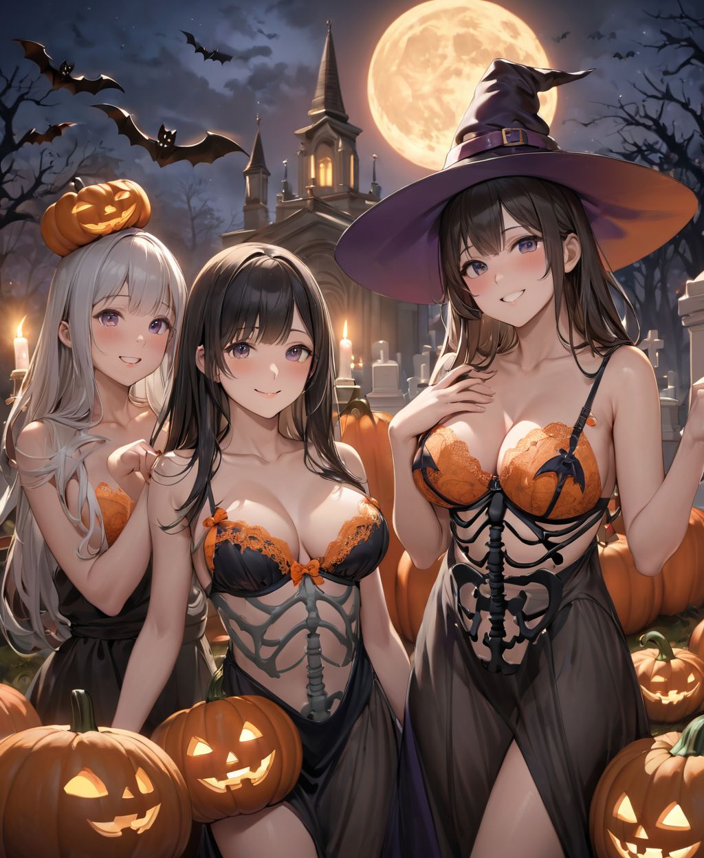 (Girl in a Halloween costume at an American cemetery: 1.3),
(Witch costume with a pumpkin bra and a skeleton dress: 1.6),
(Girl blushing with embarrassment),
twisted torso, touching hair, Reika, black hair, long hair, straight hair, large breasts, white orange lace see-through lingerie, stockings, happiness, horror, ghost, night, depth of field, autumn, Halloween, street,

BLAKE
(masterpiece:1.3), (best quality:1.3),(photo-realistic:1.2),(4 girls:1.8),(solo:-2.0),(cute girls:1.2),kawaii,idol face,(12 years old young girl:1.3),
(Cowboy shot:1.6),
BLAKE

(baby face:1.4),(smile:1.4),blush,(soft and smooth skin:1.2),(oily skin:1.2),beautiful detailed eyes,

(beautiful hair:1.1),

 (Fair-skinned), (large breast:0.5), dark brown hair, twin tails, blindfold, 
concept art,texture,(Exquisite and beautiful photorealistic depiction of the background, superrealism:1.5),backgrounds,absolutely resolution, ultra detaile,intricate,(8k:1.3),CG, unity , 2k wallpaper,absurdres,

(EasyNegativeV2:-1.5), (worst quality, low quality:-1.2),(moles:-1.1),(spot on the skin:-1.2),(freckles:-1.3),(bad-hands-5:-1.2), (negative_hand-neg:-1.1),

BLAKE

(contra-post: 1.2), (arms at the side of the body), front view, close-up of the upper body, deep background, in a Halloween landscape, full moon, castle, gravestone, bat, (ghost), jack-o'-lantern, candle,
(dark American cemetery at night: 1.5),
BREAK
(wearing see-through clothes: 1.2), cleavage, witch's hat,


(Halloween background,
pumpkin, bat, skeleton: 1.3),

sharp focus on her,
high resolution, detailed graphics,
(vivid colors), professional quality,


ultra-high resolution, images that capture every detail, from the individual strands of hair to the intricate weave of the costume,
vivid colors come to life with professional-quality clarity and contrast,



(mole: -1.1), (skin blemishes: -1.2), (freckles: -1.3), (hands: -1.4),

(lighting from the front: 1.8),