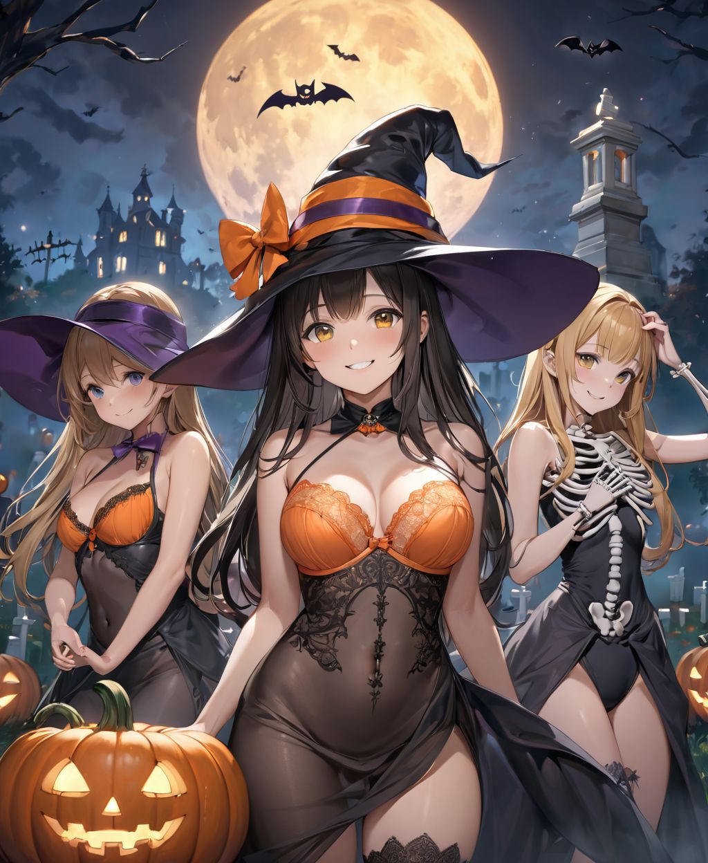 (Girl in a Halloween costume at an American cemetery: 1.3),
(Witch costume with a pumpkin bra and a skeleton dress: 1.6),
(Girl blushing with embarrassment),
twisted torso, touching hair, Reika, black hair, long hair, straight hair, large breasts, white orange lace see-through lingerie, stockings, happiness, horror, ghost, night, depth of field, autumn, Halloween, street,

BLAKE
(masterpiece:1.3), (best quality:1.3),(photo-realistic:1.2),(4 girls:1.8),(solo:-2.0),(cute girls:1.2),kawaii,idol face,(12 years old young girl:1.3),
(Cowboy shot:1.6),
BLAKE

(baby face:1.4),(smile:1.4),blush,(soft and smooth skin:1.2),(oily skin:1.2),beautiful detailed eyes,

(beautiful hair:1.1),

 (Fair-skinned), (large breast:0.5), dark brown hair, twin tails, blindfold, 
concept art,texture,(Exquisite and beautiful photorealistic depiction of the background, superrealism:1.5),backgrounds,absolutely resolution, ultra detaile,intricate,(8k:1.3),CG, unity , 2k wallpaper,absurdres,

(EasyNegativeV2:-1.5), (worst quality, low quality:-1.2),(moles:-1.1),(spot on the skin:-1.2),(freckles:-1.3),(bad-hands-5:-1.2), (negative_hand-neg:-1.1),

BLAKE

(contra-post: 1.2), (arms at the side of the body), front view, close-up of the upper body, deep background, in a Halloween landscape, full moon, castle, gravestone, bat, (ghost), jack-o'-lantern, candle,
(dark American cemetery at night: 1.5),
BREAK
(wearing see-through clothes: 1.2), cleavage, witch's hat,


(Halloween background,
pumpkin, bat, skeleton: 1.3),

sharp focus on her,
high resolution, detailed graphics,
(vivid colors), professional quality,


ultra-high resolution, images that capture every detail, from the individual strands of hair to the intricate weave of the costume,
vivid colors come to life with professional-quality clarity and contrast,



(mole: -1.1), (skin blemishes: -1.2), (freckles: -1.3), (hands: -1.4),

(lighting from the front: 1.8),