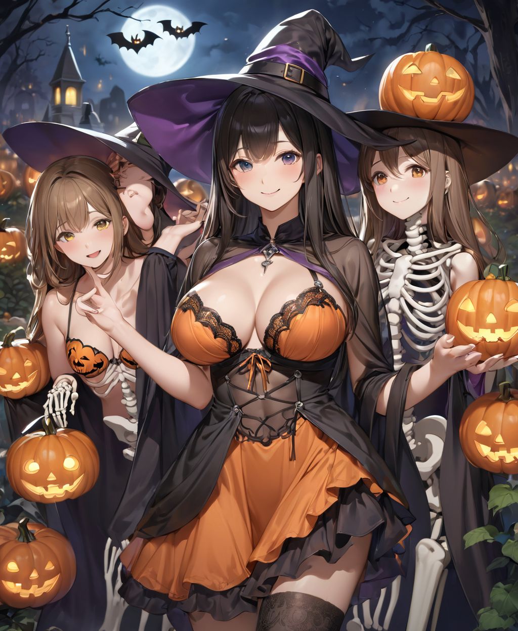 (Girl in a Halloween costume at an American cemetery: 1.3),
(Witch costume with a pumpkin bra and a skeleton dress: 1.6),
(Girl blushing with embarrassment),
twisted torso, touching hair, Reika, black hair, long hair, straight hair, large breasts, white orange lace see-through lingerie, stockings, happiness, horror, ghost, night, depth of field, autumn, Halloween, street,

BLAKE
(masterpiece:1.3), (best quality:1.3),(photo-realistic:1.2),(4 girls:1.8),(solo:-2.0),(cute girls:1.2),kawaii,idol face,(12 years old young girl:1.3),
(Cowboy shot:1.6),
BLAKE

(baby face:1.4),(smile:1.4),blush,(soft and smooth skin:1.2),(oily skin:1.2),beautiful detailed eyes,

(beautiful hair:1.1),

 (Fair-skinned), (large breast:0.5), dark brown hair, twin tails, blindfold, 
concept art,texture,(Exquisite and beautiful photorealistic depiction of the background, superrealism:1.5),backgrounds,absolutely resolution, ultra detaile,intricate,(8k:1.3),CG, unity , 2k wallpaper,absurdres,

(EasyNegativeV2:-1.5), (worst quality, low quality:-1.2),(moles:-1.1),(spot on the skin:-1.2),(freckles:-1.3),(bad-hands-5:-1.2), (negative_hand-neg:-1.1),

BLAKE

(contra-post: 1.2), (arms at the side of the body), front view, close-up of the upper body, deep background, in a Halloween landscape, full moon, castle, gravestone, bat, (ghost), jack-o'-lantern, candle,
(dark American cemetery at night: 1.5),
BREAK
(wearing see-through clothes: 1.2), cleavage, witch's hat,


(Halloween background,
pumpkin, bat, skeleton: 1.3),

sharp focus on her,
high resolution, detailed graphics,
(vivid colors), professional quality,


ultra-high resolution, images that capture every detail, from the individual strands of hair to the intricate weave of the costume,
vivid colors come to life with professional-quality clarity and contrast,



(mole: -1.1), (skin blemishes: -1.2), (freckles: -1.3), (hands: -1.4),

(lighting from the front: 1.8),