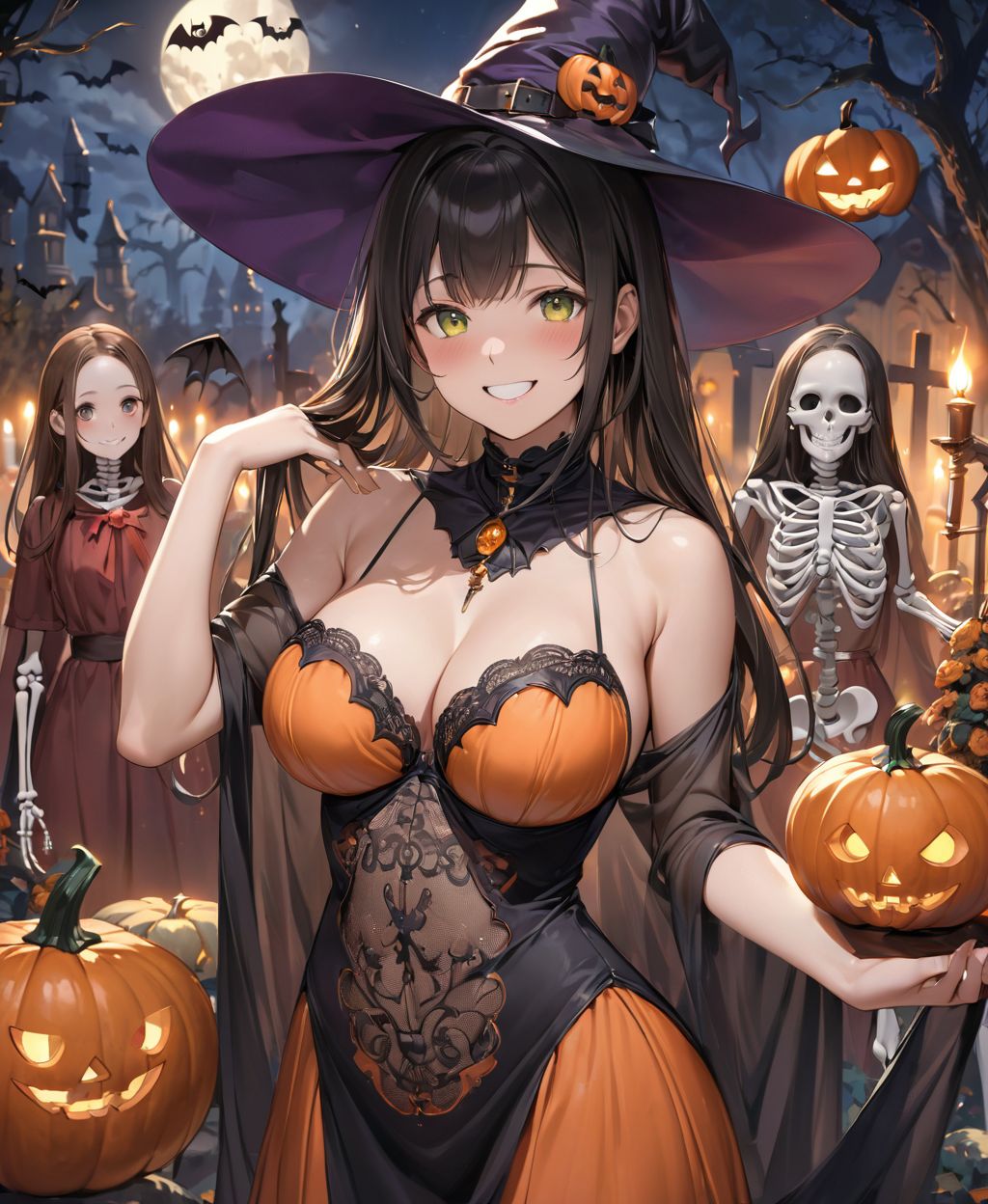 (Girl in a Halloween costume at an American cemetery: 1.3),
(Witch costume with a pumpkin bra and a skeleton dress: 1.6),
(Girl blushing with embarrassment),
twisted torso, touching hair, Reika, black hair, long hair, straight hair, large breasts, white orange lace see-through lingerie, stockings, happiness, horror, ghost, night, depth of field, autumn, Halloween, street,

BLAKE
(masterpiece:1.3), (best quality:1.3),(photo-realistic:1.2),(4 girls:1.8),(solo:-2.0),(cute girls:1.2),kawaii,idol face,(12 years old young girl:1.3),
(Cowboy shot:1.6),
BLAKE

(baby face:1.4),(smile:1.4),blush,(soft and smooth skin:1.2),(oily skin:1.2),beautiful detailed eyes,

(beautiful hair:1.1),

 (Fair-skinned), (large breast:0.5), dark brown hair, twin tails, blindfold, 
concept art,texture,(Exquisite and beautiful photorealistic depiction of the background, superrealism:1.5),backgrounds,absolutely resolution, ultra detaile,intricate,(8k:1.3),CG, unity , 2k wallpaper,absurdres,

(EasyNegativeV2:-1.5), (worst quality, low quality:-1.2),(moles:-1.1),(spot on the skin:-1.2),(freckles:-1.3),(bad-hands-5:-1.2), (negative_hand-neg:-1.1),

BLAKE

(contra-post: 1.2), (arms at the side of the body), front view, close-up of the upper body, deep background, in a Halloween landscape, full moon, castle, gravestone, bat, (ghost), jack-o'-lantern, candle,
(dark American cemetery at night: 1.5),
BREAK
(wearing see-through clothes: 1.2), cleavage, witch's hat,


(Halloween background,
pumpkin, bat, skeleton: 1.3),

sharp focus on her,
high resolution, detailed graphics,
(vivid colors), professional quality,


ultra-high resolution, images that capture every detail, from the individual strands of hair to the intricate weave of the costume,
vivid colors come to life with professional-quality clarity and contrast,



(mole: -1.1), (skin blemishes: -1.2), (freckles: -1.3), (hands: -1.4),

(lighting from the front: 1.8),