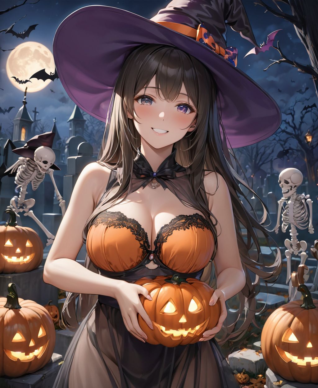 (Girl in a Halloween costume at an American cemetery: 1.3),
(Witch costume with a pumpkin bra and a skeleton dress: 1.6),
(Girl blushing with embarrassment),
twisted torso, touching hair, Reika, black hair, long hair, straight hair, large breasts, white orange lace see-through lingerie, stockings, happiness, horror, ghost, night, depth of field, autumn, Halloween, street,

BLAKE
(masterpiece:1.3), (best quality:1.3),(photo-realistic:1.2),(4 girls:1.8),(solo:-2.0),(cute girls:1.2),kawaii,idol face,(12 years old young girl:1.3),
(Cowboy shot:1.6),
BLAKE

(baby face:1.4),(smile:1.4),blush,(soft and smooth skin:1.2),(oily skin:1.2),beautiful detailed eyes,

(beautiful hair:1.1),

 (Fair-skinned), (large breast:0.5), dark brown hair, twin tails, blindfold, 
concept art,texture,(Exquisite and beautiful photorealistic depiction of the background, superrealism:1.5),backgrounds,absolutely resolution, ultra detaile,intricate,(8k:1.3),CG, unity , 2k wallpaper,absurdres,

(EasyNegativeV2:-1.5), (worst quality, low quality:-1.2),(moles:-1.1),(spot on the skin:-1.2),(freckles:-1.3),(bad-hands-5:-1.2), (negative_hand-neg:-1.1),

BLAKE

(contra-post: 1.2), (arms at the side of the body), front view, close-up of the upper body, deep background, in a Halloween landscape, full moon, castle, gravestone, bat, (ghost), jack-o'-lantern, candle,
(dark American cemetery at night: 1.5),
BREAK
(wearing see-through clothes: 1.2), cleavage, witch's hat,


(Halloween background,
pumpkin, bat, skeleton: 1.3),

sharp focus on her,
high resolution, detailed graphics,
(vivid colors), professional quality,


ultra-high resolution, images that capture every detail, from the individual strands of hair to the intricate weave of the costume,
vivid colors come to life with professional-quality clarity and contrast,



(mole: -1.1), (skin blemishes: -1.2), (freckles: -1.3), (hands: -1.4),

(lighting from the front: 1.8),