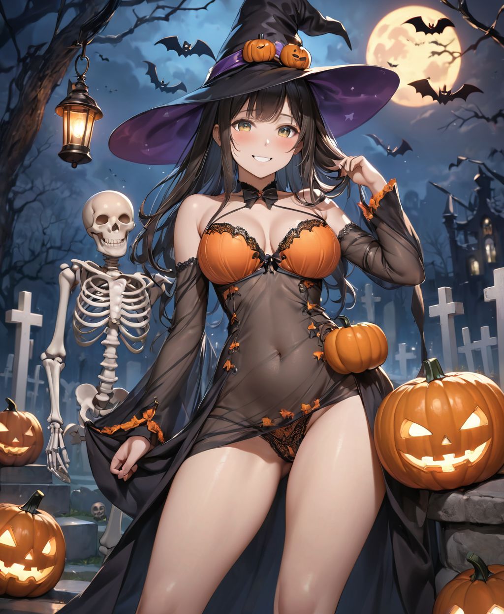 (Girl in a Halloween costume at an American cemetery: 1.3),
(Witch costume with a pumpkin bra and a skeleton dress: 1.6),
(Girl blushing with embarrassment),
twisted torso, touching hair, Reika, black hair, long hair, straight hair, large breasts, white orange lace see-through lingerie, stockings, happiness, horror, ghost, night, depth of field, autumn, Halloween, street,

BLAKE
(masterpiece:1.3), (best quality:1.3),(photo-realistic:1.2),(4 girls:1.8),(solo:-2.0),(cute girls:1.2),kawaii,idol face,(12 years old young girl:1.3),
(Cowboy shot:1.6),
BLAKE

(baby face:1.4),(smile:1.4),blush,(soft and smooth skin:1.2),(oily skin:1.2),beautiful detailed eyes,

(beautiful hair:1.1),

 (Fair-skinned), (large breast:0.5), dark brown hair, twin tails, blindfold, 
concept art,texture,(Exquisite and beautiful photorealistic depiction of the background, superrealism:1.5),backgrounds,absolutely resolution, ultra detaile,intricate,(8k:1.3),CG, unity , 2k wallpaper,absurdres,

(EasyNegativeV2:-1.5), (worst quality, low quality:-1.2),(moles:-1.1),(spot on the skin:-1.2),(freckles:-1.3),(bad-hands-5:-1.2), (negative_hand-neg:-1.1),

BLAKE

(contra-post: 1.2), (arms at the side of the body), front view, close-up of the upper body, deep background, in a Halloween landscape, full moon, castle, gravestone, bat, (ghost), jack-o'-lantern, candle,
(dark American cemetery at night: 1.5),
BREAK
(wearing see-through clothes: 1.2), cleavage, witch's hat,


(Halloween background,
pumpkin, bat, skeleton: 1.3),

sharp focus on her,
high resolution, detailed graphics,
(vivid colors), professional quality,


ultra-high resolution, images that capture every detail, from the individual strands of hair to the intricate weave of the costume,
vivid colors come to life with professional-quality clarity and contrast,



(mole: -1.1), (skin blemishes: -1.2), (freckles: -1.3), (hands: -1.4),

(lighting from the front: 1.8),