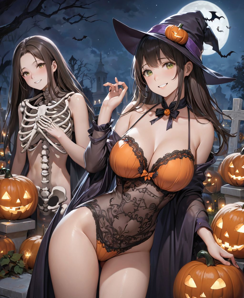 (Girl in a Halloween costume at an American cemetery: 1.3),
(Witch costume with a pumpkin bra and a skeleton dress: 1.6),
(Girl blushing with embarrassment),
twisted torso, touching hair, Reika, black hair, long hair, straight hair, large breasts, white orange lace see-through lingerie, stockings, happiness, horror, ghost, night, depth of field, autumn, Halloween, street,

BLAKE
(masterpiece:1.3), (best quality:1.3),(photo-realistic:1.2),(4 girls:1.8),(solo:-2.0),(cute girls:1.2),kawaii,idol face,(12 years old young girl:1.3),
(Cowboy shot:1.6),
BLAKE

(baby face:1.4),(smile:1.4),blush,(soft and smooth skin:1.2),(oily skin:1.2),beautiful detailed eyes,

(beautiful hair:1.1),

 (Fair-skinned), (large breast:0.5), dark brown hair, twin tails, blindfold, 
concept art,texture,(Exquisite and beautiful photorealistic depiction of the background, superrealism:1.5),backgrounds,absolutely resolution, ultra detaile,intricate,(8k:1.3),CG, unity , 2k wallpaper,absurdres,

(EasyNegativeV2:-1.5), (worst quality, low quality:-1.2),(moles:-1.1),(spot on the skin:-1.2),(freckles:-1.3),(bad-hands-5:-1.2), (negative_hand-neg:-1.1),

BLAKE

(contra-post: 1.2), (arms at the side of the body), front view, close-up of the upper body, deep background, in a Halloween landscape, full moon, castle, gravestone, bat, (ghost), jack-o'-lantern, candle,
(dark American cemetery at night: 1.5),
BREAK
(wearing see-through clothes: 1.2), cleavage, witch's hat,


(Halloween background,
pumpkin, bat, skeleton: 1.3),

sharp focus on her,
high resolution, detailed graphics,
(vivid colors), professional quality,


ultra-high resolution, images that capture every detail, from the individual strands of hair to the intricate weave of the costume,
vivid colors come to life with professional-quality clarity and contrast,



(mole: -1.1), (skin blemishes: -1.2), (freckles: -1.3), (hands: -1.4),

(lighting from the front: 1.8),