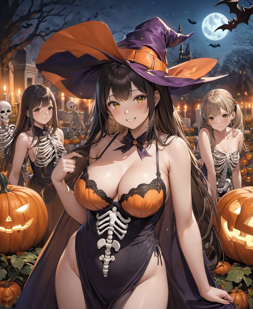 (Girl in a Halloween costume at an American cemetery: 1.3),
(Witch costume with a pumpkin bra and a skeleton dress: 1.6),
(Girl blushing with embarrassment),
twisted torso, touching hair, Reika, black hair, long hair, straight hair, large breasts, white orange lace see-through lingerie, stockings, happiness, horror, ghost, night, depth of field, autumn, Halloween, street,

BLAKE
(masterpiece:1.3), (best quality:1.3),(photo-realistic:1.2),(4 girls:1.8),(solo:-2.0),(cute girls:1.2),kawaii,idol face,(12 years old young girl:1.3),
(Cowboy shot:1.6),
BLAKE

(baby face:1.4),(smile:1.4),blush,(soft and smooth skin:1.2),(oily skin:1.2),beautiful detailed eyes,

(beautiful hair:1.1),

 (Fair-skinned), (large breast:0.5), dark brown hair, twin tails, blindfold, 
concept art,texture,(Exquisite and beautiful photorealistic depiction of the background, superrealism:1.5),backgrounds,absolutely resolution, ultra detaile,intricate,(8k:1.3),CG, unity , 2k wallpaper,absurdres,

(EasyNegativeV2:-1.5), (worst quality, low quality:-1.2),(moles:-1.1),(spot on the skin:-1.2),(freckles:-1.3),(bad-hands-5:-1.2), (negative_hand-neg:-1.1),

BLAKE

(contra-post: 1.2), (arms at the side of the body), front view, close-up of the upper body, deep background, in a Halloween landscape, full moon, castle, gravestone, bat, (ghost), jack-o'-lantern, candle,
(dark American cemetery at night: 1.5),
BREAK
(wearing see-through clothes: 1.2), cleavage, witch's hat,


(Halloween background,
pumpkin, bat, skeleton: 1.3),

sharp focus on her,
high resolution, detailed graphics,
(vivid colors), professional quality,


ultra-high resolution, images that capture every detail, from the individual strands of hair to the intricate weave of the costume,
vivid colors come to life with professional-quality clarity and contrast,



(mole: -1.1), (skin blemishes: -1.2), (freckles: -1.3), (hands: -1.4),

(lighting from the front: 1.8),