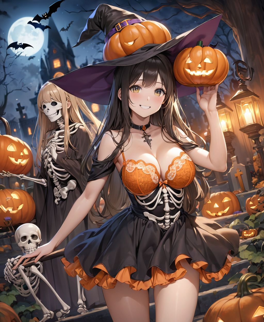 (Girl in a Halloween costume at an American cemetery: 1.3),
(Witch costume with a pumpkin bra and a skeleton dress: 1.6),
(Girl blushing with embarrassment),
twisted torso, touching hair, Reika, black hair, long hair, straight hair, large breasts, white orange lace see-through lingerie, stockings, happiness, horror, ghost, night, depth of field, autumn, Halloween, street,

BLAKE
(masterpiece:1.3), (best quality:1.3),(photo-realistic:1.2),(4 girls:1.8),(solo:-2.0),(cute girls:1.2),kawaii,idol face,(12 years old young girl:1.3),
(Cowboy shot:1.6),
BLAKE

(baby face:1.4),(smile:1.4),blush,(soft and smooth skin:1.2),(oily skin:1.2),beautiful detailed eyes,

(beautiful hair:1.1),

 (Fair-skinned), (large breast:0.5), dark brown hair, twin tails, blindfold, 
concept art,texture,(Exquisite and beautiful photorealistic depiction of the background, superrealism:1.5),backgrounds,absolutely resolution, ultra detaile,intricate,(8k:1.3),CG, unity , 2k wallpaper,absurdres,

(EasyNegativeV2:-1.5), (worst quality, low quality:-1.2),(moles:-1.1),(spot on the skin:-1.2),(freckles:-1.3),(bad-hands-5:-1.2), (negative_hand-neg:-1.1),

BLAKE

(contra-post: 1.2), (arms at the side of the body), front view, close-up of the upper body, deep background, in a Halloween landscape, full moon, castle, gravestone, bat, (ghost), jack-o'-lantern, candle,
(dark American cemetery at night: 1.5),
BREAK
(wearing see-through clothes: 1.2), cleavage, witch's hat,


(Halloween background,
pumpkin, bat, skeleton: 1.3),

sharp focus on her,
high resolution, detailed graphics,
(vivid colors), professional quality,


ultra-high resolution, images that capture every detail, from the individual strands of hair to the intricate weave of the costume,
vivid colors come to life with professional-quality clarity and contrast,



(mole: -1.1), (skin blemishes: -1.2), (freckles: -1.3), (hands: -1.4),

(lighting from the front: 1.8),