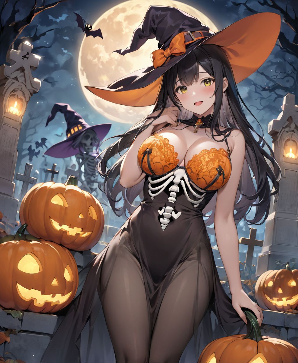 (Girl in a Halloween costume at an American cemetery: 1.3),
(Witch costume with a pumpkin bra and a skeleton dress: 1.6),
(Girl blushing with embarrassment),
twisted torso, touching hair, Reika, black hair, long hair, straight hair, large breasts, white orange lace see-through lingerie, stockings, happiness, horror, ghost, night, depth of field, autumn, Halloween, street,

BLAKE


(contra-post: 1.2), (arms at the side of the body), front view, close-up of the upper body, deep background, in a Halloween landscape, full moon, castle, gravestone, bat, (ghost), jack-o'-lantern, candle,
(dark American cemetery at night: 1.5),
BREAK
(wearing see-through clothes: 1.2), cleavage, witch's hat,


(Halloween background,
pumpkin, bat, skeleton: 1.3),

sharp focus on her,
high resolution, detailed graphics,
(vivid colors), professional quality,


ultra-high resolution, images that capture every detail, from the individual strands of hair to the intricate weave of the costume,
vivid colors come to life with professional-quality clarity and contrast,



(mole: -1.1), (skin blemishes: -1.2), (freckles: -1.3), (hands: -1.4),

(lighting from the front: 1.8),