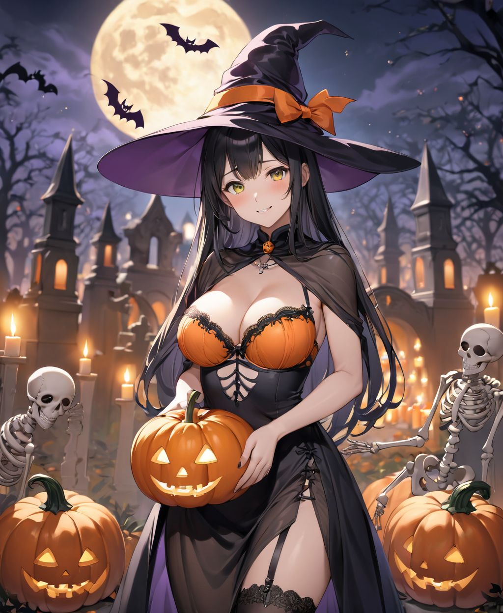 (Girl in a Halloween costume at an American cemetery: 1.3),
(Witch costume with a pumpkin bra and a skeleton dress: 1.6),
(Girl blushing with embarrassment),
twisted torso, touching hair, Reika, black hair, long hair, straight hair, large breasts, white orange lace see-through lingerie, stockings, happiness, horror, ghost, night, depth of field, autumn, Halloween, street,

BLAKE


(contra-post: 1.2), (arms at the side of the body), front view, close-up of the upper body, deep background, in a Halloween landscape, full moon, castle, gravestone, bat, (ghost), jack-o'-lantern, candle,
(dark American cemetery at night: 1.5),
BREAK
(wearing see-through clothes: 1.2), cleavage, witch's hat,


(Halloween background,
pumpkin, bat, skeleton: 1.3),

sharp focus on her,
high resolution, detailed graphics,
(vivid colors), professional quality,


ultra-high resolution, images that capture every detail, from the individual strands of hair to the intricate weave of the costume,
vivid colors come to life with professional-quality clarity and contrast,



(mole: -1.1), (skin blemishes: -1.2), (freckles: -1.3), (hands: -1.4),

(lighting from the front: 1.8),