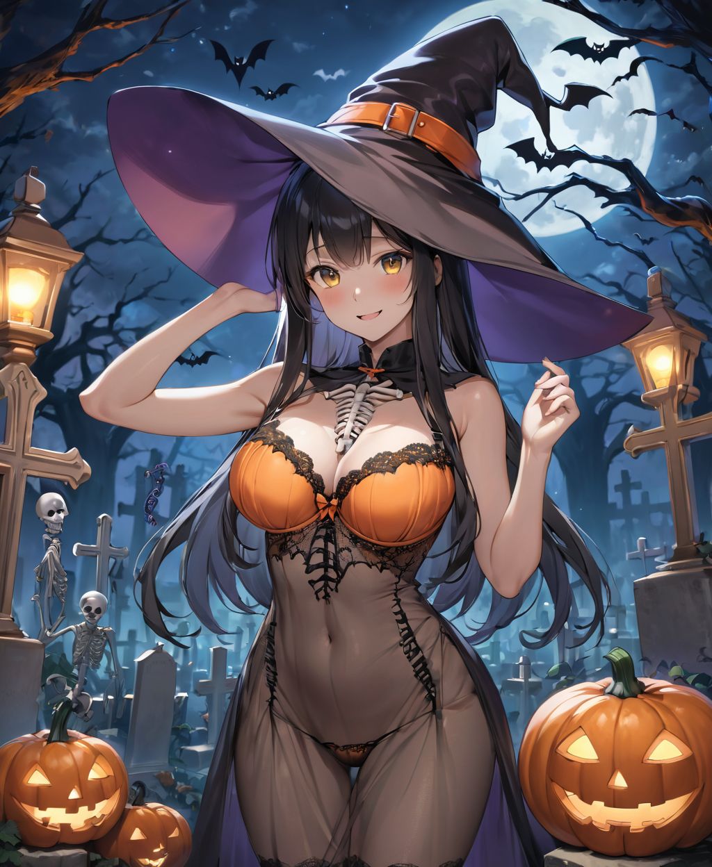 (Girl in a Halloween costume at an American cemetery: 1.3),
(Witch costume with a pumpkin bra and a skeleton dress: 1.6),
(Girl blushing with embarrassment),
twisted torso, touching hair, Reika, black hair, long hair, straight hair, large breasts, white orange lace see-through lingerie, stockings, happiness, horror, ghost, night, depth of field, autumn, Halloween, street,

BLAKE


(contra-post: 1.2), (arms at the side of the body), front view, close-up of the upper body, deep background, in a Halloween landscape, full moon, castle, gravestone, bat, (ghost), jack-o'-lantern, candle,
(dark American cemetery at night: 1.5),
BREAK
(wearing see-through clothes: 1.2), cleavage, witch's hat,


(Halloween background,
pumpkin, bat, skeleton: 1.3),

sharp focus on her,
high resolution, detailed graphics,
(vivid colors), professional quality,


ultra-high resolution, images that capture every detail, from the individual strands of hair to the intricate weave of the costume,
vivid colors come to life with professional-quality clarity and contrast,



(mole: -1.1), (skin blemishes: -1.2), (freckles: -1.3), (hands: -1.4),

(lighting from the front: 1.8),