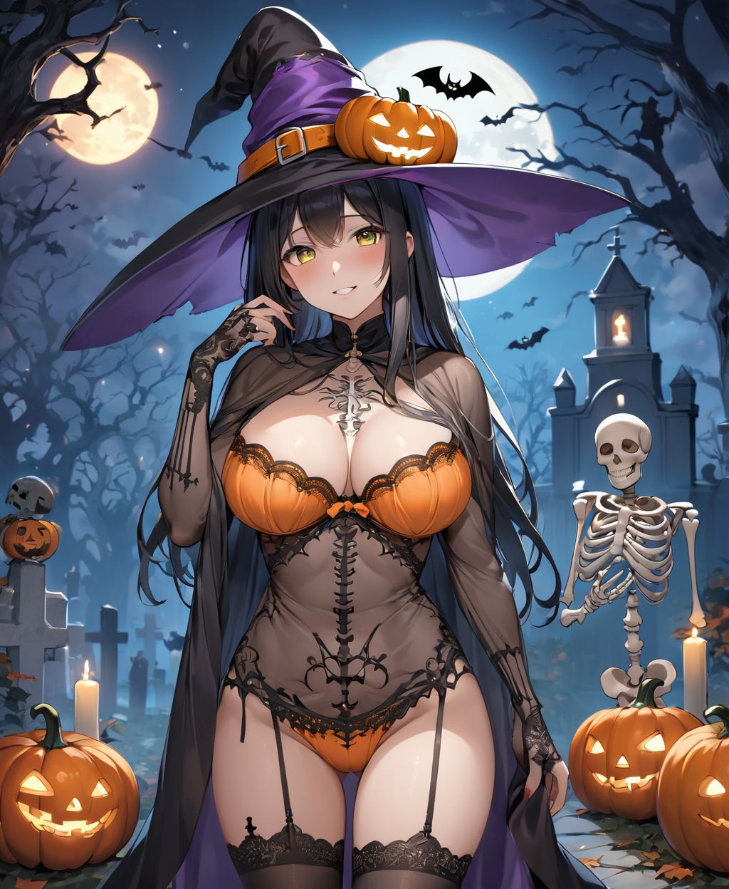 (Girl in a Halloween costume at an American cemetery: 1.3),
(Witch costume with a pumpkin bra and a skeleton dress: 1.6),
(Girl blushing with embarrassment),
twisted torso, touching hair, Reika, black hair, long hair, straight hair, large breasts, white orange lace see-through lingerie, stockings, happiness, horror, ghost, night, depth of field, autumn, Halloween, street,

BLAKE


(contra-post: 1.2), (arms at the side of the body), front view, close-up of the upper body, deep background, in a Halloween landscape, full moon, castle, gravestone, bat, (ghost), jack-o'-lantern, candle,
(dark American cemetery at night: 1.5),
BREAK
(wearing see-through clothes: 1.2), cleavage, witch's hat,


(Halloween background,
pumpkin, bat, skeleton: 1.3),

sharp focus on her,
high resolution, detailed graphics,
(vivid colors), professional quality,


ultra-high resolution, images that capture every detail, from the individual strands of hair to the intricate weave of the costume,
vivid colors come to life with professional-quality clarity and contrast,



(mole: -1.1), (skin blemishes: -1.2), (freckles: -1.3), (hands: -1.4),

(lighting from the front: 1.8),