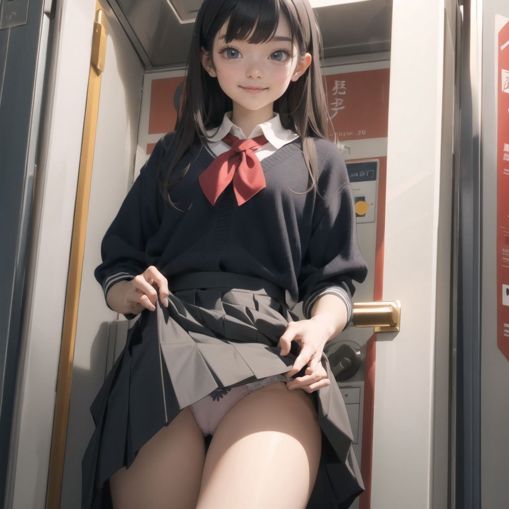 Innocent young expression, gentle smile, shyness,
school uniform
(Lift the skirt:1.5),
Panties visible.