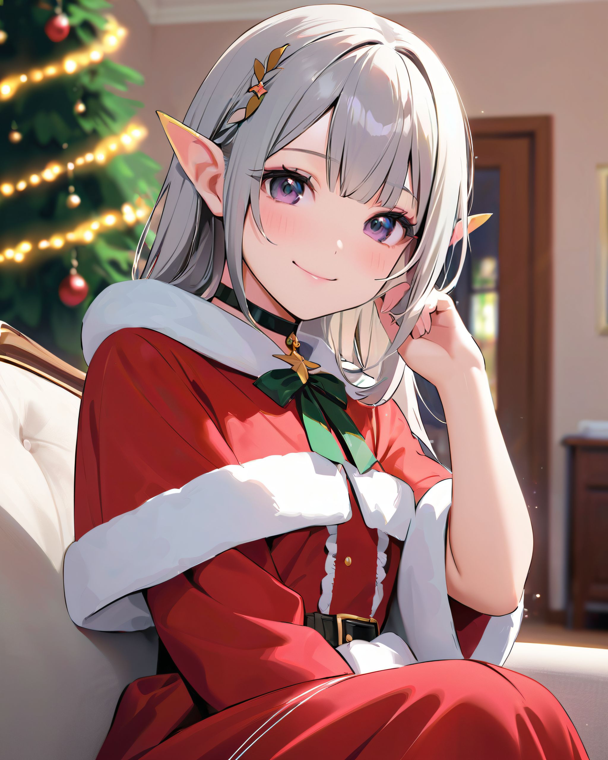 (A Fantasy world of another dimension:1.4),

(short ear elf girl close-up shot:1.3),
(brightly illuminates the front of her face:1.7),
(kawaii face:1.3),ngentle smile, shy demeanour, (Idol smile with a innocence:1.3),

( I put on my favourite Santa costume and it was photo time! The photo shoot was in the warm living room, with a glittering Christmas tree in the background. My theme was ?cute but also a little mature Santa?:1.8),

happiness room, depth of field,

(The room in the background is decorated in soft, girlish colors. The room has been enchanted, and a gentle light illuminates the many items in the room:1.4),
(The girl is wearing a confident smile:1.2),
(The whole screen is a scene where fantasy elements and her erotic-kawaii charm fuse together:1.7),


BLAKE


A charming 16-year-old elf girl with long, pointed ears, displaying an innocent and youthful expression,

She has a gentle smile and soft blushing cheeks, with a shy personality and attitude,

Her face is incredibly kawaii like an idol, with her mouth lightly closed, smiling with the corners of her mouth turned up, and full pouty lips,

(Her dark deep green eyes complement her stylish short silver hair with a delicate flow, adorned with a silver hairpiece:1.1),

She wears a green blouse with a frilled neckline, a corset top with golden cross-stitching, an emerald green cape shoulder-clasped with a golden brooch,

Her outfit includes leaf-shaped shoulder pauldrons, wrist cuffs with green cloth, and a multi-layered skirt with golden trim on the hem,

She accessorizes with a leather utility belt with a pouch, thigh-high boots, contrasting colors, and golden accessories including a necklace, bracelets, and an intricate golden armband,

Additional features include a green sleeveless blouse, a white top, a brown leather corset with gold trim, an emerald pendant necklace, a dark cape with a gold clasp, and bracers on her forearms,

Her outfit is further detailed with a puff-sleeve blouse, a deep moss green skirt with pleats, sheer white stockings, gold ankle bracelets, a golden wrist cuff, a black choker with a golden pendant, and hair ties with black ribbons,

Her cheeks have a warm blush, and she has small golden buttons down the front of the bodice,

She carries a small dagger sheathed at her waist, wears black fingerless gloves, intricate lace detailing adorns her blouse, floral accents are present on her skirt, golden chains drape across the bodice, and she has a golden ring on her finger,

Soft, ambient lighting accentuates the outfit?s details, creating a harmonious blend of traditional fantasy with modern stylistic choices, embodying a timeless yet contemporary elf,

She can be depicted in various poses and settings, making eye contact or looking away, embodying childlike wonder or graceful elegance,

The low angle accentuates her kawaii nature, highlighting the delicate textures of her hair and clothing, with natural light casting soft shadows and accentuating the youthful contours of her face,

She is brought into sharp focus with a shallow depth of field from a 50mm f/1.2 lens, providing beautiful depth-of-field blur with her face in focus,

High-resolution, detailed graphics capture every detail, from individual strands of hair to the intricate fabrics of her costume, with professional-grade clarity and contrast bringing vibrant colors to life,