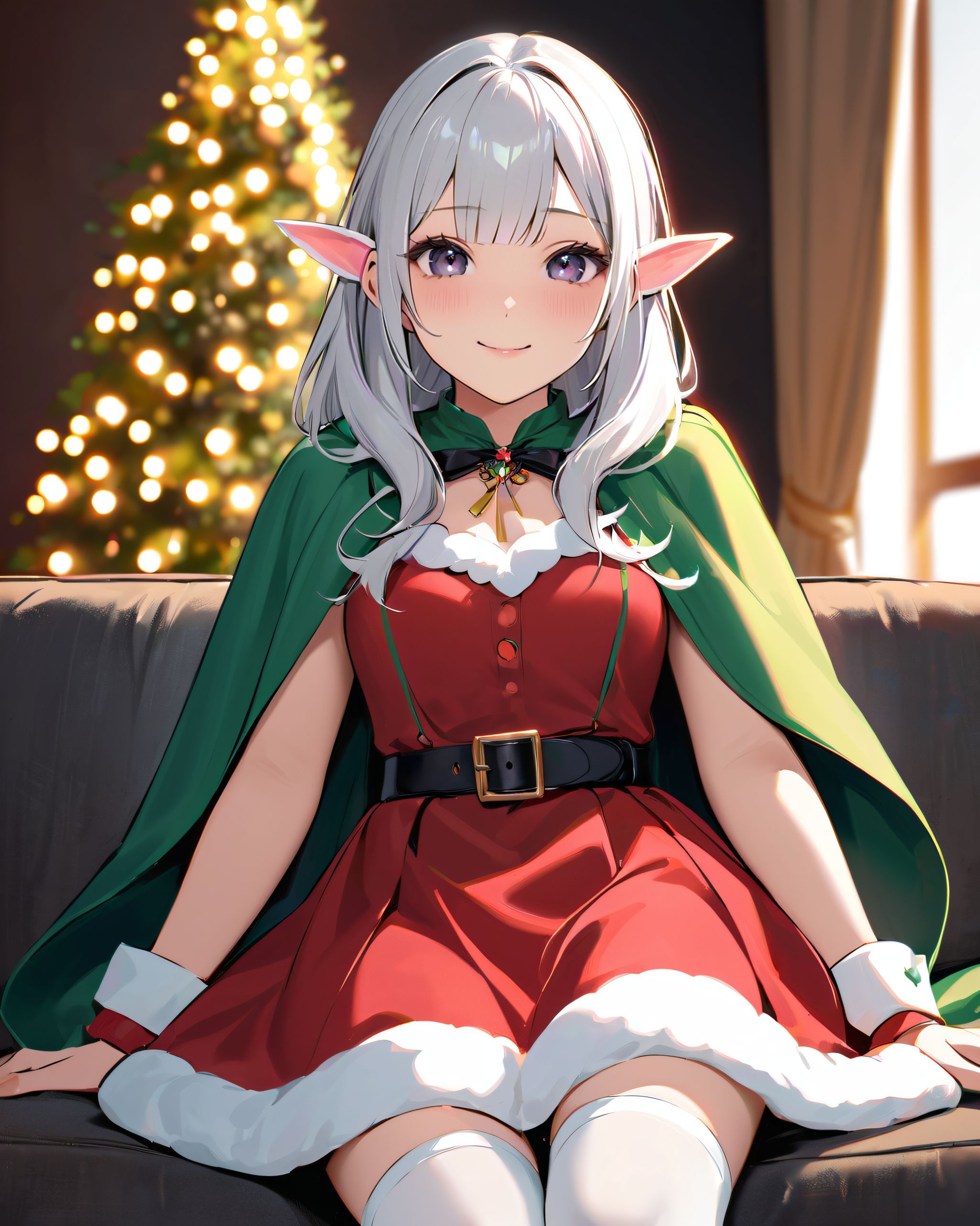 (A Fantasy world of another dimension:1.4),

(short ear elf girl close-up shot:1.3),
(brightly illuminates the front of her face:1.7),
(kawaii face:1.3),ngentle smile, shy demeanour, (Idol smile with a innocence:1.3),

( I put on my favourite Santa costume and it was photo time! The photo shoot was in the warm living room, with a glittering Christmas tree in the background. My theme was ?cute but also a little mature Santa?:1.8),

happiness room, depth of field,

(The room in the background is decorated in soft, girlish colors. The room has been enchanted, and a gentle light illuminates the many items in the room:1.4),
(The girl is wearing a confident smile:1.2),
(The whole screen is a scene where fantasy elements and her erotic-kawaii charm fuse together:1.7),


BLAKE


A charming 16-year-old elf girl with long, pointed ears, displaying an innocent and youthful expression,

She has a gentle smile and soft blushing cheeks, with a shy personality and attitude,

Her face is incredibly kawaii like an idol, with her mouth lightly closed, smiling with the corners of her mouth turned up, and full pouty lips,

(Her dark deep green eyes complement her stylish short silver hair with a delicate flow, adorned with a silver hairpiece:1.1),

She wears a green blouse with a frilled neckline, a corset top with golden cross-stitching, an emerald green cape shoulder-clasped with a golden brooch,

Her outfit includes leaf-shaped shoulder pauldrons, wrist cuffs with green cloth, and a multi-layered skirt with golden trim on the hem,

She accessorizes with a leather utility belt with a pouch, thigh-high boots, contrasting colors, and golden accessories including a necklace, bracelets, and an intricate golden armband,

Additional features include a green sleeveless blouse, a white top, a brown leather corset with gold trim, an emerald pendant necklace, a dark cape with a gold clasp, and bracers on her forearms,

Her outfit is further detailed with a puff-sleeve blouse, a deep moss green skirt with pleats, sheer white stockings, gold ankle bracelets, a golden wrist cuff, a black choker with a golden pendant, and hair ties with black ribbons,

Her cheeks have a warm blush, and she has small golden buttons down the front of the bodice,

She carries a small dagger sheathed at her waist, wears black fingerless gloves, intricate lace detailing adorns her blouse, floral accents are present on her skirt, golden chains drape across the bodice, and she has a golden ring on her finger,

Soft, ambient lighting accentuates the outfit?s details, creating a harmonious blend of traditional fantasy with modern stylistic choices, embodying a timeless yet contemporary elf,

She can be depicted in various poses and settings, making eye contact or looking away, embodying childlike wonder or graceful elegance,

The low angle accentuates her kawaii nature, highlighting the delicate textures of her hair and clothing, with natural light casting soft shadows and accentuating the youthful contours of her face,

She is brought into sharp focus with a shallow depth of field from a 50mm f/1.2 lens, providing beautiful depth-of-field blur with her face in focus,

High-resolution, detailed graphics capture every detail, from individual strands of hair to the intricate fabrics of her costume, with professional-grade clarity and contrast bringing vibrant colors to life,