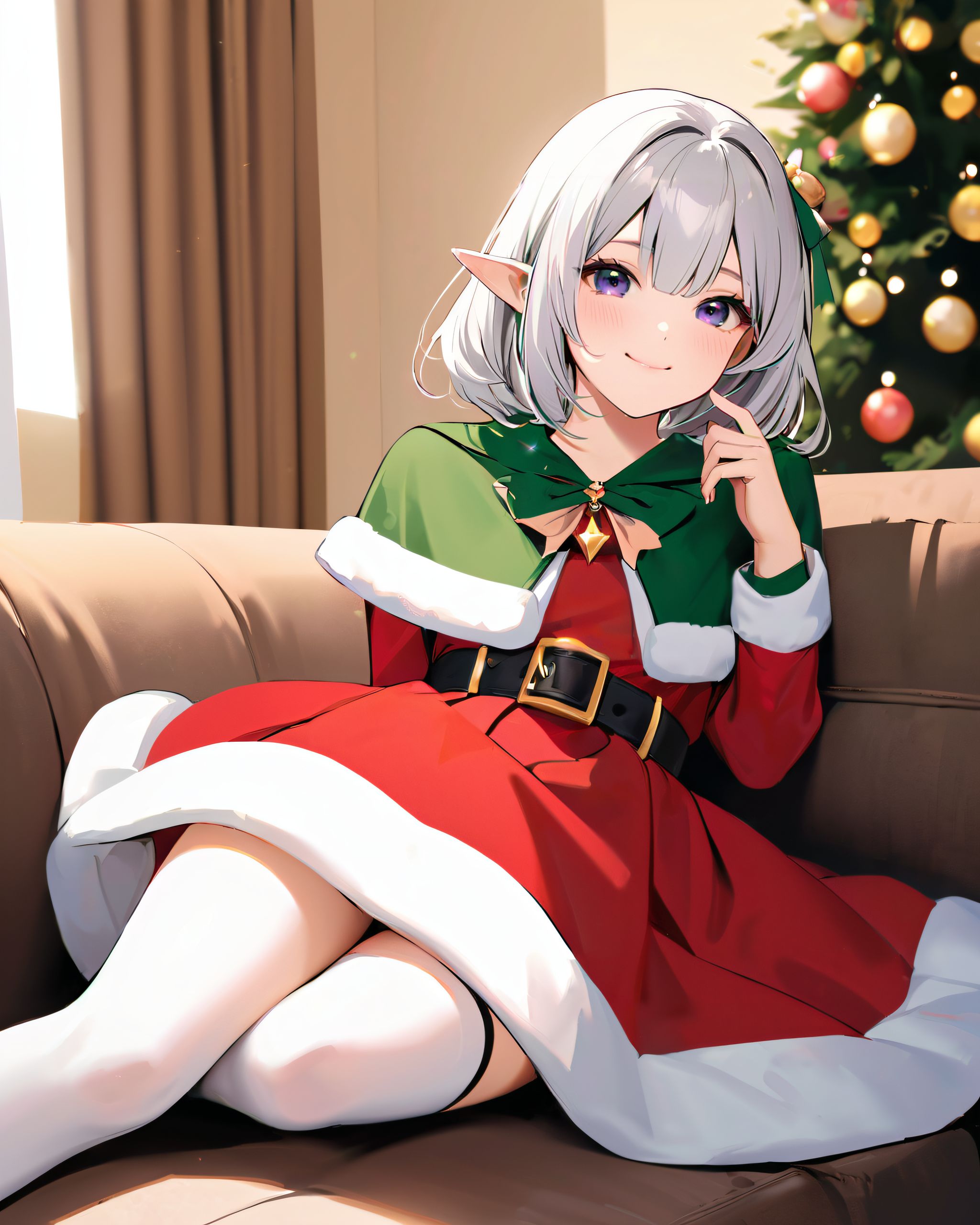 (A Fantasy world of another dimension:1.4),

(short ear elf girl close-up shot:1.3),
(brightly illuminates the front of her face:1.7),
(kawaii face:1.3),ngentle smile, shy demeanour, (Idol smile with a innocence:1.3),

( I put on my favourite Santa costume and it was photo time! The photo shoot was in the warm living room, with a glittering Christmas tree in the background. My theme was ?cute but also a little mature Santa?:1.8),

happiness room, depth of field,

(The room in the background is decorated in soft, girlish colors. The room has been enchanted, and a gentle light illuminates the many items in the room:1.4),
(The girl is wearing a confident smile:1.2),
(The whole screen is a scene where fantasy elements and her erotic-kawaii charm fuse together:1.7),


BLAKE


A charming 16-year-old elf girl with long, pointed ears, displaying an innocent and youthful expression,

She has a gentle smile and soft blushing cheeks, with a shy personality and attitude,

Her face is incredibly kawaii like an idol, with her mouth lightly closed, smiling with the corners of her mouth turned up, and full pouty lips,

(Her dark deep green eyes complement her stylish short silver hair with a delicate flow, adorned with a silver hairpiece:1.1),

She wears a green blouse with a frilled neckline, a corset top with golden cross-stitching, an emerald green cape shoulder-clasped with a golden brooch,

Her outfit includes leaf-shaped shoulder pauldrons, wrist cuffs with green cloth, and a multi-layered skirt with golden trim on the hem,

She accessorizes with a leather utility belt with a pouch, thigh-high boots, contrasting colors, and golden accessories including a necklace, bracelets, and an intricate golden armband,

Additional features include a green sleeveless blouse, a white top, a brown leather corset with gold trim, an emerald pendant necklace, a dark cape with a gold clasp, and bracers on her forearms,

Her outfit is further detailed with a puff-sleeve blouse, a deep moss green skirt with pleats, sheer white stockings, gold ankle bracelets, a golden wrist cuff, a black choker with a golden pendant, and hair ties with black ribbons,

Her cheeks have a warm blush, and she has small golden buttons down the front of the bodice,

She carries a small dagger sheathed at her waist, wears black fingerless gloves, intricate lace detailing adorns her blouse, floral accents are present on her skirt, golden chains drape across the bodice, and she has a golden ring on her finger,

Soft, ambient lighting accentuates the outfit?s details, creating a harmonious blend of traditional fantasy with modern stylistic choices, embodying a timeless yet contemporary elf,

She can be depicted in various poses and settings, making eye contact or looking away, embodying childlike wonder or graceful elegance,

The low angle accentuates her kawaii nature, highlighting the delicate textures of her hair and clothing, with natural light casting soft shadows and accentuating the youthful contours of her face,

She is brought into sharp focus with a shallow depth of field from a 50mm f/1.2 lens, providing beautiful depth-of-field blur with her face in focus,

High-resolution, detailed graphics capture every detail, from individual strands of hair to the intricate fabrics of her costume, with professional-grade clarity and contrast bringing vibrant colors to life,