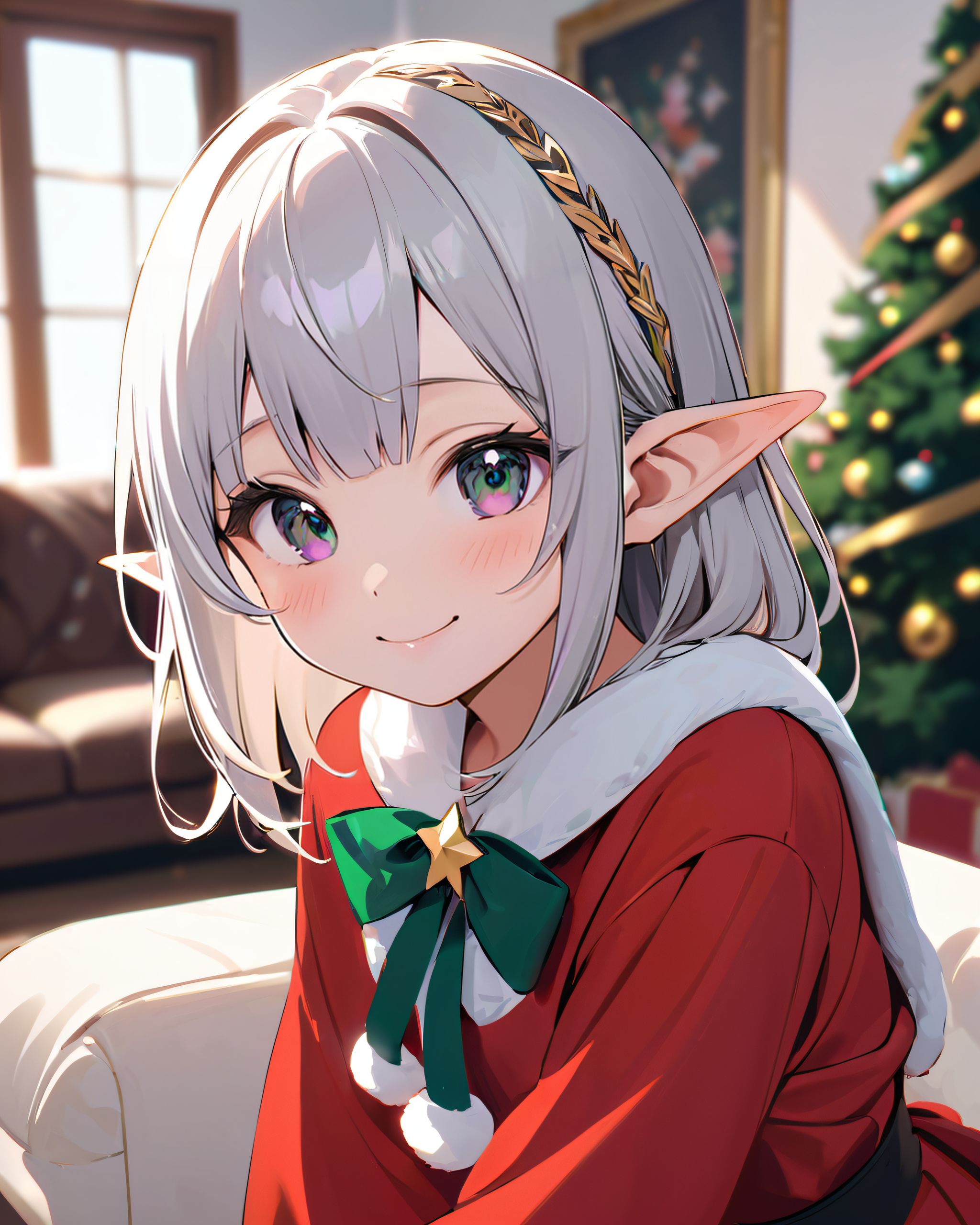 (A Fantasy world of another dimension:1.4),

(short ear elf girl close-up shot:1.3),
(brightly illuminates the front of her face:1.7),
(kawaii face:1.3),ngentle smile, shy demeanour, (Idol smile with a innocence:1.3),

( I put on my favourite Santa costume and it was photo time! The photo shoot was in the warm living room, with a glittering Christmas tree in the background. My theme was ?cute but also a little mature Santa?:1.8),

happiness room, depth of field,

(The room in the background is decorated in soft, girlish colors. The room has been enchanted, and a gentle light illuminates the many items in the room:1.4),
(The girl is wearing a confident smile:1.2),
(The whole screen is a scene where fantasy elements and her erotic-kawaii charm fuse together:1.7),


BLAKE


A charming 16-year-old elf girl with long, pointed ears, displaying an innocent and youthful expression,

She has a gentle smile and soft blushing cheeks, with a shy personality and attitude,

Her face is incredibly kawaii like an idol, with her mouth lightly closed, smiling with the corners of her mouth turned up, and full pouty lips,

(Her dark deep green eyes complement her stylish short silver hair with a delicate flow, adorned with a silver hairpiece:1.1),

She wears a green blouse with a frilled neckline, a corset top with golden cross-stitching, an emerald green cape shoulder-clasped with a golden brooch,

Her outfit includes leaf-shaped shoulder pauldrons, wrist cuffs with green cloth, and a multi-layered skirt with golden trim on the hem,

She accessorizes with a leather utility belt with a pouch, thigh-high boots, contrasting colors, and golden accessories including a necklace, bracelets, and an intricate golden armband,

Additional features include a green sleeveless blouse, a white top, a brown leather corset with gold trim, an emerald pendant necklace, a dark cape with a gold clasp, and bracers on her forearms,

Her outfit is further detailed with a puff-sleeve blouse, a deep moss green skirt with pleats, sheer white stockings, gold ankle bracelets, a golden wrist cuff, a black choker with a golden pendant, and hair ties with black ribbons,

Her cheeks have a warm blush, and she has small golden buttons down the front of the bodice,

She carries a small dagger sheathed at her waist, wears black fingerless gloves, intricate lace detailing adorns her blouse, floral accents are present on her skirt, golden chains drape across the bodice, and she has a golden ring on her finger,

Soft, ambient lighting accentuates the outfit?s details, creating a harmonious blend of traditional fantasy with modern stylistic choices, embodying a timeless yet contemporary elf,

She can be depicted in various poses and settings, making eye contact or looking away, embodying childlike wonder or graceful elegance,

The low angle accentuates her kawaii nature, highlighting the delicate textures of her hair and clothing, with natural light casting soft shadows and accentuating the youthful contours of her face,

She is brought into sharp focus with a shallow depth of field from a 50mm f/1.2 lens, providing beautiful depth-of-field blur with her face in focus,

High-resolution, detailed graphics capture every detail, from individual strands of hair to the intricate fabrics of her costume, with professional-grade clarity and contrast bringing vibrant colors to life,