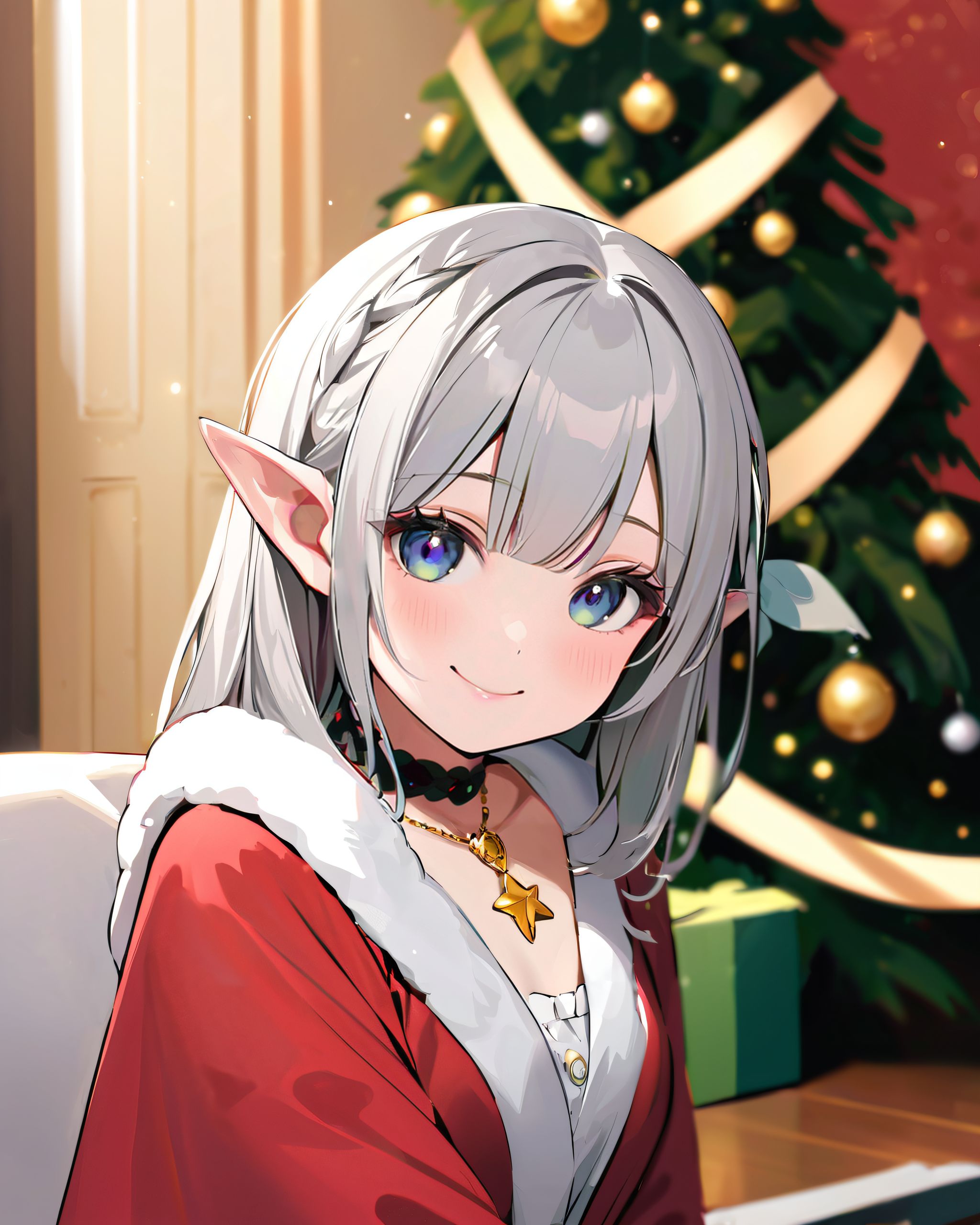 (A Fantasy world of another dimension:1.4),

(a girl close-up shot:1.3),
(brightly illuminates the front of her face:1.7),
(kawaii face:1.3),ngentle smile, shy demeanour, (Idol smile with a innocence:1.3),

( I put on my favourite Santa costume and it was photo time! The photo shoot was in the warm living room, with a glittering Christmas tree in the background. My theme was ?cute but also a little mature Santa?:1.8),

happiness room, depth of field,

(The room in the background is decorated in soft, girlish colors. The room has been enchanted, and a gentle light illuminates the many items in the room:1.4),
(The girl is wearing a confident smile:1.2),
(The whole screen is a scene where fantasy elements and her erotic-kawaii charm fuse together:1.7),


BLAKE


A charming 16-year-old elf girl with long, pointed ears, displaying an innocent and youthful expression,

She has a gentle smile and soft blushing cheeks, with a shy personality and attitude,

Her face is incredibly kawaii like an idol, with her mouth lightly closed, smiling with the corners of her mouth turned up, and full pouty lips,

(Her dark deep green eyes complement her stylish short silver hair with a delicate flow, adorned with a silver hairpiece:1.1),

She wears a green blouse with a frilled neckline, a corset top with golden cross-stitching, an emerald green cape shoulder-clasped with a golden brooch,

Her outfit includes leaf-shaped shoulder pauldrons, wrist cuffs with green cloth, and a multi-layered skirt with golden trim on the hem,

She accessorizes with a leather utility belt with a pouch, thigh-high boots, contrasting colors, and golden accessories including a necklace, bracelets, and an intricate golden armband,

Additional features include a green sleeveless blouse, a white top, a brown leather corset with gold trim, an emerald pendant necklace, a dark cape with a gold clasp, and bracers on her forearms,

Her outfit is further detailed with a puff-sleeve blouse, a deep moss green skirt with pleats, sheer white stockings, gold ankle bracelets, a golden wrist cuff, a black choker with a golden pendant, and hair ties with black ribbons,

Her cheeks have a warm blush, and she has small golden buttons down the front of the bodice,

She carries a small dagger sheathed at her waist, wears black fingerless gloves, intricate lace detailing adorns her blouse, floral accents are present on her skirt, golden chains drape across the bodice, and she has a golden ring on her finger,

Soft, ambient lighting accentuates the outfit?s details, creating a harmonious blend of traditional fantasy with modern stylistic choices, embodying a timeless yet contemporary elf,

She can be depicted in various poses and settings, making eye contact or looking away, embodying childlike wonder or graceful elegance,

The low angle accentuates her kawaii nature, highlighting the delicate textures of her hair and clothing, with natural light casting soft shadows and accentuating the youthful contours of her face,

She is brought into sharp focus with a shallow depth of field from a 50mm f/1.2 lens, providing beautiful depth-of-field blur with her face in focus,

High-resolution, detailed graphics capture every detail, from individual strands of hair to the intricate fabrics of her costume, with professional-grade clarity and contrast bringing vibrant colors to life,