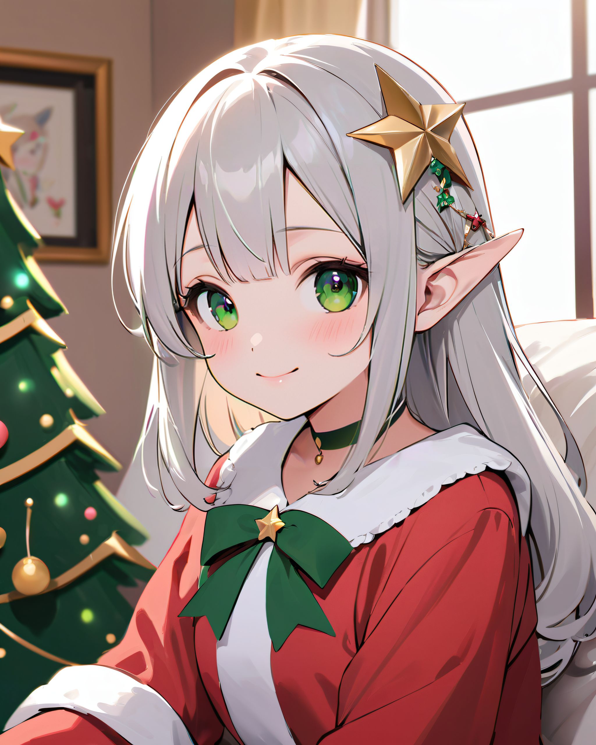 (A Fantasy world of another dimension:1.4),

(a girl close-up shot:1.3),
(brightly illuminates the front of her face:1.7),
(kawaii face:1.3),ngentle smile, shy demeanour, (Idol smile with a innocence:1.3),

( I put on my favourite Santa costume and it was photo time! The photo shoot was in the warm living room, with a glittering Christmas tree in the background. My theme was ?cute but also a little mature Santa?:1.8),

happiness room, depth of field,

(The room in the background is decorated in soft, girlish colors. The room has been enchanted, and a gentle light illuminates the many items in the room:1.4),
(The girl is wearing a confident smile:1.2),
(The whole screen is a scene where fantasy elements and her erotic-kawaii charm fuse together:1.7),


BLAKE


A charming 16-year-old elf girl with long, pointed ears, displaying an innocent and youthful expression,

She has a gentle smile and soft blushing cheeks, with a shy personality and attitude,

Her face is incredibly kawaii like an idol, with her mouth lightly closed, smiling with the corners of her mouth turned up, and full pouty lips,

(Her dark deep green eyes complement her stylish short silver hair with a delicate flow, adorned with a silver hairpiece:1.1),

She wears a green blouse with a frilled neckline, a corset top with golden cross-stitching, an emerald green cape shoulder-clasped with a golden brooch,

Her outfit includes leaf-shaped shoulder pauldrons, wrist cuffs with green cloth, and a multi-layered skirt with golden trim on the hem,

She accessorizes with a leather utility belt with a pouch, thigh-high boots, contrasting colors, and golden accessories including a necklace, bracelets, and an intricate golden armband,

Additional features include a green sleeveless blouse, a white top, a brown leather corset with gold trim, an emerald pendant necklace, a dark cape with a gold clasp, and bracers on her forearms,

Her outfit is further detailed with a puff-sleeve blouse, a deep moss green skirt with pleats, sheer white stockings, gold ankle bracelets, a golden wrist cuff, a black choker with a golden pendant, and hair ties with black ribbons,

Her cheeks have a warm blush, and she has small golden buttons down the front of the bodice,

She carries a small dagger sheathed at her waist, wears black fingerless gloves, intricate lace detailing adorns her blouse, floral accents are present on her skirt, golden chains drape across the bodice, and she has a golden ring on her finger,

Soft, ambient lighting accentuates the outfit?s details, creating a harmonious blend of traditional fantasy with modern stylistic choices, embodying a timeless yet contemporary elf,

She can be depicted in various poses and settings, making eye contact or looking away, embodying childlike wonder or graceful elegance,

The low angle accentuates her kawaii nature, highlighting the delicate textures of her hair and clothing, with natural light casting soft shadows and accentuating the youthful contours of her face,

She is brought into sharp focus with a shallow depth of field from a 50mm f/1.2 lens, providing beautiful depth-of-field blur with her face in focus,

High-resolution, detailed graphics capture every detail, from individual strands of hair to the intricate fabrics of her costume, with professional-grade clarity and contrast bringing vibrant colors to life,