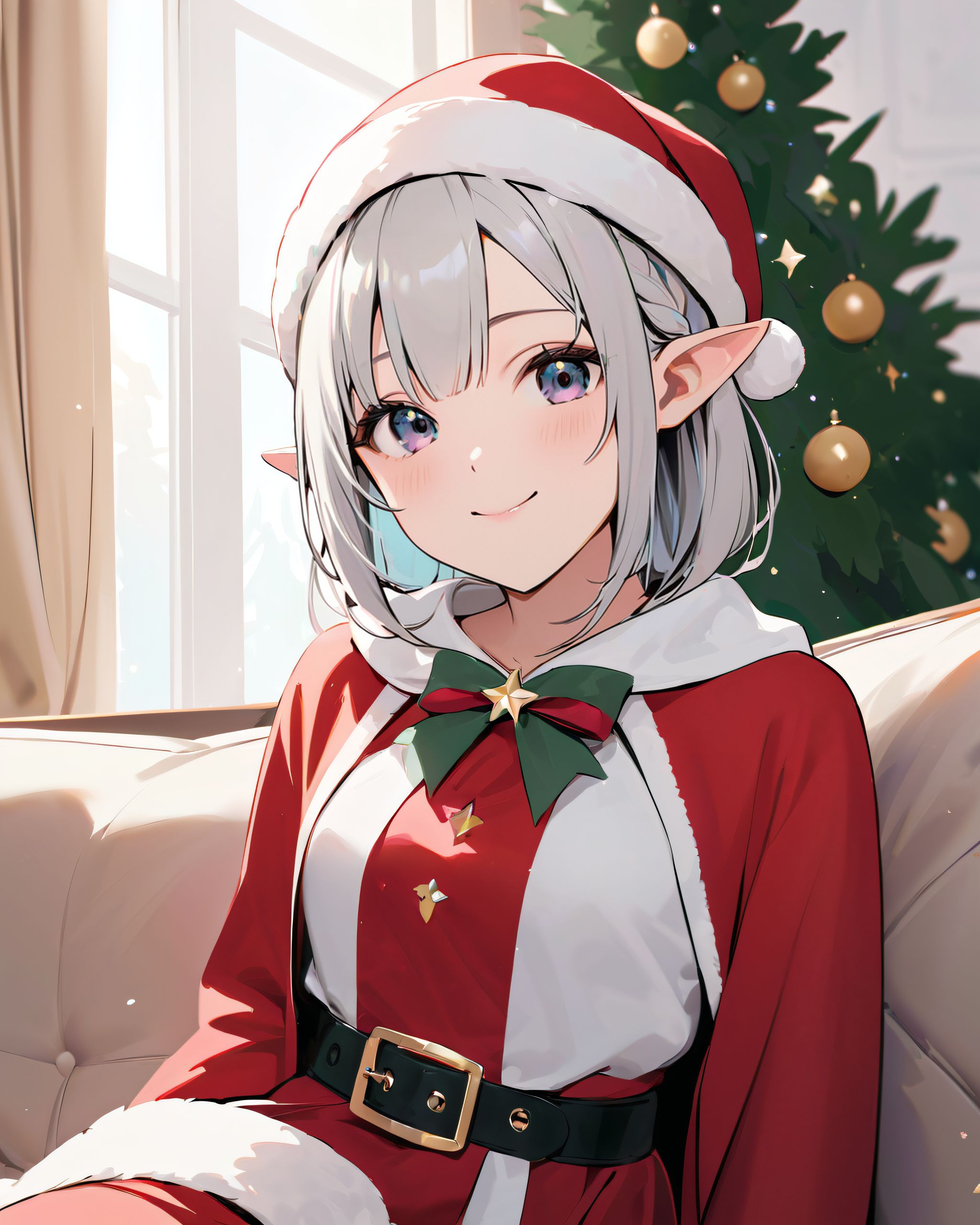 (A Fantasy world of another dimension:1.4),

(a girl close-up shot:1.3),
(brightly illuminates the front of her face:1.7),
(kawaii face:1.3),ngentle smile, shy demeanour, (Idol smile with a innocence:1.3),

( I put on my favourite Santa costume and it was photo time! The photo shoot was in the warm living room, with a glittering Christmas tree in the background. My theme was ?cute but also a little mature Santa?:1.8),

happiness room, depth of field,

(The room in the background is decorated in soft, girlish colors. The room has been enchanted, and a gentle light illuminates the many items in the room:1.4),
(The girl is wearing a confident smile:1.2),
(The whole screen is a scene where fantasy elements and her erotic-kawaii charm fuse together:1.7),


BLAKE


A charming 16-year-old elf girl with long, pointed ears, displaying an innocent and youthful expression,

She has a gentle smile and soft blushing cheeks, with a shy personality and attitude,

Her face is incredibly kawaii like an idol, with her mouth lightly closed, smiling with the corners of her mouth turned up, and full pouty lips,

(Her dark deep green eyes complement her stylish short silver hair with a delicate flow, adorned with a silver hairpiece:1.1),

She wears a green blouse with a frilled neckline, a corset top with golden cross-stitching, an emerald green cape shoulder-clasped with a golden brooch,

Her outfit includes leaf-shaped shoulder pauldrons, wrist cuffs with green cloth, and a multi-layered skirt with golden trim on the hem,

She accessorizes with a leather utility belt with a pouch, thigh-high boots, contrasting colors, and golden accessories including a necklace, bracelets, and an intricate golden armband,

Additional features include a green sleeveless blouse, a white top, a brown leather corset with gold trim, an emerald pendant necklace, a dark cape with a gold clasp, and bracers on her forearms,

Her outfit is further detailed with a puff-sleeve blouse, a deep moss green skirt with pleats, sheer white stockings, gold ankle bracelets, a golden wrist cuff, a black choker with a golden pendant, and hair ties with black ribbons,

Her cheeks have a warm blush, and she has small golden buttons down the front of the bodice,

She carries a small dagger sheathed at her waist, wears black fingerless gloves, intricate lace detailing adorns her blouse, floral accents are present on her skirt, golden chains drape across the bodice, and she has a golden ring on her finger,

Soft, ambient lighting accentuates the outfit?s details, creating a harmonious blend of traditional fantasy with modern stylistic choices, embodying a timeless yet contemporary elf,

She can be depicted in various poses and settings, making eye contact or looking away, embodying childlike wonder or graceful elegance,

The low angle accentuates her kawaii nature, highlighting the delicate textures of her hair and clothing, with natural light casting soft shadows and accentuating the youthful contours of her face,

She is brought into sharp focus with a shallow depth of field from a 50mm f/1.2 lens, providing beautiful depth-of-field blur with her face in focus,

High-resolution, detailed graphics capture every detail, from individual strands of hair to the intricate fabrics of her costume, with professional-grade clarity and contrast bringing vibrant colors to life,