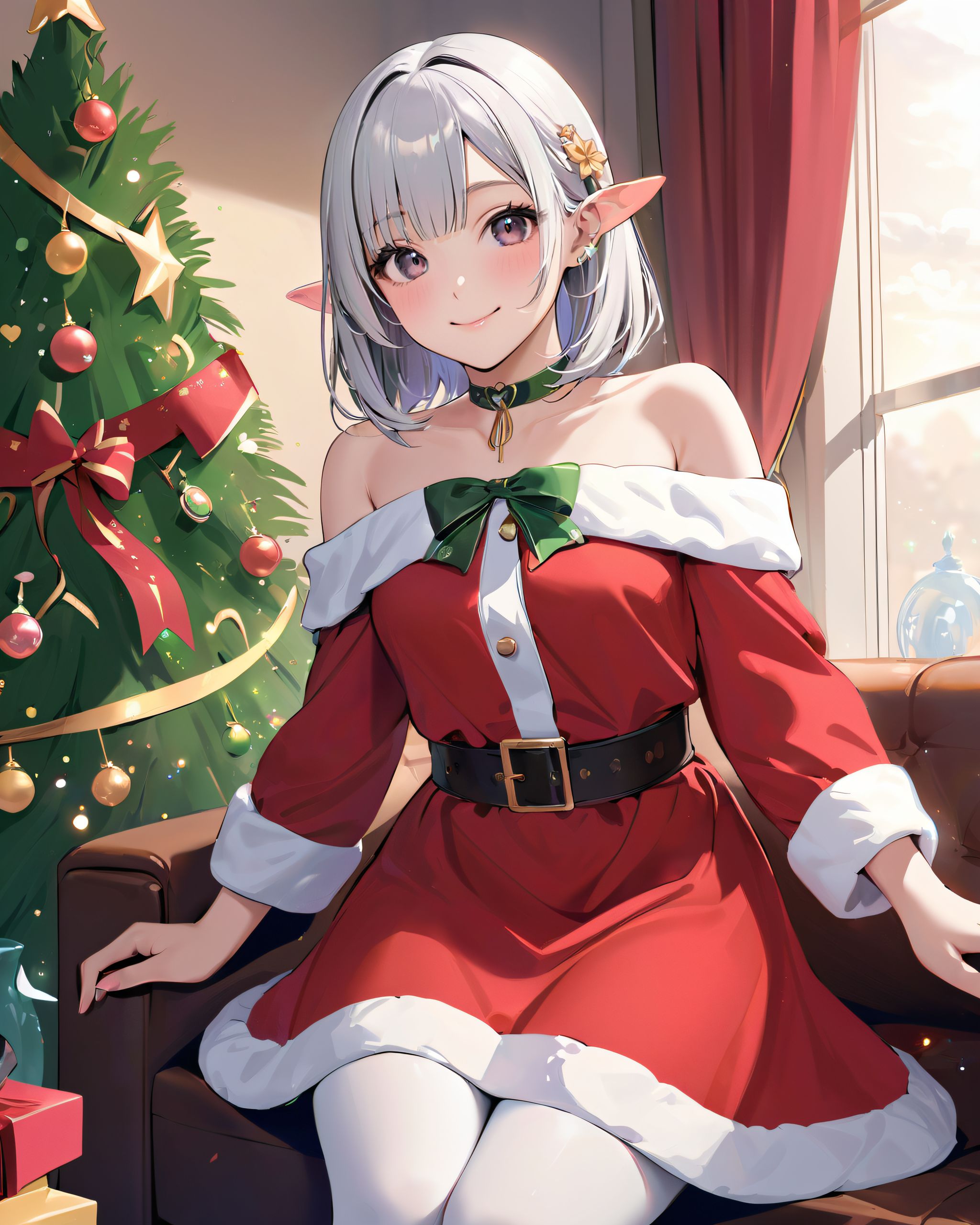 (A Fantasy world of another dimension:1.4),

(a girl close-up shot:1.3),
(brightly illuminates the front of her face:1.7),
(kawaii face:1.3),ngentle smile, shy demeanour, (Idol smile with a innocence:1.3),

( I put on my favourite Santa costume and it was photo time! The photo shoot was in the warm living room, with a glittering Christmas tree in the background. My theme was ?cute but also a little mature Santa?:1.8),

happiness room, depth of field,

(The room in the background is decorated in soft, girlish colors. The room has been enchanted, and a gentle light illuminates the many items in the room:1.4),
(The girl is wearing a confident smile:1.2),
(The whole screen is a scene where fantasy elements and her erotic-kawaii charm fuse together:1.7),


BLAKE


A charming 16-year-old elf girl with long, pointed ears, displaying an innocent and youthful expression,

She has a gentle smile and soft blushing cheeks, with a shy personality and attitude,

Her face is incredibly kawaii like an idol, with her mouth lightly closed, smiling with the corners of her mouth turned up, and full pouty lips,

(Her dark deep green eyes complement her stylish short silver hair with a delicate flow, adorned with a silver hairpiece:1.1),

She wears a green blouse with a frilled neckline, a corset top with golden cross-stitching, an emerald green cape shoulder-clasped with a golden brooch,

Her outfit includes leaf-shaped shoulder pauldrons, wrist cuffs with green cloth, and a multi-layered skirt with golden trim on the hem,

She accessorizes with a leather utility belt with a pouch, thigh-high boots, contrasting colors, and golden accessories including a necklace, bracelets, and an intricate golden armband,

Additional features include a green sleeveless blouse, a white top, a brown leather corset with gold trim, an emerald pendant necklace, a dark cape with a gold clasp, and bracers on her forearms,

Her outfit is further detailed with a puff-sleeve blouse, a deep moss green skirt with pleats, sheer white stockings, gold ankle bracelets, a golden wrist cuff, a black choker with a golden pendant, and hair ties with black ribbons,

Her cheeks have a warm blush, and she has small golden buttons down the front of the bodice,

She carries a small dagger sheathed at her waist, wears black fingerless gloves, intricate lace detailing adorns her blouse, floral accents are present on her skirt, golden chains drape across the bodice, and she has a golden ring on her finger,

Soft, ambient lighting accentuates the outfit?s details, creating a harmonious blend of traditional fantasy with modern stylistic choices, embodying a timeless yet contemporary elf,

She can be depicted in various poses and settings, making eye contact or looking away, embodying childlike wonder or graceful elegance,

The low angle accentuates her kawaii nature, highlighting the delicate textures of her hair and clothing, with natural light casting soft shadows and accentuating the youthful contours of her face,

She is brought into sharp focus with a shallow depth of field from a 50mm f/1.2 lens, providing beautiful depth-of-field blur with her face in focus,

High-resolution, detailed graphics capture every detail, from individual strands of hair to the intricate fabrics of her costume, with professional-grade clarity and contrast bringing vibrant colors to life,