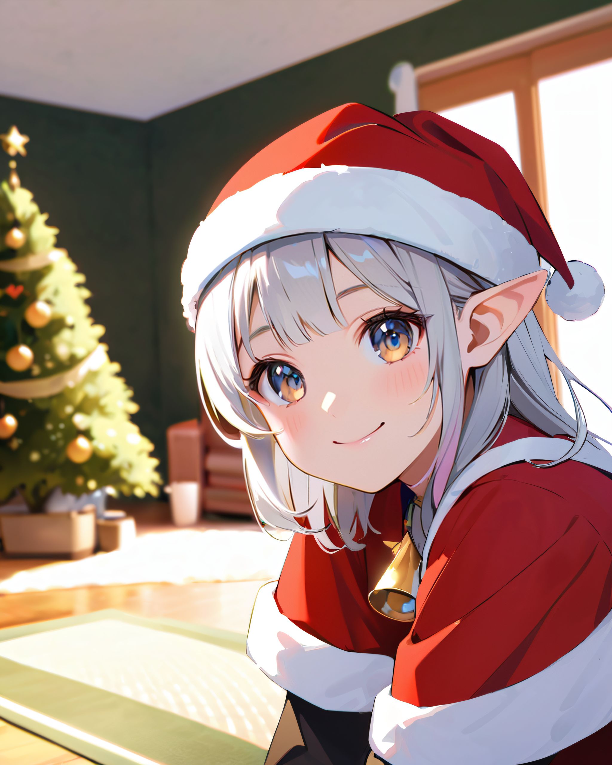 (A Fantasy world of another dimension:1.4),

(a girl close-up shot:1.3),
(brightly illuminates the front of her face:1.7),
(kawaii face:1.3),ngentle smile, shy demeanour, (Idol smile with a innocence:1.3),

( I put on my favourite Santa costume and it was photo time! The photo shoot was in the warm living room, with a glittering Christmas tree in the background. My theme was ?cute but also a little mature Santa?:1.8),

happiness room, depth of field,

(The room in the background is decorated in soft, girlish colors. The room has been enchanted, and a gentle light illuminates the many items in the room:1.4),
(The girl is wearing a confident smile:1.2),
(The whole screen is a scene where fantasy elements and her erotic-kawaii charm fuse together:1.7),


BLAKE


A charming 16-year-old girl with long, pointed ears, displaying an innocent and youthful expression,

She has a gentle smile and soft blushing cheeks, with a shy personality and attitude,

Her face is incredibly kawaii like an idol, with her mouth lightly closed, smiling with the corners of her mouth turned up, and full pouty lips,

(Her dark deep green eyes complement her stylish short silver hair with a delicate flow, adorned with a silver hairpiece:1.1),

She wears a green blouse with a frilled neckline, a corset top with golden cross-stitching, an emerald green cape shoulder-clasped with a golden brooch,

Her outfit includes leaf-shaped shoulder pauldrons, wrist cuffs with green cloth, and a multi-layered skirt with golden trim on the hem,

She accessorizes with a leather utility belt with a pouch, thigh-high boots, contrasting colors, and golden accessories including a necklace, bracelets, and an intricate golden armband,

Additional features include a green sleeveless blouse, a white top, a brown leather corset with gold trim, an emerald pendant necklace, a dark cape with a gold clasp, and bracers on her forearms,

Her outfit is further detailed with a puff-sleeve blouse, a deep moss green skirt with pleats, sheer white stockings, gold ankle bracelets, a golden wrist cuff, a black choker with a golden pendant, and hair ties with black ribbons,

Her cheeks have a warm blush, and she has small golden buttons down the front of the bodice,

She carries a small dagger sheathed at her waist, wears black fingerless gloves, intricate lace detailing adorns her blouse, floral accents are present on her skirt, golden chains drape across the bodice, and she has a golden ring on her finger,

Soft, ambient lighting accentuates the outfit?s details, creating a harmonious blend of traditional fantasy with modern stylistic choices, embodying a timeless yet contemporary elf,

She can be depicted in various poses and settings, making eye contact or looking away, embodying childlike wonder or graceful elegance,

The low angle accentuates her kawaii nature, highlighting the delicate textures of her hair and clothing, with natural light casting soft shadows and accentuating the youthful contours of her face,

She is brought into sharp focus with a shallow depth of field from a 50mm f/1.2 lens, providing beautiful depth-of-field blur with her face in focus,

High-resolution, detailed graphics capture every detail, from individual strands of hair to the intricate fabrics of her costume, with professional-grade clarity and contrast bringing vibrant colors to life,