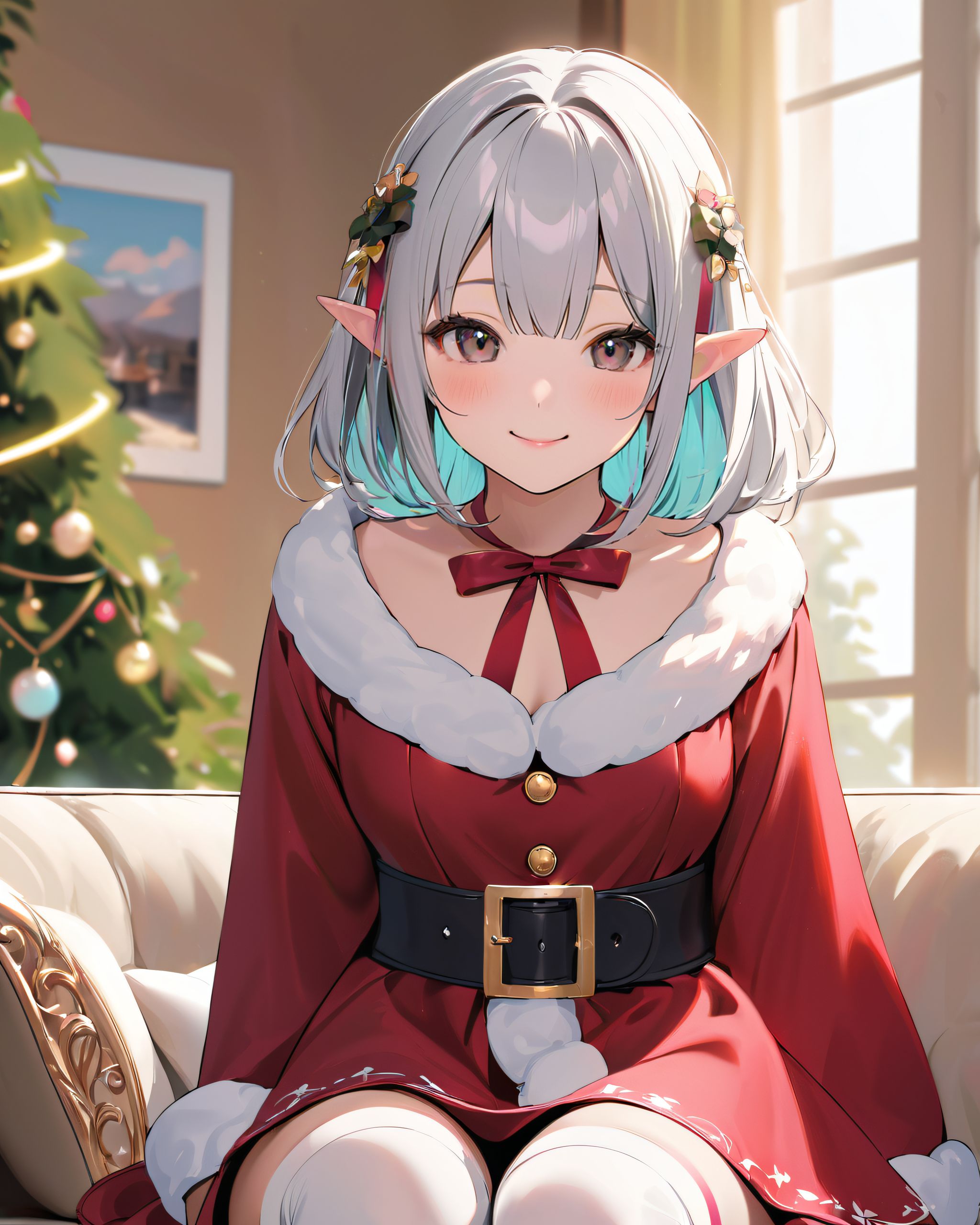 (A Fantasy world of another dimension:1.4),

(a girl close-up shot:1.3),
(brightly illuminates the front of her face:1.7),
(kawaii face:1.3),ngentle smile, shy demeanour, (Idol smile with a innocence:1.3),

( I put on my favourite Santa costume and it was photo time! The photo shoot was in the warm living room, with a glittering Christmas tree in the background. My theme was ?cute but also a little mature Santa?:1.8),

happiness room, depth of field,

(The room in the background is decorated in soft, girlish colors. The room has been enchanted, and a gentle light illuminates the many items in the room:1.4),
(The girl is wearing a confident smile:1.2),
(The whole screen is a scene where fantasy elements and her erotic-kawaii charm fuse together:1.7),


BLAKE


A charming 16-year-old girl with long, pointed ears, displaying an innocent and youthful expression,

She has a gentle smile and soft blushing cheeks, with a shy personality and attitude,

Her face is incredibly kawaii like an idol, with her mouth lightly closed, smiling with the corners of her mouth turned up, and full pouty lips,

(Her dark deep green eyes complement her stylish short silver hair with a delicate flow, adorned with a silver hairpiece:1.1),

She wears a green blouse with a frilled neckline, a corset top with golden cross-stitching, an emerald green cape shoulder-clasped with a golden brooch,

Her outfit includes leaf-shaped shoulder pauldrons, wrist cuffs with green cloth, and a multi-layered skirt with golden trim on the hem,

She accessorizes with a leather utility belt with a pouch, thigh-high boots, contrasting colors, and golden accessories including a necklace, bracelets, and an intricate golden armband,

Additional features include a green sleeveless blouse, a white top, a brown leather corset with gold trim, an emerald pendant necklace, a dark cape with a gold clasp, and bracers on her forearms,

Her outfit is further detailed with a puff-sleeve blouse, a deep moss green skirt with pleats, sheer white stockings, gold ankle bracelets, a golden wrist cuff, a black choker with a golden pendant, and hair ties with black ribbons,

Her cheeks have a warm blush, and she has small golden buttons down the front of the bodice,

She carries a small dagger sheathed at her waist, wears black fingerless gloves, intricate lace detailing adorns her blouse, floral accents are present on her skirt, golden chains drape across the bodice, and she has a golden ring on her finger,

Soft, ambient lighting accentuates the outfit?s details, creating a harmonious blend of traditional fantasy with modern stylistic choices, embodying a timeless yet contemporary,

She can be depicted in various poses and settings, making eye contact or looking away, embodying childlike wonder or graceful elegance,

The low angle accentuates her kawaii nature, highlighting the delicate textures of her hair and clothing, with natural light casting soft shadows and accentuating the youthful contours of her face,

She is brought into sharp focus with a shallow depth of field from a 50mm f/1.2 lens, providing beautiful depth-of-field blur with her face in focus,

High-resolution, detailed graphics capture every detail, from individual strands of hair to the intricate fabrics of her costume, with professional-grade clarity and contrast bringing vibrant colors to life,