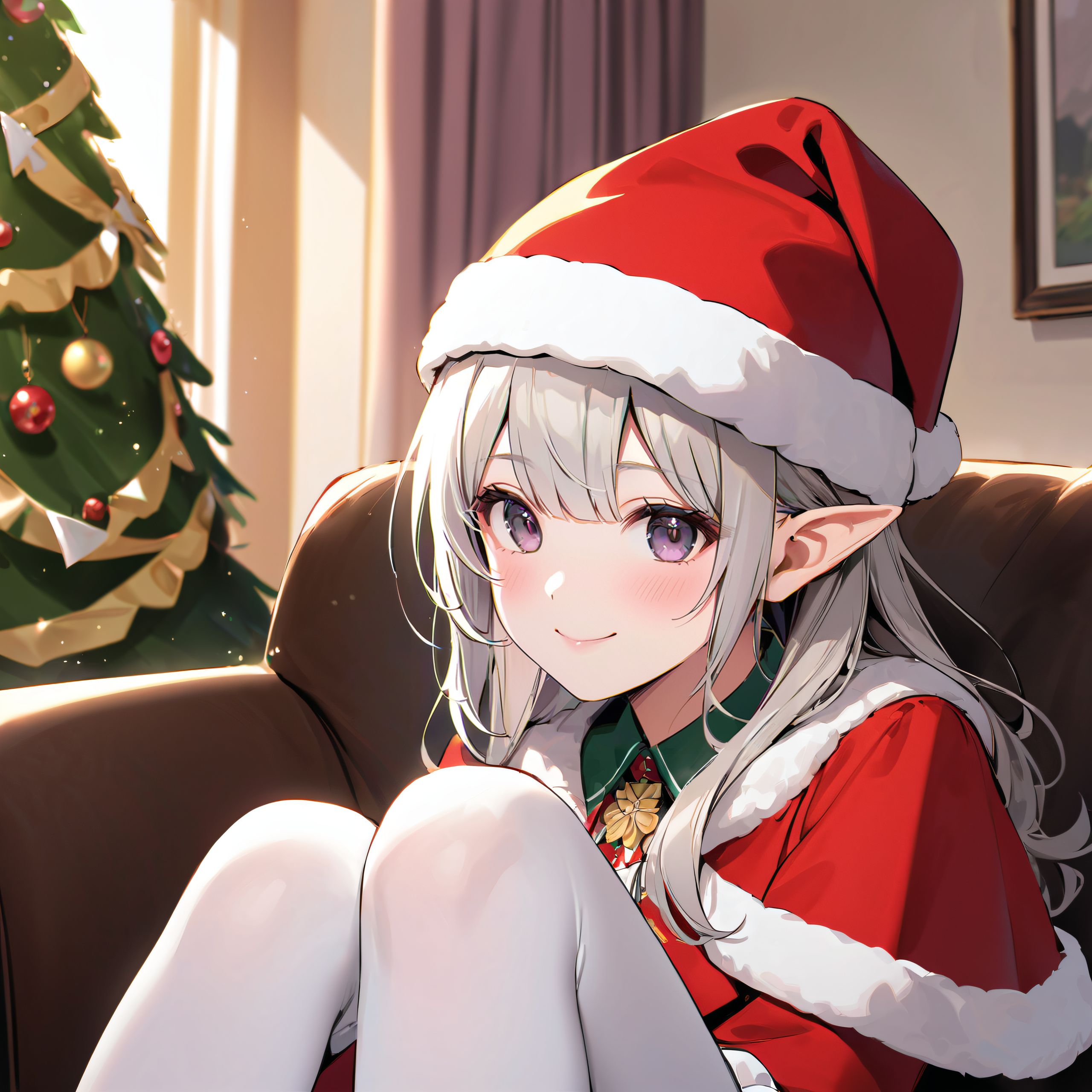 (a girl close-up shot:1.3),
(brightly illuminates the front of her face:1.7),
(kawaii face:1.3),ngentle smile, shy demeanour, (Idol smile with a innocence:1.3),

( I put on my favourite Santa costume and it was photo time! The photo shoot was in the warm living room, with a glittering Christmas tree in the background. My theme was ?cute but also a little mature Santa?:1.8),

happiness room, depth of field,

(The room in the background is decorated in soft, girlish colors. The room has been enchanted, and a gentle light illuminates the many items in the room:1.4),
(The girl is wearing a confident smile:1.2),
(The whole screen is a scene where fantasy elements and her erotic-kawaii charm fuse together:1.7),


BLAKE


A charming 16-year-old girl with long, pointed ears, displaying an innocent and youthful expression,

She has a gentle smile and soft blushing cheeks, with a shy personality and attitude,

Her face is incredibly kawaii like an idol, with her mouth lightly closed, smiling with the corners of her mouth turned up, and full pouty lips,

(Her dark deep green eyes complement her stylish short silver hair with a delicate flow, adorned with a silver hairpiece:1.1),

She wears a green blouse with a frilled neckline, a corset top with golden cross-stitching, an emerald green cape shoulder-clasped with a golden brooch,

Her outfit includes leaf-shaped shoulder pauldrons, wrist cuffs with green cloth, and a multi-layered skirt with golden trim on the hem,

She accessorizes with a leather utility belt with a pouch, thigh-high boots, contrasting colors, and golden accessories including a necklace, bracelets, and an intricate golden armband,

Additional features include a green sleeveless blouse, a white top, a brown leather corset with gold trim, an emerald pendant necklace, a dark cape with a gold clasp, and bracers on her forearms,

Her outfit is further detailed with a puff-sleeve blouse, a deep moss green skirt with pleats, sheer white stockings, gold ankle bracelets, a golden wrist cuff, a black choker with a golden pendant, and hair ties with black ribbons,

Her cheeks have a warm blush, and she has small golden buttons down the front of the bodice,

She carries a small dagger sheathed at her waist, wears black fingerless gloves, intricate lace detailing adorns her blouse, floral accents are present on her skirt, golden chains drape across the bodice, and she has a golden ring on her finger,

Soft, ambient lighting accentuates the outfit?s details, creating a harmonious blend of traditional fantasy with modern stylistic choices, embodying a timeless yet contemporary,

She can be depicted in various poses and settings, making eye contact or looking away, embodying childlike wonder or graceful elegance,

The low angle accentuates her kawaii nature, highlighting the delicate textures of her hair and clothing, with natural light casting soft shadows and accentuating the youthful contours of her face,

She is brought into sharp focus with a shallow depth of field from a 50mm f/1.2 lens, providing beautiful depth-of-field blur with her face in focus,

High-resolution, detailed graphics capture every detail, from individual strands of hair to the intricate fabrics of her costume, with professional-grade clarity and contrast bringing vibrant colors to life,