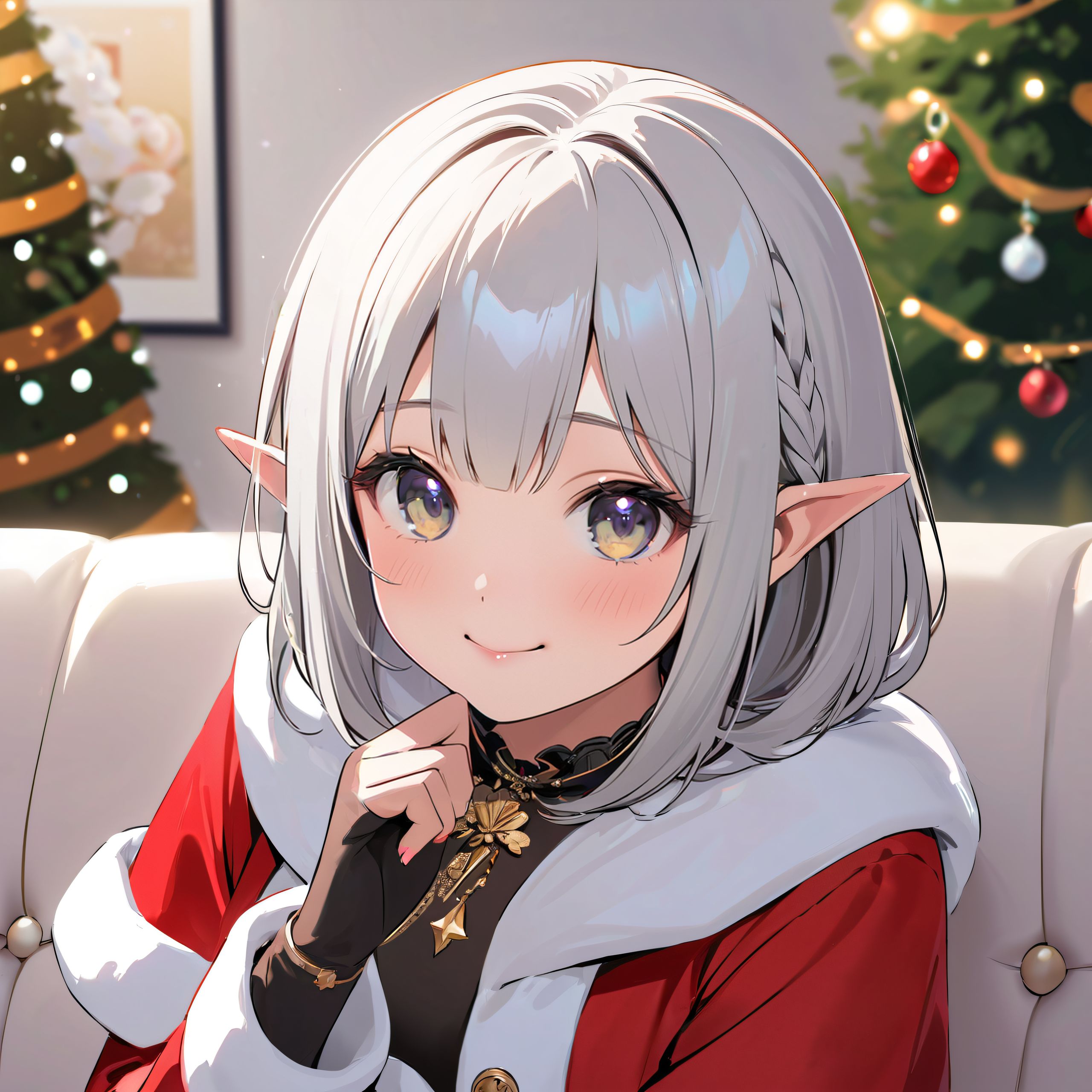 (a girl close-up shot:1.3),
(brightly illuminates the front of her face:1.7),
(kawaii face:1.3),ngentle smile, shy demeanour, (Idol smile with a innocence:1.3),

( I put on my favourite Santa costume and it was photo time! The photo shoot was in the warm living room, with a glittering Christmas tree in the background. My theme was ?cute but also a little mature Santa?:1.8),

happiness room, depth of field,

(The room in the background is decorated in soft, girlish colors. The room has been enchanted, and a gentle light illuminates the many items in the room:1.4),
(The girl is wearing a confident smile:1.2),
(The whole screen is a scene where fantasy elements and her erotic-kawaii charm fuse together:1.7),


BLAKE


A charming 16-year-old girl with long, pointed ears, displaying an innocent and youthful expression,

She has a gentle smile and soft blushing cheeks, with a shy personality and attitude,

Her face is incredibly kawaii like an idol, with her mouth lightly closed, smiling with the corners of her mouth turned up, and full pouty lips,

(Her dark deep green eyes complement her stylish short silver hair with a delicate flow, adorned with a silver hairpiece:1.1),

She wears a green blouse with a frilled neckline, a corset top with golden cross-stitching, an emerald green cape shoulder-clasped with a golden brooch,

Her outfit includes leaf-shaped shoulder pauldrons, wrist cuffs with green cloth, and a multi-layered skirt with golden trim on the hem,

She accessorizes with a leather utility belt with a pouch, thigh-high boots, contrasting colors, and golden accessories including a necklace, bracelets, and an intricate golden armband,

Additional features include a green sleeveless blouse, a white top, a brown leather corset with gold trim, an emerald pendant necklace, a dark cape with a gold clasp, and bracers on her forearms,

Her outfit is further detailed with a puff-sleeve blouse, a deep moss green skirt with pleats, sheer white stockings, gold ankle bracelets, a golden wrist cuff, a black choker with a golden pendant, and hair ties with black ribbons,

Her cheeks have a warm blush, and she has small golden buttons down the front of the bodice,

She carries a small dagger sheathed at her waist, wears black fingerless gloves, intricate lace detailing adorns her blouse, floral accents are present on her skirt, golden chains drape across the bodice, and she has a golden ring on her finger,

Soft, ambient lighting accentuates the outfit?s details, creating a harmonious blend of traditional fantasy with modern stylistic choices, embodying a timeless yet contemporary,

She can be depicted in various poses and settings, making eye contact or looking away, embodying childlike wonder or graceful elegance,

The low angle accentuates her kawaii nature, highlighting the delicate textures of her hair and clothing, with natural light casting soft shadows and accentuating the youthful contours of her face,

She is brought into sharp focus with a shallow depth of field from a 50mm f/1.2 lens, providing beautiful depth-of-field blur with her face in focus,

High-resolution, detailed graphics capture every detail, from individual strands of hair to the intricate fabrics of her costume, with professional-grade clarity and contrast bringing vibrant colors to life,