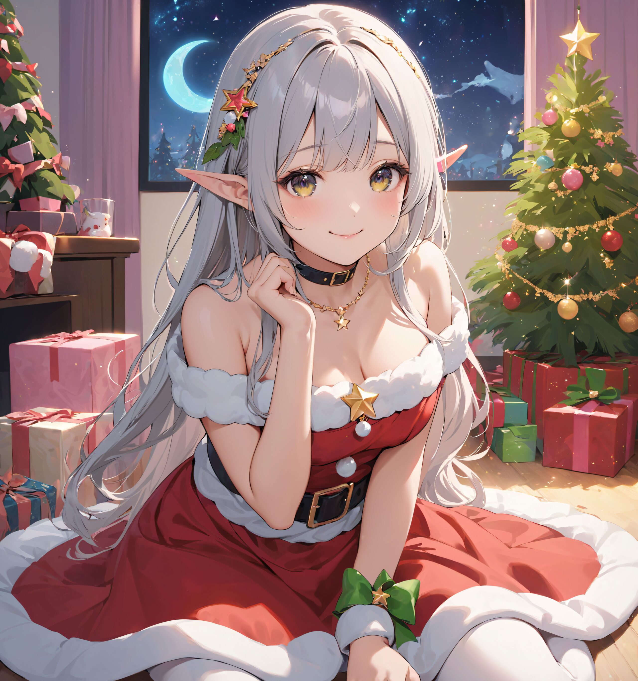 (a elf girl dressed as Santa Claus are looking at us: 1.9),
(Close-up shot:1.4),

dynamic angle,
well-rounded breasts, happiness, depth of field, bed, girl's room,

(The room in the background is decorated in soft, girlish colors. The room has been enchanted, and a gentle light illuminates the many items in the room:1/7),
(The girl is wearing a confident smile:1.8)
(The whole screen is a scene where fantasy elements and her erotic-kawaii charm fuse together:1.9),


BLAKE


(brightly illuminates the front of her face:1.7),
(kawaii face:1.3),ngentle smile, shy demeanour, (Idol smile with a innocence:1.3),

( I put on my favourite Santa costume and it was photo time! The photo shoot was in the warm living room, with a glittering Christmas tree in the background. My theme was ?cute but also a little mature Santa?:1.8),

happiness room, depth of field,

((The room in the background is decorated in soft, girlish colors. The room has been enchanted, and a gentle light illuminates the many items in the room:1.4),
(The girl is wearing a confident smile:1.2),
(The whole screen is a scene where fantasy elements and her erotic-kawaii charm fuse together:1.7):1.3),

BLAKE

( I put on my favourite Santa costume and it was photo time! The photo shoot was in the warm living room, with a glittering Christmas tree in the background. My theme was ?cute but also a little mature Santa?:1.8),

(High-resolution, detailed graphics capture every detail:1.6), 
(from individual strands of hair to the intricate fabrics of her costume:1.7),
(with professional-grade clarity and contrast bringing vibrant colors to life:1.8),

BLAKE


A charming 16-year-old girl with long, pointed ears, displaying an innocent and youthful expression,

She has a gentle smile and soft blushing cheeks, with a shy personality and attitude,

Her face is incredibly kawaii like an idol, with her mouth lightly closed, smiling with the corners of her mouth turned up, and full pouty lips,

(Her dark deep green eyes complement her stylish short silver hair with a delicate flow, adorned with a silver hairpiece:1.1),

She wears a green blouse with a frilled neckline, a corset top with golden cross-stitching, an emerald green cape shoulder-clasped with a golden brooch,

Her outfit includes leaf-shaped shoulder pauldrons, wrist cuffs with green cloth, and a multi-layered skirt with golden trim on the hem,

She accessorizes with a leather utility belt with a pouch, thigh-high boots, contrasting colors, and golden accessories including a necklace, bracelets, and an intricate golden armband,

Additional features include a green sleeveless blouse, a white top, a brown leather corset with gold trim, an emerald pendant necklace, a dark cape with a gold clasp, and bracers on her forearms,

Her outfit is further detailed with a puff-sleeve blouse, a deep moss green skirt with pleats, sheer white stockings, gold ankle bracelets, a golden wrist cuff, a black choker with a golden pendant, and hair ties with black ribbons,

Her cheeks have a warm blush, and she has small golden buttons down the front of the bodice,

She carries a small dagger sheathed at her waist, wears black fingerless gloves, intricate lace detailing adorns her blouse, floral accents are present on her skirt, golden chains drape across the bodice, and she has a golden ring on her finger,

Soft, ambient lighting accentuates the outfit?s details, creating a harmonious blend of traditional fantasy with modern stylistic choices, embodying a timeless yet contemporary,

She can be depicted in various poses and settings, making eye contact or looking away, embodying childlike wonder or graceful elegance,

The low angle accentuates her kawaii nature, highlighting the delicate textures of her hair and clothing, with natural light casting soft shadows and accentuating the youthful contours of her face,

She is brought into sharp focus with a shallow depth of field from a 50mm f/1.2 lens, providing beautiful depth-of-field blur with her face in focus,

High-resolution, detailed graphics capture every detail, from individual strands of hair to the intricate fabrics of her costume, with professional-grade clarity and contrast bringing vibrant colors to life,


BLAKE



slightly rounded breasts, happiness, depth of field, bed, girl's room,(leaning forward),

The room in the background is decorated in soft, girlish colors. The room has been enchanted, and a gentle light illuminates the many items in the room.
The girl is wearing a confident smile.
The whole screen is a scene where fantasy elements and her erotic-kawaii charm fuse together.


(Our elves' Christmas trees are a little bit special. They feature gold and green decorations imbued with the magic of the earth, and you can feel the warm energy just by touching them. This year's theme is ?a starry night sky?. At the top of the tree, we have decorated an oversized star decoration to symbolise the stars in the night sky. At the party, we have lots of fun things to do, like exchanging presents and enjoying sweets made from forest fruits! The elves' carols, sung together with their friends, echo throughout the forest, spreading a special kind of magic. I hope you can experience this fantastic atmosphere, which you won't find in the human world:1.6),

BLAKE


(brightly illuminates the front of her face:1.7),
(kawaii face:1.3),ngentle smile, shy demeanour, (Idol smile with a innocence:1.3),


happiness room, depth of field,

((The room in the background is decorated in soft, girlish colors. The room has been enchanted, and a gentle light illuminates the many items in the room:1.4),
(The girl is wearing a confident smile:1.2),
(The whole screen is a scene where fantasy elements and her erotic-kawaii charm fuse together:1.7):1.3),

(High-resolution, detailed graphics capture every detail:1.6), 
(from individual strands of hair to the intricate fabrics of her costume:1.7),
(with professional-grade clarity and contrast bringing vibrant colors to life:1.8),