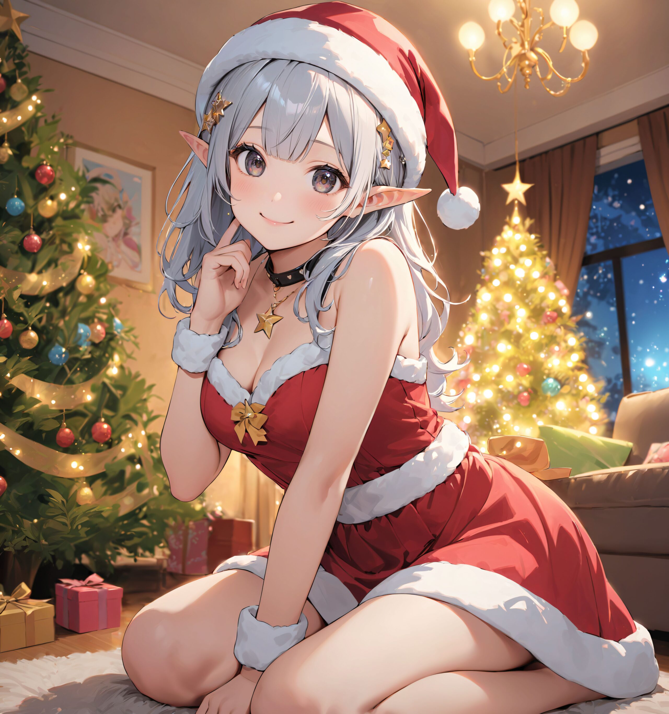 (a idol girl dressed as Santa Claus are looking at us: 1.9),
(Close-up shot:1.4),

dynamic angle,
well-rounded breasts, happiness, depth of field, bed, girl's room,

(The room in the background is decorated in soft, girlish colors. The room has been enchanted, and a gentle light illuminates the many items in the room:1/7),
(The girl is wearing a confident smile:1.8)
(The whole screen is a scene where fantasy elements and her erotic-kawaii charm fuse together:1.9),


BLAKE


(brightly illuminates the front of her face:1.7),
(kawaii face:1.3),ngentle smile, shy demeanour, (Idol smile with a innocence:1.3),

( I put on my favourite Santa costume and it was photo time! The photo shoot was in the warm living room, with a glittering Christmas tree in the background. My theme was ?cute but also a little mature Santa?:1.8),

happiness room, depth of field,

((The room in the background is decorated in soft, girlish colors. The room has been enchanted, and a gentle light illuminates the many items in the room:1.4),
(The girl is wearing a confident smile:1.2),
(The whole screen is a scene where fantasy elements and her erotic-kawaii charm fuse together:1.7):1.3),

BLAKE

( I put on my favourite Santa costume and it was photo time! The photo shoot was in the warm living room, with a glittering Christmas tree in the background. My theme was ?cute but also a little mature Santa?:1.8),

(High-resolution, detailed graphics capture every detail:1.6), 
(from individual strands of hair to the intricate fabrics of her costume:1.7),
(with professional-grade clarity and contrast bringing vibrant colors to life:1.8),

BLAKE


A charming 16-year-old girl with long, pointed ears, displaying an innocent and youthful expression,

She has a gentle smile and soft blushing cheeks, with a shy personality and attitude,

Her face is incredibly kawaii like an idol, with her mouth lightly closed, smiling with the corners of her mouth turned up, and full pouty lips,

(Her dark deep green eyes complement her stylish short silver hair with a delicate flow, adorned with a silver hairpiece:1.1),

She wears a green blouse with a frilled neckline, a corset top with golden cross-stitching, an emerald green cape shoulder-clasped with a golden brooch,

Her outfit includes leaf-shaped shoulder pauldrons, wrist cuffs with green cloth, and a multi-layered skirt with golden trim on the hem,

She accessorizes with a leather utility belt with a pouch, thigh-high boots, contrasting colors, and golden accessories including a necklace, bracelets, and an intricate golden armband,

Additional features include a green sleeveless blouse, a white top, a brown leather corset with gold trim, an emerald pendant necklace, a dark cape with a gold clasp, and bracers on her forearms,

Her outfit is further detailed with a puff-sleeve blouse, a deep moss green skirt with pleats, sheer white stockings, gold ankle bracelets, a golden wrist cuff, a black choker with a golden pendant, and hair ties with black ribbons,

Her cheeks have a warm blush, and she has small golden buttons down the front of the bodice,

She carries a small dagger sheathed at her waist, wears black fingerless gloves, intricate lace detailing adorns her blouse, floral accents are present on her skirt, golden chains drape across the bodice, and she has a golden ring on her finger,

Soft, ambient lighting accentuates the outfit?s details, creating a harmonious blend of traditional fantasy with modern stylistic choices, embodying a timeless yet contemporary,

She can be depicted in various poses and settings, making eye contact or looking away, embodying childlike wonder or graceful elegance,

The low angle accentuates her kawaii nature, highlighting the delicate textures of her hair and clothing, with natural light casting soft shadows and accentuating the youthful contours of her face,

She is brought into sharp focus with a shallow depth of field from a 50mm f/1.2 lens, providing beautiful depth-of-field blur with her face in focus,

High-resolution, detailed graphics capture every detail, from individual strands of hair to the intricate fabrics of her costume, with professional-grade clarity and contrast bringing vibrant colors to life,


BLAKE



slightly rounded breasts, happiness, depth of field, bed, girl's room,(leaning forward),

The room in the background is decorated in soft, girlish colors. The room has been enchanted, and a gentle light illuminates the many items in the room.
The girl is wearing a confident smile.
The whole screen is a scene where fantasy elements and her erotic-kawaii charm fuse together.


(Our elves' Christmas trees are a little bit special. They feature gold and green decorations imbued with the magic of the earth, and you can feel the warm energy just by touching them. This year's theme is ?a starry night sky?. At the top of the tree, we have decorated an oversized star decoration to symbolise the stars in the night sky. At the party, we have lots of fun things to do, like exchanging presents and enjoying sweets made from forest fruits! The elves' carols, sung together with their friends, echo throughout the forest, spreading a special kind of magic. I hope you can experience this fantastic atmosphere, which you won't find in the human world:1.6),

BLAKE


(brightly illuminates the front of her face:1.7),
(kawaii face:1.3),ngentle smile, shy demeanour, (Idol smile with a innocence:1.3),


happiness room, depth of field,

((The room in the background is decorated in soft, girlish colors. The room has been enchanted, and a gentle light illuminates the many items in the room:1.4),
(The girl is wearing a confident smile:1.2),
(The whole screen is a scene where fantasy elements and her erotic-kawaii charm fuse together:1.7):1.3),

(High-resolution, detailed graphics capture every detail:1.6), 
(from individual strands of hair to the intricate fabrics of her costume:1.7),
(with professional-grade clarity and contrast bringing vibrant colors to life:1.8),