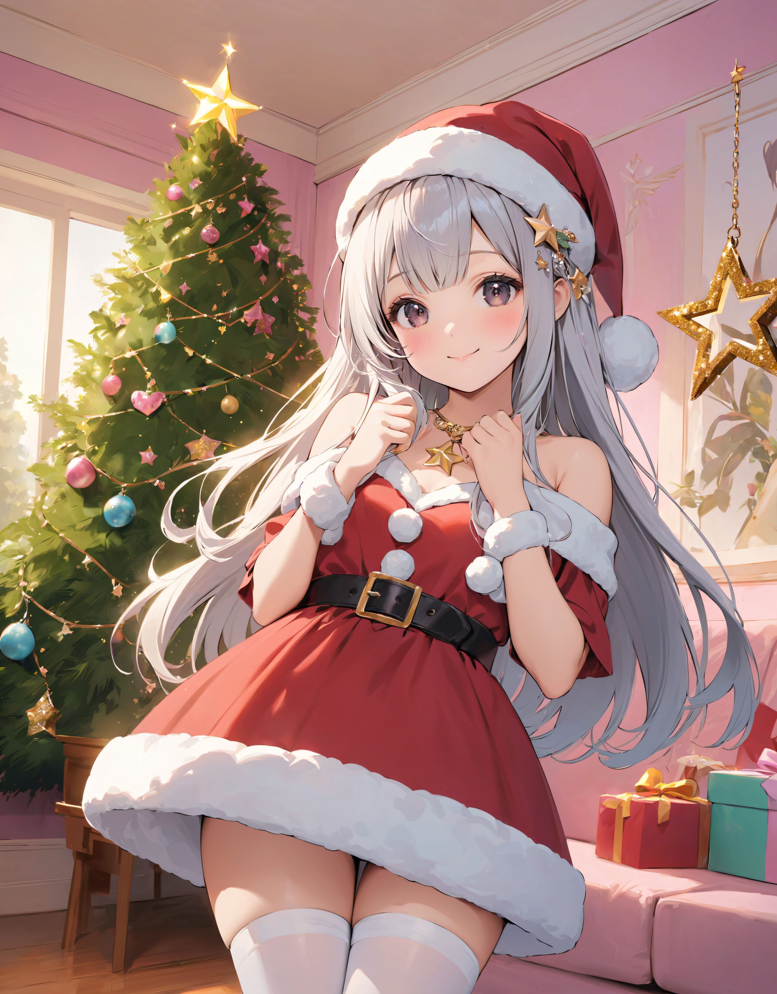 (a idol girl dressed as Santa Claus are looking at us: 1.9),
(Close-up shot:1.4),

dynamic angle,
well-rounded breasts, happiness, depth of field, bed, girl's room,

(The room in the background is decorated in soft, girlish colors. The room has been enchanted, and a gentle light illuminates the many items in the room:1/7),
(The girl is wearing a confident smile:1.8)
(The whole screen is a scene where fantasy elements and her erotic-kawaii charm fuse together:1.9),


BLAKE


(brightly illuminates the front of her face:1.7),
(kawaii face:1.3),ngentle smile, shy demeanour, (Idol smile with a innocence:1.3),

( I put on my favourite Santa costume and it was photo time! The photo shoot was in the warm living room, with a glittering Christmas tree in the background. My theme was ?cute but also a little mature Santa?:1.8),

happiness room, depth of field,

((The room in the background is decorated in soft, girlish colors. The room has been enchanted, and a gentle light illuminates the many items in the room:1.4),
(The girl is wearing a confident smile:1.2),
(The whole screen is a scene where fantasy elements and her erotic-kawaii charm fuse together:1.7):1.3),

BLAKE

( I put on my favourite Santa costume and it was photo time! The photo shoot was in the warm living room, with a glittering Christmas tree in the background. My theme was ?cute but also a little mature Santa?:1.8),

(High-resolution, detailed graphics capture every detail:1.6), 
(from individual strands of hair to the intricate fabrics of her costume:1.7),
(with professional-grade clarity and contrast bringing vibrant colors to life:1.8),

BLAKE


A charming 16-year-old girl with long, pointed ears, displaying an innocent and youthful expression,

She has a gentle smile and soft blushing cheeks, with a shy personality and attitude,

Her face is incredibly kawaii like an idol, with her mouth lightly closed, smiling with the corners of her mouth turned up, and full pouty lips,

(Her dark deep green eyes complement her stylish short silver hair with a delicate flow, adorned with a silver hairpiece:1.1),

She wears a green blouse with a frilled neckline, a corset top with golden cross-stitching, an emerald green cape shoulder-clasped with a golden brooch,

Her outfit includes leaf-shaped shoulder pauldrons, wrist cuffs with green cloth, and a multi-layered skirt with golden trim on the hem,

She accessorizes with a leather utility belt with a pouch, thigh-high boots, contrasting colors, and golden accessories including a necklace, bracelets, and an intricate golden armband,

Additional features include a green sleeveless blouse, a white top, a brown leather corset with gold trim, an emerald pendant necklace, a dark cape with a gold clasp, and bracers on her forearms,

Her outfit is further detailed with a puff-sleeve blouse, a deep moss green skirt with pleats, sheer white stockings, gold ankle bracelets, a golden wrist cuff, a black choker with a golden pendant, and hair ties with black ribbons,

Her cheeks have a warm blush, and she has small golden buttons down the front of the bodice,

She carries a small dagger sheathed at her waist, wears black fingerless gloves, intricate lace detailing adorns her blouse, floral accents are present on her skirt, golden chains drape across the bodice, and she has a golden ring on her finger,

Soft, ambient lighting accentuates the outfit?s details, creating a harmonious blend of traditional fantasy with modern stylistic choices, embodying a timeless yet contemporary,

She can be depicted in various poses and settings, making eye contact or looking away, embodying childlike wonder or graceful elegance,

The low angle accentuates her kawaii nature, highlighting the delicate textures of her hair and clothing, with natural light casting soft shadows and accentuating the youthful contours of her face,

She is brought into sharp focus with a shallow depth of field from a 50mm f/1.2 lens, providing beautiful depth-of-field blur with her face in focus,

High-resolution, detailed graphics capture every detail, from individual strands of hair to the intricate fabrics of her costume, with professional-grade clarity and contrast bringing vibrant colors to life,


BLAKE



slightly rounded breasts, happiness, depth of field, bed, girl's room,(leaning forward),

The room in the background is decorated in soft, girlish colors. The room has been enchanted, and a gentle light illuminates the many items in the room.
The girl is wearing a confident smile.
The whole screen is a scene where fantasy elements and her erotic-kawaii charm fuse together.


(Our elves' Christmas trees are a little bit special. They feature gold and green decorations imbued with the magic of the earth, and you can feel the warm energy just by touching them. This year's theme is ?a starry night sky?. At the top of the tree, we have decorated an oversized star decoration to symbolise the stars in the night sky. At the party, we have lots of fun things to do, like exchanging presents and enjoying sweets made from forest fruits! The elves' carols, sung together with their friends, echo throughout the forest, spreading a special kind of magic. I hope you can experience this fantastic atmosphere, which you won't find in the human world:1.6),

BLAKE


(brightly illuminates the front of her face:1.7),
(kawaii face:1.3),ngentle smile, shy demeanour, (Idol smile with a innocence:1.3),


happiness room, depth of field,

((The room in the background is decorated in soft, girlish colors. The room has been enchanted, and a gentle light illuminates the many items in the room:1.4),
(The girl is wearing a confident smile:1.2),
(The whole screen is a scene where fantasy elements and her erotic-kawaii charm fuse together:1.7):1.3),

(High-resolution, detailed graphics capture every detail:1.6), 
(from individual strands of hair to the intricate fabrics of her costume:1.7),
(with professional-grade clarity and contrast bringing vibrant colors to life:1.8),