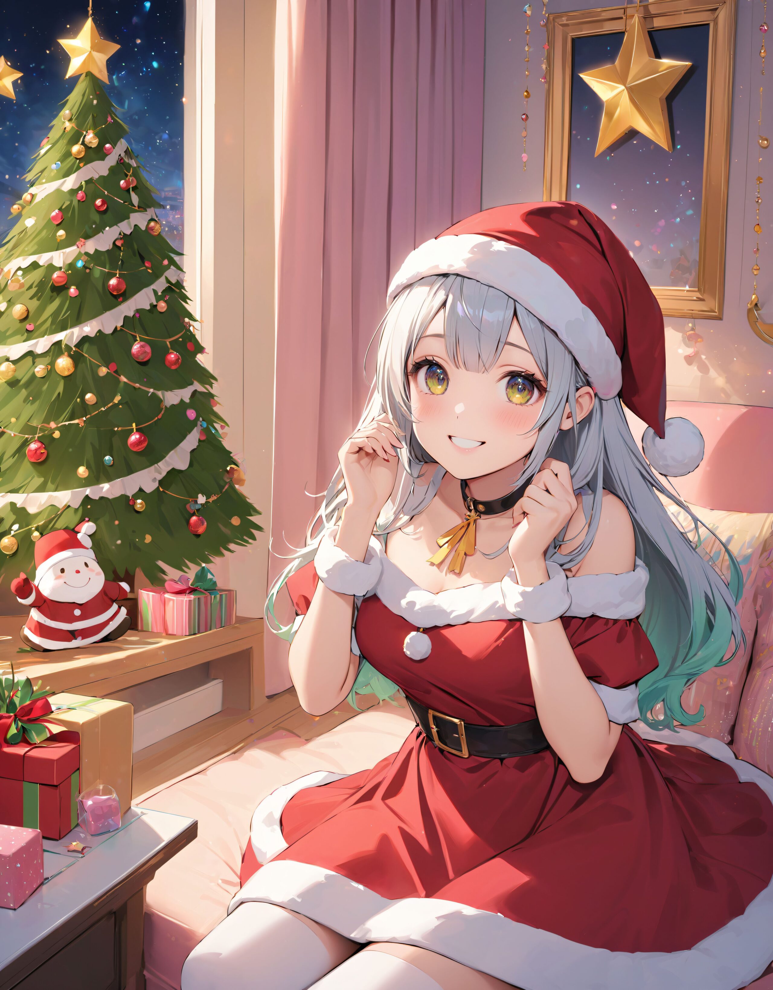 (a idol girl dressed as Santa Claus are looking at us: 1.9),
(Close-up shot:1.4),

dynamic angle,
well-rounded breasts, happiness, depth of field, bed, girl's room,

(The room in the background is decorated in soft, girlish colors. The room has been enchanted, and a gentle light illuminates the many items in the room:1/7),
(The girl is wearing a confident smile:1.8)
(The whole screen is a scene where fantasy elements and her erotic-kawaii charm fuse together:1.9),


BLAKE


(brightly illuminates the front of her face:1.7),
(kawaii face:1.3),ngentle smile, shy demeanour, (Idol smile with a innocence:1.3),

( I put on my favourite Santa costume and it was photo time! The photo shoot was in the warm living room, with a glittering Christmas tree in the background. My theme was ?cute but also a little mature Santa?:1.8),

happiness room, depth of field,

((The room in the background is decorated in soft, girlish colors. The room has been enchanted, and a gentle light illuminates the many items in the room:1.4),
(The girl is wearing a confident smile:1.2),
(The whole screen is a scene where fantasy elements and her erotic-kawaii charm fuse together:1.7):1.3),

BLAKE

( I put on my favourite Santa costume and it was photo time! The photo shoot was in the warm living room, with a glittering Christmas tree in the background. My theme was ?cute but also a little mature Santa?:1.8),

(High-resolution, detailed graphics capture every detail:1.6), 
(from individual strands of hair to the intricate fabrics of her costume:1.7),
(with professional-grade clarity and contrast bringing vibrant colors to life:1.8),

BLAKE


A charming 16-year-old girl with long, pointed ears, displaying an innocent and youthful expression,

She has a gentle smile and soft blushing cheeks, with a shy personality and attitude,

Her face is incredibly kawaii like an idol, with her mouth lightly closed, smiling with the corners of her mouth turned up, and full pouty lips,

(Her dark deep green eyes complement her stylish short silver hair with a delicate flow, adorned with a silver hairpiece:1.1),

She wears a green blouse with a frilled neckline, a corset top with golden cross-stitching, an emerald green cape shoulder-clasped with a golden brooch,

Her outfit includes leaf-shaped shoulder pauldrons, wrist cuffs with green cloth, and a multi-layered skirt with golden trim on the hem,

She accessorizes with a leather utility belt with a pouch, thigh-high boots, contrasting colors, and golden accessories including a necklace, bracelets, and an intricate golden armband,

Additional features include a green sleeveless blouse, a white top, a brown leather corset with gold trim, an emerald pendant necklace, a dark cape with a gold clasp, and bracers on her forearms,

Her outfit is further detailed with a puff-sleeve blouse, a deep moss green skirt with pleats, sheer white stockings, gold ankle bracelets, a golden wrist cuff, a black choker with a golden pendant, and hair ties with black ribbons,

Her cheeks have a warm blush, and she has small golden buttons down the front of the bodice,

She carries a small dagger sheathed at her waist, wears black fingerless gloves, intricate lace detailing adorns her blouse, floral accents are present on her skirt, golden chains drape across the bodice, and she has a golden ring on her finger,

Soft, ambient lighting accentuates the outfit?s details, creating a harmonious blend of traditional fantasy with modern stylistic choices, embodying a timeless yet contemporary,

She can be depicted in various poses and settings, making eye contact or looking away, embodying childlike wonder or graceful elegance,

The low angle accentuates her kawaii nature, highlighting the delicate textures of her hair and clothing, with natural light casting soft shadows and accentuating the youthful contours of her face,

She is brought into sharp focus with a shallow depth of field from a 50mm f/1.2 lens, providing beautiful depth-of-field blur with her face in focus,

High-resolution, detailed graphics capture every detail, from individual strands of hair to the intricate fabrics of her costume, with professional-grade clarity and contrast bringing vibrant colors to life,


BLAKE



slightly rounded breasts, happiness, depth of field, bed, girl's room,(leaning forward),

The room in the background is decorated in soft, girlish colors. The room has been enchanted, and a gentle light illuminates the many items in the room.
The girl is wearing a confident smile.
The whole screen is a scene where fantasy elements and her erotic-kawaii charm fuse together.


(Our elves' Christmas trees are a little bit special. They feature gold and green decorations imbued with the magic of the earth, and you can feel the warm energy just by touching them. This year's theme is ?a starry night sky?. At the top of the tree, we have decorated an oversized star decoration to symbolise the stars in the night sky. At the party, we have lots of fun things to do, like exchanging presents and enjoying sweets made from forest fruits! The elves' carols, sung together with their friends, echo throughout the forest, spreading a special kind of magic. I hope you can experience this fantastic atmosphere, which you won't find in the human world:1.6),

BLAKE


(brightly illuminates the front of her face:1.7),
(kawaii face:1.3),ngentle smile, shy demeanour, (Idol smile with a innocence:1.3),


happiness room, depth of field,

((The room in the background is decorated in soft, girlish colors. The room has been enchanted, and a gentle light illuminates the many items in the room:1.4),
(The girl is wearing a confident smile:1.2),
(The whole screen is a scene where fantasy elements and her erotic-kawaii charm fuse together:1.7):1.3),

(High-resolution, detailed graphics capture every detail:1.6), 
(from individual strands of hair to the intricate fabrics of her costume:1.7),
(with professional-grade clarity and contrast bringing vibrant colors to life:1.8),