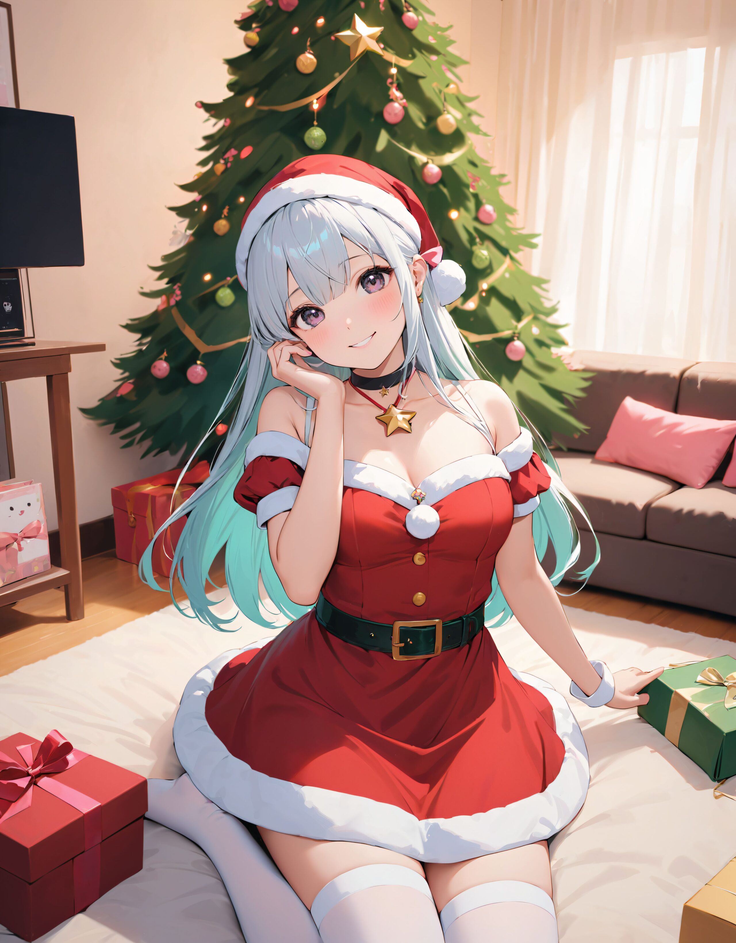 (a idol girl dressed as Santa Claus are looking at us: 1.9),
(Close-up shot:1.4),

dynamic angle,
well-rounded breasts, happiness, depth of field, bed, girl's room,

(The room in the background is decorated in soft, girlish colors. The room has been enchanted, and a gentle light illuminates the many items in the room:1/7),
(The girl is wearing a confident smile:1.8)
(The whole screen is a scene where fantasy elements and her erotic-kawaii charm fuse together:1.9),


BLAKE


(brightly illuminates the front of her face:1.7),
(kawaii face:1.3),ngentle smile, shy demeanour, (Idol smile with a innocence:1.3),

( I put on my favourite Santa costume and it was photo time! The photo shoot was in the warm living room, with a glittering Christmas tree in the background. My theme was ?cute but also a little mature Santa?:1.8),

happiness room, depth of field,

((The room in the background is decorated in soft, girlish colors. The room has been enchanted, and a gentle light illuminates the many items in the room:1.4),
(The girl is wearing a confident smile:1.2),
(The whole screen is a scene where fantasy elements and her erotic-kawaii charm fuse together:1.7):1.3),

BLAKE

( I put on my favourite Santa costume and it was photo time! The photo shoot was in the warm living room, with a glittering Christmas tree in the background. My theme was ?cute but also a little mature Santa?:1.8),

(High-resolution, detailed graphics capture every detail:1.6), 
(from individual strands of hair to the intricate fabrics of her costume:1.7),
(with professional-grade clarity and contrast bringing vibrant colors to life:1.8),

BLAKE


A charming 16-year-old girl with long, pointed ears, displaying an innocent and youthful expression,

She has a gentle smile and soft blushing cheeks, with a shy personality and attitude,

Her face is incredibly kawaii like an idol, with her mouth lightly closed, smiling with the corners of her mouth turned up, and full pouty lips,

(Her dark deep green eyes complement her stylish short silver hair with a delicate flow, adorned with a silver hairpiece:1.1),

She wears a green blouse with a frilled neckline, a corset top with golden cross-stitching, an emerald green cape shoulder-clasped with a golden brooch,

Her outfit includes leaf-shaped shoulder pauldrons, wrist cuffs with green cloth, and a multi-layered skirt with golden trim on the hem,

She accessorizes with a leather utility belt with a pouch, thigh-high boots, contrasting colors, and golden accessories including a necklace, bracelets, and an intricate golden armband,

Additional features include a green sleeveless blouse, a white top, a brown leather corset with gold trim, an emerald pendant necklace, a dark cape with a gold clasp, and bracers on her forearms,

Her outfit is further detailed with a puff-sleeve blouse, a deep moss green skirt with pleats, sheer white stockings, gold ankle bracelets, a golden wrist cuff, a black choker with a golden pendant, and hair ties with black ribbons,

Her cheeks have a warm blush, and she has small golden buttons down the front of the bodice,

She carries a small dagger sheathed at her waist, wears black fingerless gloves, intricate lace detailing adorns her blouse, floral accents are present on her skirt, golden chains drape across the bodice, and she has a golden ring on her finger,

Soft, ambient lighting accentuates the outfit?s details, creating a harmonious blend of traditional fantasy with modern stylistic choices, embodying a timeless yet contemporary,

She can be depicted in various poses and settings, making eye contact or looking away, embodying childlike wonder or graceful elegance,

The low angle accentuates her kawaii nature, highlighting the delicate textures of her hair and clothing, with natural light casting soft shadows and accentuating the youthful contours of her face,

She is brought into sharp focus with a shallow depth of field from a 50mm f/1.2 lens, providing beautiful depth-of-field blur with her face in focus,

High-resolution, detailed graphics capture every detail, from individual strands of hair to the intricate fabrics of her costume, with professional-grade clarity and contrast bringing vibrant colors to life,


BLAKE



slightly rounded breasts, happiness, depth of field, bed, girl's room,(leaning forward),

The room in the background is decorated in soft, girlish colors. The room has been enchanted, and a gentle light illuminates the many items in the room.
The girl is wearing a confident smile.
The whole screen is a scene where fantasy elements and her erotic-kawaii charm fuse together.


(Our elves' Christmas trees are a little bit special. They feature gold and green decorations imbued with the magic of the earth, and you can feel the warm energy just by touching them. This year's theme is ?a starry night sky?. At the top of the tree, we have decorated an oversized star decoration to symbolise the stars in the night sky. At the party, we have lots of fun things to do, like exchanging presents and enjoying sweets made from forest fruits! The elves' carols, sung together with their friends, echo throughout the forest, spreading a special kind of magic. I hope you can experience this fantastic atmosphere, which you won't find in the human world:1.6),

BLAKE


(brightly illuminates the front of her face:1.7),
(kawaii face:1.3),ngentle smile, shy demeanour, (Idol smile with a innocence:1.3),


happiness room, depth of field,

((The room in the background is decorated in soft, girlish colors. The room has been enchanted, and a gentle light illuminates the many items in the room:1.4),
(The girl is wearing a confident smile:1.2),
(The whole screen is a scene where fantasy elements and her erotic-kawaii charm fuse together:1.7):1.3),

(High-resolution, detailed graphics capture every detail:1.6), 
(from individual strands of hair to the intricate fabrics of her costume:1.7),
(with professional-grade clarity and contrast bringing vibrant colors to life:1.8),