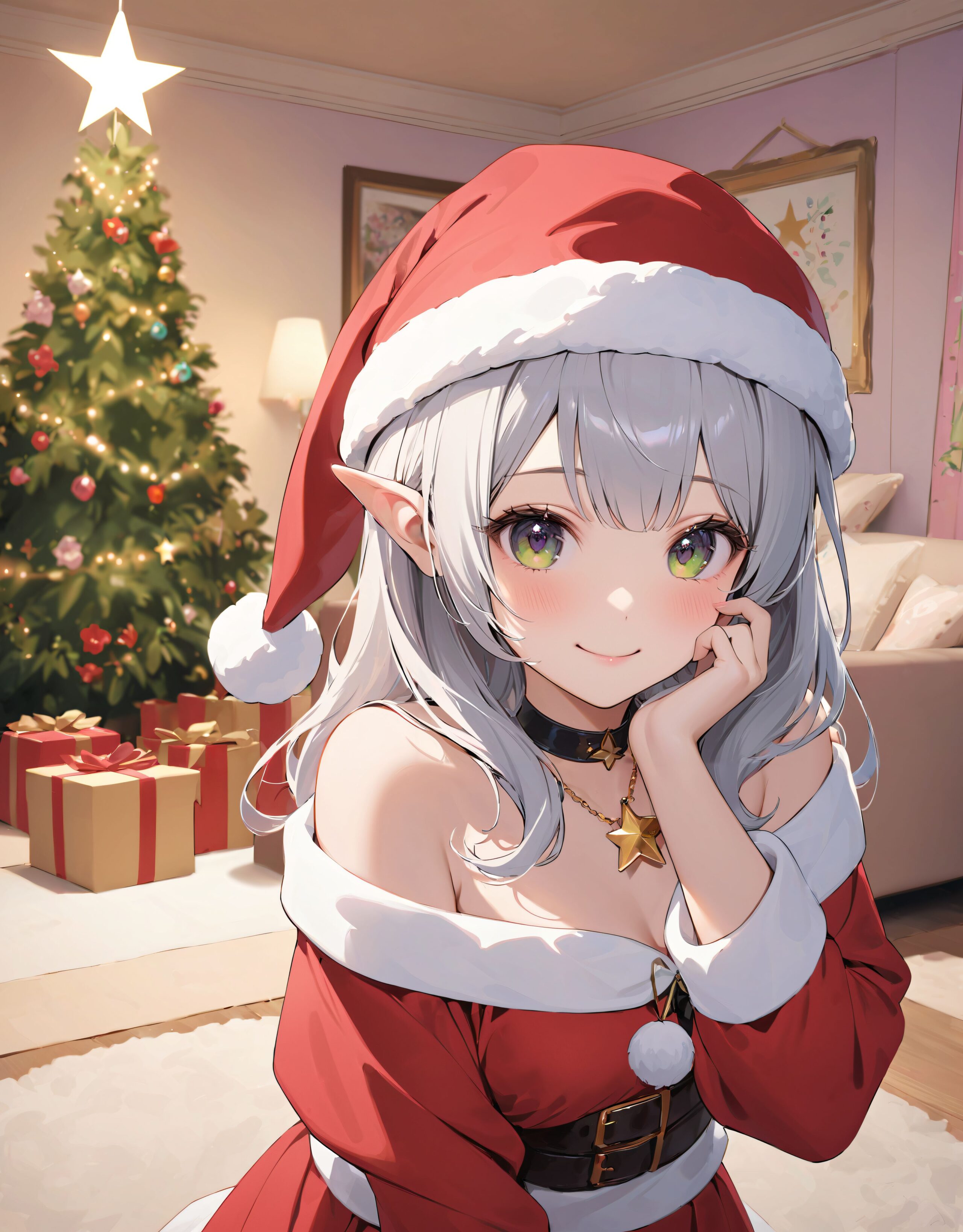 (a idol girl dressed as Santa Claus are looking at us: 1.9),
(Close-up shot:1.4),

dynamic angle,
well-rounded breasts, happiness, depth of field, bed, girl's room,

(The room in the background is decorated in soft, girlish colors. The room has been enchanted, and a gentle light illuminates the many items in the room:1/7),
(The girl is wearing a confident smile:1.8)
(The whole screen is a scene where fantasy elements and her erotic-kawaii charm fuse together:1.9),


BLAKE


(brightly illuminates the front of her face:1.7),
(kawaii face:1.3),ngentle smile, shy demeanour, (Idol smile with a innocence:1.3),

( I put on my favourite Santa costume and it was photo time! The photo shoot was in the warm living room, with a glittering Christmas tree in the background. My theme was ?cute but also a little mature Santa?:1.8),

happiness room, depth of field,

((The room in the background is decorated in soft, girlish colors. The room has been enchanted, and a gentle light illuminates the many items in the room:1.4),
(The girl is wearing a confident smile:1.2),
(The whole screen is a scene where fantasy elements and her erotic-kawaii charm fuse together:1.7):1.3),

BLAKE

( I put on my favourite Santa costume and it was photo time! The photo shoot was in the warm living room, with a glittering Christmas tree in the background. My theme was ?cute but also a little mature Santa?:1.8),

(High-resolution, detailed graphics capture every detail:1.6), 
(from individual strands of hair to the intricate fabrics of her costume:1.7),
(with professional-grade clarity and contrast bringing vibrant colors to life:1.8),

BLAKE


A charming 16-year-old girl with long, pointed ears, displaying an innocent and youthful expression,

She has a gentle smile and soft blushing cheeks, with a shy personality and attitude,

Her face is incredibly kawaii like an idol, with her mouth lightly closed, smiling with the corners of her mouth turned up, and full pouty lips,

(Her dark deep green eyes complement her stylish short silver hair with a delicate flow, adorned with a silver hairpiece:1.1),

She wears a green blouse with a frilled neckline, a corset top with golden cross-stitching, an emerald green cape shoulder-clasped with a golden brooch,

Her outfit includes leaf-shaped shoulder pauldrons, wrist cuffs with green cloth, and a multi-layered skirt with golden trim on the hem,

She accessorizes with a leather utility belt with a pouch, thigh-high boots, contrasting colors, and golden accessories including a necklace, bracelets, and an intricate golden armband,

Additional features include a green sleeveless blouse, a white top, a brown leather corset with gold trim, an emerald pendant necklace, a dark cape with a gold clasp, and bracers on her forearms,

Her outfit is further detailed with a puff-sleeve blouse, a deep moss green skirt with pleats, sheer white stockings, gold ankle bracelets, a golden wrist cuff, a black choker with a golden pendant, and hair ties with black ribbons,

Her cheeks have a warm blush, and she has small golden buttons down the front of the bodice,

She carries a small dagger sheathed at her waist, wears black fingerless gloves, intricate lace detailing adorns her blouse, floral accents are present on her skirt, golden chains drape across the bodice, and she has a golden ring on her finger,

Soft, ambient lighting accentuates the outfit?s details, creating a harmonious blend of traditional fantasy with modern stylistic choices, embodying a timeless yet contemporary,

She can be depicted in various poses and settings, making eye contact or looking away, embodying childlike wonder or graceful elegance,

The low angle accentuates her kawaii nature, highlighting the delicate textures of her hair and clothing, with natural light casting soft shadows and accentuating the youthful contours of her face,

She is brought into sharp focus with a shallow depth of field from a 50mm f/1.2 lens, providing beautiful depth-of-field blur with her face in focus,

High-resolution, detailed graphics capture every detail, from individual strands of hair to the intricate fabrics of her costume, with professional-grade clarity and contrast bringing vibrant colors to life,


BLAKE



slightly rounded breasts, happiness, depth of field, bed, girl's room,(leaning forward),

The room in the background is decorated in soft, girlish colors. The room has been enchanted, and a gentle light illuminates the many items in the room.
The girl is wearing a confident smile.
The whole screen is a scene where fantasy elements and her erotic-kawaii charm fuse together.


(Our elves' Christmas trees are a little bit special. They feature gold and green decorations imbued with the magic of the earth, and you can feel the warm energy just by touching them. This year's theme is ?a starry night sky?. At the top of the tree, we have decorated an oversized star decoration to symbolise the stars in the night sky. At the party, we have lots of fun things to do, like exchanging presents and enjoying sweets made from forest fruits! The elves' carols, sung together with their friends, echo throughout the forest, spreading a special kind of magic. I hope you can experience this fantastic atmosphere, which you won't find in the human world:1.6),

BLAKE


(brightly illuminates the front of her face:1.7),
(kawaii face:1.3),ngentle smile, shy demeanour, (Idol smile with a innocence:1.3),


happiness room, depth of field,

((The room in the background is decorated in soft, girlish colors. The room has been enchanted, and a gentle light illuminates the many items in the room:1.4),
(The girl is wearing a confident smile:1.2),
(The whole screen is a scene where fantasy elements and her erotic-kawaii charm fuse together:1.7):1.3),

(High-resolution, detailed graphics capture every detail:1.6), 
(from individual strands of hair to the intricate fabrics of her costume:1.7),
(with professional-grade clarity and contrast bringing vibrant colors to life:1.8),