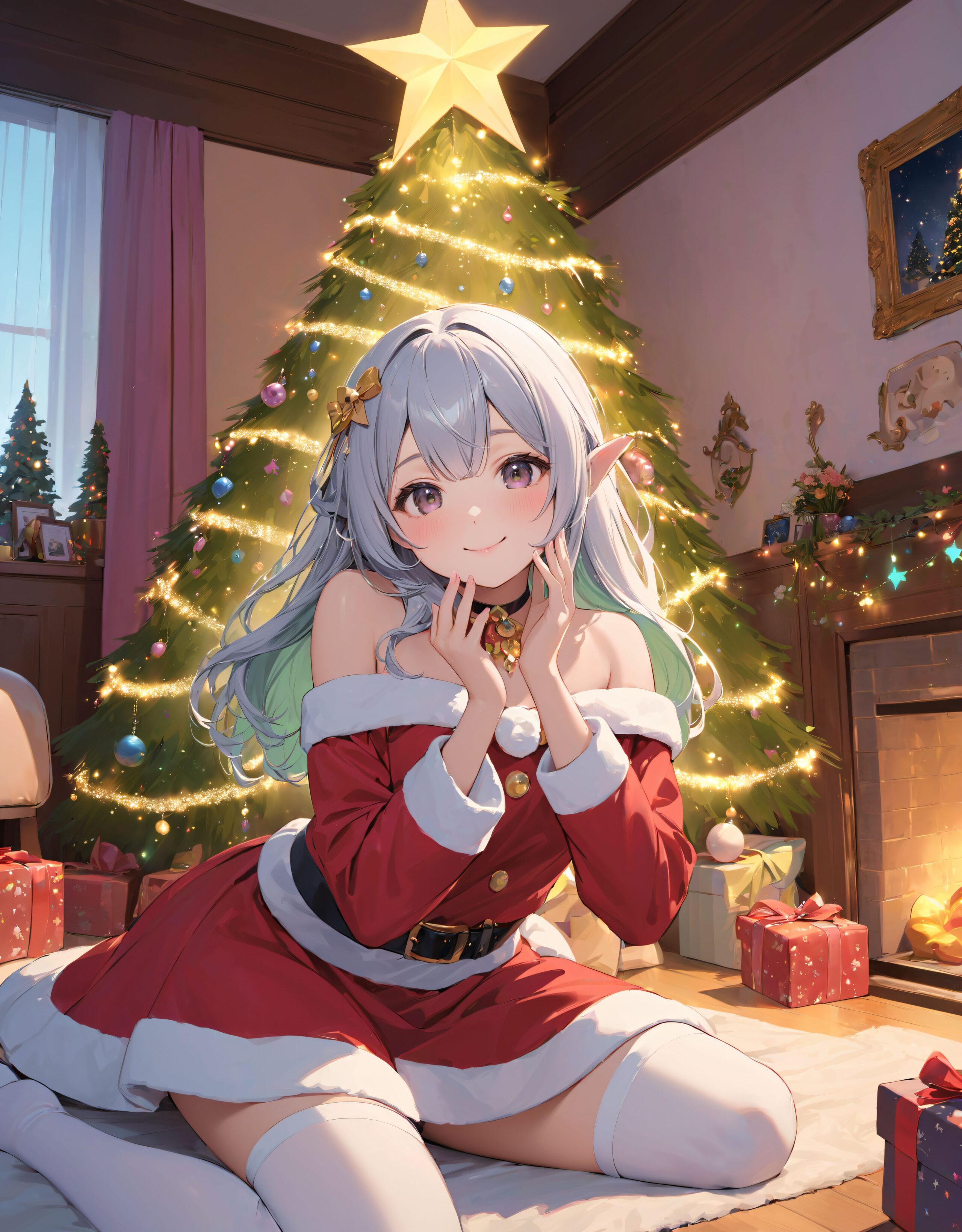 (a idol girl dressed as Santa Claus are looking at us: 1.9),
(Close-up shot:1.4),

dynamic angle,
well-rounded breasts, happiness, depth of field, bed, girl's room,

(The room in the background is decorated in soft, girlish colors. The room has been enchanted, and a gentle light illuminates the many items in the room:1/7),
(The girl is wearing a confident smile:1.8)
(The whole screen is a scene where fantasy elements and her erotic-kawaii charm fuse together:1.9),


BLAKE


(brightly illuminates the front of her face:1.7),
(kawaii face:1.3),ngentle smile, shy demeanour, (Idol smile with a innocence:1.3),

( I put on my favourite Santa costume and it was photo time! The photo shoot was in the warm living room, with a glittering Christmas tree in the background. My theme was ?cute but also a little mature Santa?:1.8),

happiness room, depth of field,

((The room in the background is decorated in soft, girlish colors. The room has been enchanted, and a gentle light illuminates the many items in the room:1.4),
(The girl is wearing a confident smile:1.2),
(The whole screen is a scene where fantasy elements and her erotic-kawaii charm fuse together:1.7):1.3),

BLAKE

( I put on my favourite Santa costume and it was photo time! The photo shoot was in the warm living room, with a glittering Christmas tree in the background. My theme was ?cute but also a little mature Santa?:1.8),

(High-resolution, detailed graphics capture every detail:1.6), 
(from individual strands of hair to the intricate fabrics of her costume:1.7),
(with professional-grade clarity and contrast bringing vibrant colors to life:1.8),

BLAKE


A charming 16-year-old girl with long, pointed ears, displaying an innocent and youthful expression,

She has a gentle smile and soft blushing cheeks, with a shy personality and attitude,

Her face is incredibly kawaii like an idol, with her mouth lightly closed, smiling with the corners of her mouth turned up, and full pouty lips,

(Her dark deep green eyes complement her stylish short silver hair with a delicate flow, adorned with a silver hairpiece:1.1),

She wears a green blouse with a frilled neckline, a corset top with golden cross-stitching, an emerald green cape shoulder-clasped with a golden brooch,

Her outfit includes leaf-shaped shoulder pauldrons, wrist cuffs with green cloth, and a multi-layered skirt with golden trim on the hem,

She accessorizes with a leather utility belt with a pouch, thigh-high boots, contrasting colors, and golden accessories including a necklace, bracelets, and an intricate golden armband,

Additional features include a green sleeveless blouse, a white top, a brown leather corset with gold trim, an emerald pendant necklace, a dark cape with a gold clasp, and bracers on her forearms,

Her outfit is further detailed with a puff-sleeve blouse, a deep moss green skirt with pleats, sheer white stockings, gold ankle bracelets, a golden wrist cuff, a black choker with a golden pendant, and hair ties with black ribbons,

Her cheeks have a warm blush, and she has small golden buttons down the front of the bodice,

She carries a small dagger sheathed at her waist, wears black fingerless gloves, intricate lace detailing adorns her blouse, floral accents are present on her skirt, golden chains drape across the bodice, and she has a golden ring on her finger,

Soft, ambient lighting accentuates the outfit?s details, creating a harmonious blend of traditional fantasy with modern stylistic choices, embodying a timeless yet contemporary,

She can be depicted in various poses and settings, making eye contact or looking away, embodying childlike wonder or graceful elegance,

The low angle accentuates her kawaii nature, highlighting the delicate textures of her hair and clothing, with natural light casting soft shadows and accentuating the youthful contours of her face,

She is brought into sharp focus with a shallow depth of field from a 50mm f/1.2 lens, providing beautiful depth-of-field blur with her face in focus,

High-resolution, detailed graphics capture every detail, from individual strands of hair to the intricate fabrics of her costume, with professional-grade clarity and contrast bringing vibrant colors to life,


BLAKE



slightly rounded breasts, happiness, depth of field, bed, girl's room,(leaning forward),

The room in the background is decorated in soft, girlish colors. The room has been enchanted, and a gentle light illuminates the many items in the room.
The girl is wearing a confident smile.
The whole screen is a scene where fantasy elements and her erotic-kawaii charm fuse together.


(Our elves' Christmas trees are a little bit special. They feature gold and green decorations imbued with the magic of the earth, and you can feel the warm energy just by touching them. This year's theme is ?a starry night sky?. At the top of the tree, we have decorated an oversized star decoration to symbolise the stars in the night sky. At the party, we have lots of fun things to do, like exchanging presents and enjoying sweets made from forest fruits! The elves' carols, sung together with their friends, echo throughout the forest, spreading a special kind of magic. I hope you can experience this fantastic atmosphere, which you won't find in the human world:1.6),

BLAKE


(brightly illuminates the front of her face:1.7),
(kawaii face:1.3),ngentle smile, shy demeanour, (Idol smile with a innocence:1.3),


happiness room, depth of field,

((The room in the background is decorated in soft, girlish colors. The room has been enchanted, and a gentle light illuminates the many items in the room:1.4),
(The girl is wearing a confident smile:1.2),
(The whole screen is a scene where fantasy elements and her erotic-kawaii charm fuse together:1.7):1.3),

(High-resolution, detailed graphics capture every detail:1.6), 
(from individual strands of hair to the intricate fabrics of her costume:1.7),
(with professional-grade clarity and contrast bringing vibrant colors to life:1.8),