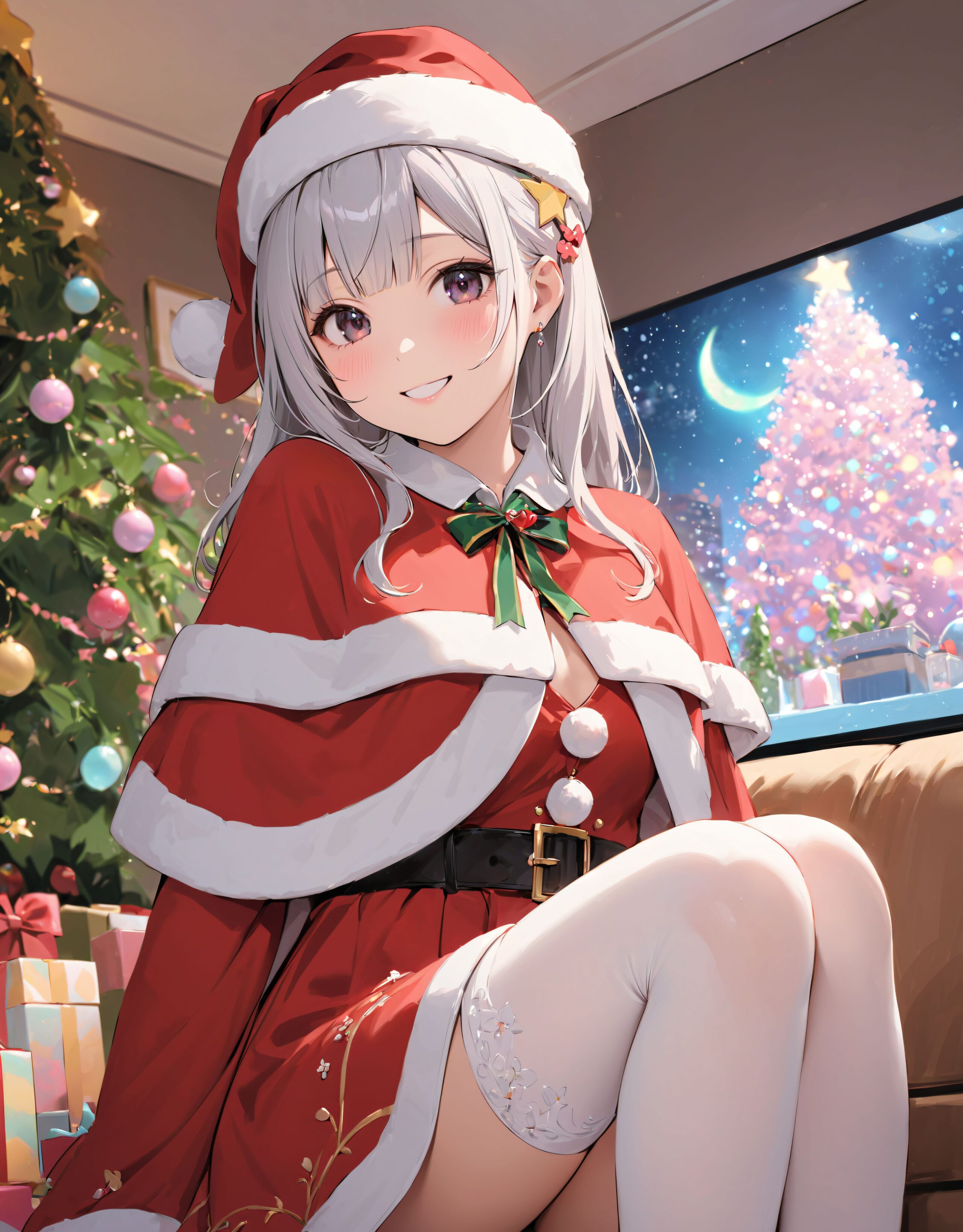 (a idol girl dressed as Santa Claus are looking at us: 1.9),
(Close-up shot:1.4),

dynamic angle,
well-rounded breasts, happiness, depth of field, bed, girl's room,

(The room in the background is decorated in soft, girlish colors. The room has been enchanted, and a gentle light illuminates the many items in the room:1/7),
(The girl is wearing a confident smile:1.8)
(The whole screen is a scene where fantasy elements and her erotic-kawaii charm fuse together:1.9),


BLAKE


(brightly illuminates the front of her face:1.7),
(kawaii face:1.3),ngentle smile, shy demeanour, (Idol smile with a innocence:1.3),

( I put on my favourite Santa costume and it was photo time! The photo shoot was in the warm living room, with a glittering Christmas tree in the background. My theme was ?cute but also a little mature Santa?:1.8),

happiness room, depth of field,

((The room in the background is decorated in soft, girlish colors. The room has been enchanted, and a gentle light illuminates the many items in the room:1.4),
(The girl is wearing a confident smile:1.2),
(The whole screen is a scene where fantasy elements and her erotic-kawaii charm fuse together:1.7):1.3),

BLAKE

( I put on my favourite Santa costume and it was photo time! The photo shoot was in the warm living room, with a glittering Christmas tree in the background. My theme was ?cute but also a little mature Santa?:1.8),

(High-resolution, detailed graphics capture every detail:1.6), 
(from individual strands of hair to the intricate fabrics of her costume:1.7),
(with professional-grade clarity and contrast bringing vibrant colors to life:1.8),

BLAKE


A charming 16-year-old girl with long, pointed ears, displaying an innocent and youthful expression,

She has a gentle smile and soft blushing cheeks, with a shy personality and attitude,

Her face is incredibly kawaii like an idol, with her mouth lightly closed, smiling with the corners of her mouth turned up, and full pouty lips,

(Her dark deep green eyes complement her stylish short silver hair with a delicate flow, adorned with a silver hairpiece:1.1),

She wears a green blouse with a frilled neckline, a corset top with golden cross-stitching, an emerald green cape shoulder-clasped with a golden brooch,

Her outfit includes leaf-shaped shoulder pauldrons, wrist cuffs with green cloth, and a multi-layered skirt with golden trim on the hem,

She accessorizes with a leather utility belt with a pouch, thigh-high boots, contrasting colors, and golden accessories including a necklace, bracelets, and an intricate golden armband,

Additional features include a green sleeveless blouse, a white top, a brown leather corset with gold trim, an emerald pendant necklace, a dark cape with a gold clasp, and bracers on her forearms,

Her outfit is further detailed with a puff-sleeve blouse, a deep moss green skirt with pleats, sheer white stockings, gold ankle bracelets, a golden wrist cuff, a black choker with a golden pendant, and hair ties with black ribbons,

Her cheeks have a warm blush, and she has small golden buttons down the front of the bodice,

She carries a small dagger sheathed at her waist, wears black fingerless gloves, intricate lace detailing adorns her blouse, floral accents are present on her skirt, golden chains drape across the bodice, and she has a golden ring on her finger,

Soft, ambient lighting accentuates the outfit?s details, creating a harmonious blend of traditional fantasy with modern stylistic choices, embodying a timeless yet contemporary,

She can be depicted in various poses and settings, making eye contact or looking away, embodying childlike wonder or graceful elegance,

The low angle accentuates her kawaii nature, highlighting the delicate textures of her hair and clothing, with natural light casting soft shadows and accentuating the youthful contours of her face,

She is brought into sharp focus with a shallow depth of field from a 50mm f/1.2 lens, providing beautiful depth-of-field blur with her face in focus,

High-resolution, detailed graphics capture every detail, from individual strands of hair to the intricate fabrics of her costume, with professional-grade clarity and contrast bringing vibrant colors to life,


BLAKE



slightly rounded breasts, happiness, depth of field, bed, girl's room,(leaning forward),

The room in the background is decorated in soft, girlish colors. The room has been enchanted, and a gentle light illuminates the many items in the room.
The girl is wearing a confident smile.
The whole screen is a scene where fantasy elements and her erotic-kawaii charm fuse together.


(Our elves' Christmas trees are a little bit special. They feature gold and green decorations imbued with the magic of the earth, and you can feel the warm energy just by touching them. This year's theme is ?a starry night sky?. At the top of the tree, we have decorated an oversized star decoration to symbolise the stars in the night sky. At the party, we have lots of fun things to do, like exchanging presents and enjoying sweets made from forest fruits! The elves' carols, sung together with their friends, echo throughout the forest, spreading a special kind of magic. I hope you can experience this fantastic atmosphere, which you won't find in the human world:1.6),

BLAKE


(brightly illuminates the front of her face:1.7),
(kawaii face:1.3),ngentle smile, shy demeanour, (Idol smile with a innocence:1.3),


happiness room, depth of field,

((The room in the background is decorated in soft, girlish colors. The room has been enchanted, and a gentle light illuminates the many items in the room:1.4),
(The girl is wearing a confident smile:1.2),
(The whole screen is a scene where fantasy elements and her erotic-kawaii charm fuse together:1.7):1.3),

(High-resolution, detailed graphics capture every detail:1.6), 
(from individual strands of hair to the intricate fabrics of her costume:1.7),
(with professional-grade clarity and contrast bringing vibrant colors to life:1.8),