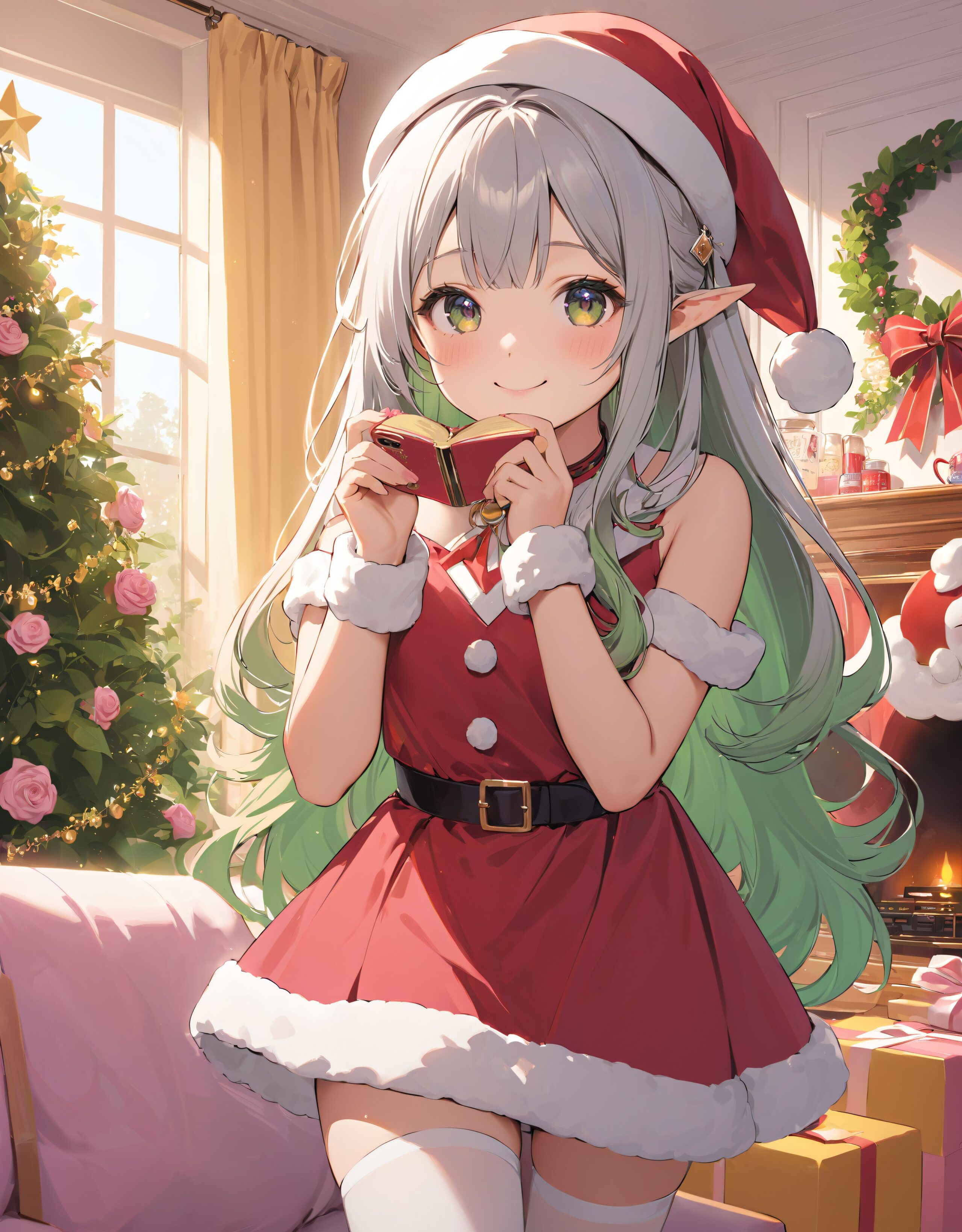 (a idol girl dressed as Santa Claus are looking at us: 1.9),
(Close-up shot:1.4),

dynamic angle,
well-rounded breasts, happiness, depth of field, bed, girl's room,

(The room in the background is decorated in soft, girlish colors. The room has been enchanted, and a gentle light illuminates the many items in the room:1/7),
(The girl is wearing a confident smile:1.8)
(The whole screen is a scene where fantasy elements and her erotic-kawaii charm fuse together:1.9),


BLAKE


(brightly illuminates the front of her face:1.7),
(kawaii face:1.3),ngentle smile, shy demeanour, (Idol smile with a innocence:1.3),

( I put on my favourite Santa costume and it was photo time! The photo shoot was in the warm living room, with a glittering Christmas tree in the background. My theme was ?cute but also a little mature Santa?:1.8),

happiness room, depth of field,

((The room in the background is decorated in soft, girlish colors. The room has been enchanted, and a gentle light illuminates the many items in the room:1.4),
(The girl is wearing a confident smile:1.2),
(The whole screen is a scene where fantasy elements and her erotic-kawaii charm fuse together:1.7):1.3),

BLAKE

( I put on my favourite Santa costume and it was photo time! The photo shoot was in the warm living room, with a glittering Christmas tree in the background. My theme was ?cute but also a little mature Santa?:1.8),

(High-resolution, detailed graphics capture every detail:1.6), 
(from individual strands of hair to the intricate fabrics of her costume:1.7),
(with professional-grade clarity and contrast bringing vibrant colors to life:1.8),

BLAKE


A charming 16-year-old girl with long, pointed ears, displaying an innocent and youthful expression,

She has a gentle smile and soft blushing cheeks, with a shy personality and attitude,

Her face is incredibly kawaii like an idol, with her mouth lightly closed, smiling with the corners of her mouth turned up, and full pouty lips,

(Her dark deep green eyes complement her stylish short silver hair with a delicate flow, adorned with a silver hairpiece:1.1),

She wears a green blouse with a frilled neckline, a corset top with golden cross-stitching, an emerald green cape shoulder-clasped with a golden brooch,

Her outfit includes leaf-shaped shoulder pauldrons, wrist cuffs with green cloth, and a multi-layered skirt with golden trim on the hem,

She accessorizes with a leather utility belt with a pouch, thigh-high boots, contrasting colors, and golden accessories including a necklace, bracelets, and an intricate golden armband,

Additional features include a green sleeveless blouse, a white top, a brown leather corset with gold trim, an emerald pendant necklace, a dark cape with a gold clasp, and bracers on her forearms,

Her outfit is further detailed with a puff-sleeve blouse, a deep moss green skirt with pleats, sheer white stockings, gold ankle bracelets, a golden wrist cuff, a black choker with a golden pendant, and hair ties with black ribbons,

Her cheeks have a warm blush, and she has small golden buttons down the front of the bodice,

She carries a small dagger sheathed at her waist, wears black fingerless gloves, intricate lace detailing adorns her blouse, floral accents are present on her skirt, golden chains drape across the bodice, and she has a golden ring on her finger,

Soft, ambient lighting accentuates the outfit?s details, creating a harmonious blend of traditional fantasy with modern stylistic choices, embodying a timeless yet contemporary,

She can be depicted in various poses and settings, making eye contact or looking away, embodying childlike wonder or graceful elegance,

The low angle accentuates her kawaii nature, highlighting the delicate textures of her hair and clothing, with natural light casting soft shadows and accentuating the youthful contours of her face,

She is brought into sharp focus with a shallow depth of field from a 50mm f/1.2 lens, providing beautiful depth-of-field blur with her face in focus,

High-resolution, detailed graphics capture every detail, from individual strands of hair to the intricate fabrics of her costume, with professional-grade clarity and contrast bringing vibrant colors to life,


BLAKE



slightly rounded breasts, happiness, depth of field, bed, girl's room,(leaning forward),

The room in the background is decorated in soft, girlish colors. The room has been enchanted, and a gentle light illuminates the many items in the room.
The girl is wearing a confident smile.
The whole screen is a scene where fantasy elements and her erotic-kawaii charm fuse together.


(Our elves' Christmas trees are a little bit special. They feature gold and green decorations imbued with the magic of the earth, and you can feel the warm energy just by touching them. This year's theme is ?a starry night sky?. At the top of the tree, we have decorated an oversized star decoration to symbolise the stars in the night sky. At the party, we have lots of fun things to do, like exchanging presents and enjoying sweets made from forest fruits! The elves' carols, sung together with their friends, echo throughout the forest, spreading a special kind of magic. I hope you can experience this fantastic atmosphere, which you won't find in the human world:1.6),

BLAKE


(brightly illuminates the front of her face:1.7),
(kawaii face:1.3),ngentle smile, shy demeanour, (Idol smile with a innocence:1.3),


happiness room, depth of field,

((The room in the background is decorated in soft, girlish colors. The room has been enchanted, and a gentle light illuminates the many items in the room:1.4),
(The girl is wearing a confident smile:1.2),
(The whole screen is a scene where fantasy elements and her erotic-kawaii charm fuse together:1.7):1.3),

(High-resolution, detailed graphics capture every detail:1.6), 
(from individual strands of hair to the intricate fabrics of her costume:1.7),
(with professional-grade clarity and contrast bringing vibrant colors to life:1.8),