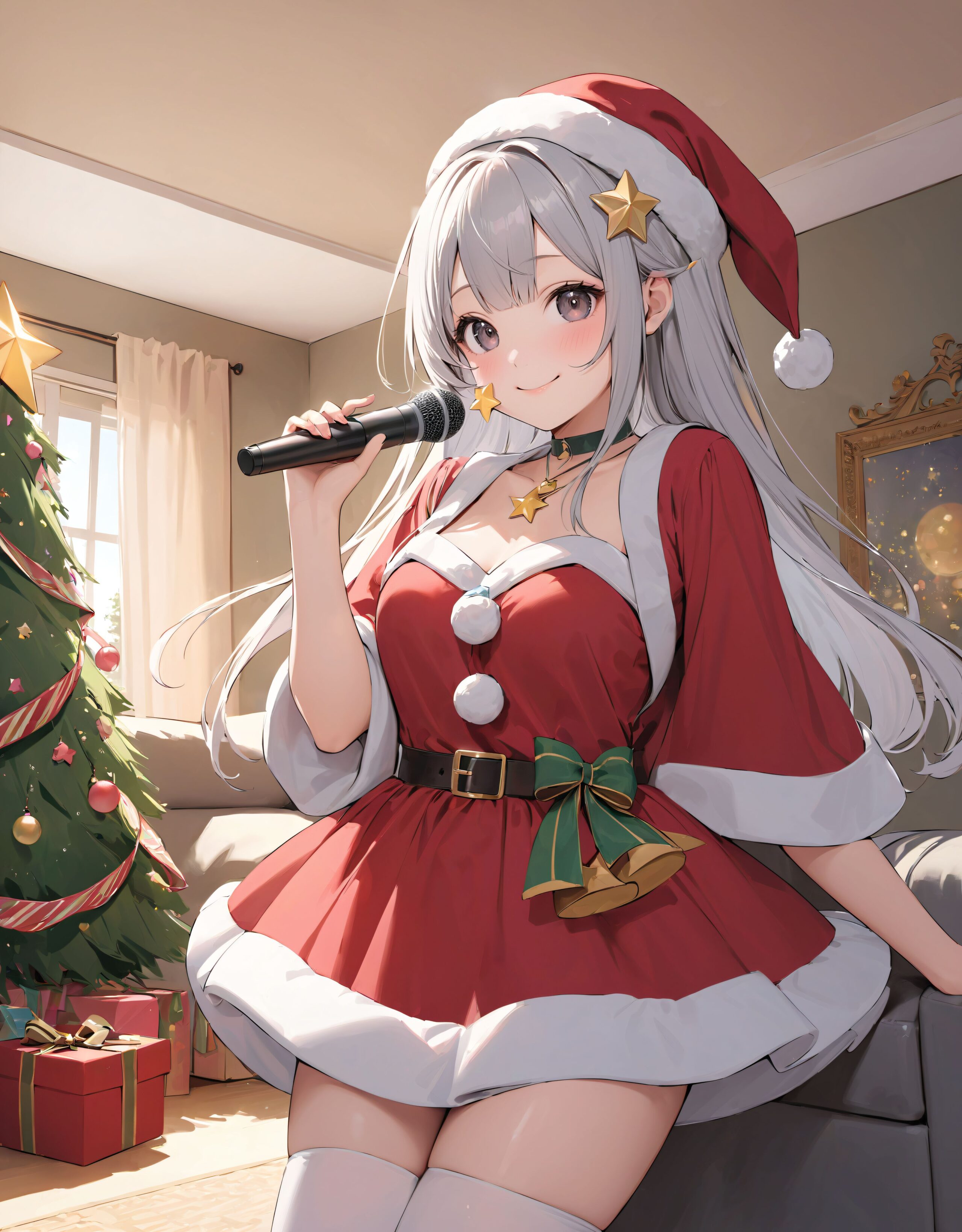 (a idol girl dressed as Santa Claus are looking at us: 1.9),
(Close-up shot:1.4),

dynamic angle,
well-rounded breasts, happiness, depth of field, bed, girl's room,

(The room in the background is decorated in soft, girlish colors. The room has been enchanted, and a gentle light illuminates the many items in the room:1/7),
(The girl is wearing a confident smile:1.8)
(The whole screen is a scene where fantasy elements and her erotic-kawaii charm fuse together:1.9),


BLAKE


(brightly illuminates the front of her face:1.7),
(kawaii face:1.3),ngentle smile, shy demeanour, (Idol smile with a innocence:1.3),

( I put on my favourite Santa costume and it was photo time! The photo shoot was in the warm living room, with a glittering Christmas tree in the background. My theme was ?cute but also a little mature Santa?:1.8),

happiness room, depth of field,

((The room in the background is decorated in soft, girlish colors. The room has been enchanted, and a gentle light illuminates the many items in the room:1.4),
(The girl is wearing a confident smile:1.2),
(The whole screen is a scene where fantasy elements and her erotic-kawaii charm fuse together:1.7):1.3),

BLAKE

( I put on my favourite Santa costume and it was photo time! The photo shoot was in the warm living room, with a glittering Christmas tree in the background. My theme was ?cute but also a little mature Santa?:1.8),

(High-resolution, detailed graphics capture every detail:1.6), 
(from individual strands of hair to the intricate fabrics of her costume:1.7),
(with professional-grade clarity and contrast bringing vibrant colors to life:1.8),

BLAKE


A charming 16-year-old girl with long, pointed ears, displaying an innocent and youthful expression,

She has a gentle smile and soft blushing cheeks, with a shy personality and attitude,

Her face is incredibly kawaii like an idol, with her mouth lightly closed, smiling with the corners of her mouth turned up, and full pouty lips,

(Her dark deep green eyes complement her stylish short silver hair with a delicate flow, adorned with a silver hairpiece:1.1),

She wears a green blouse with a frilled neckline, a corset top with golden cross-stitching, an emerald green cape shoulder-clasped with a golden brooch,

Her outfit includes leaf-shaped shoulder pauldrons, wrist cuffs with green cloth, and a multi-layered skirt with golden trim on the hem,

She accessorizes with a leather utility belt with a pouch, thigh-high boots, contrasting colors, and golden accessories including a necklace, bracelets, and an intricate golden armband,

Additional features include a green sleeveless blouse, a white top, a brown leather corset with gold trim, an emerald pendant necklace, a dark cape with a gold clasp, and bracers on her forearms,

Her outfit is further detailed with a puff-sleeve blouse, a deep moss green skirt with pleats, sheer white stockings, gold ankle bracelets, a golden wrist cuff, a black choker with a golden pendant, and hair ties with black ribbons,

Her cheeks have a warm blush, and she has small golden buttons down the front of the bodice,

She carries a small dagger sheathed at her waist, wears black fingerless gloves, intricate lace detailing adorns her blouse, floral accents are present on her skirt, golden chains drape across the bodice, and she has a golden ring on her finger,

Soft, ambient lighting accentuates the outfit?s details, creating a harmonious blend of traditional fantasy with modern stylistic choices, embodying a timeless yet contemporary,

She can be depicted in various poses and settings, making eye contact or looking away, embodying childlike wonder or graceful elegance,

The low angle accentuates her kawaii nature, highlighting the delicate textures of her hair and clothing, with natural light casting soft shadows and accentuating the youthful contours of her face,

She is brought into sharp focus with a shallow depth of field from a 50mm f/1.2 lens, providing beautiful depth-of-field blur with her face in focus,

High-resolution, detailed graphics capture every detail, from individual strands of hair to the intricate fabrics of her costume, with professional-grade clarity and contrast bringing vibrant colors to life,


BLAKE



slightly rounded breasts, happiness, depth of field, bed, girl's room,(leaning forward),

The room in the background is decorated in soft, girlish colors. The room has been enchanted, and a gentle light illuminates the many items in the room.
The girl is wearing a confident smile.
The whole screen is a scene where fantasy elements and her erotic-kawaii charm fuse together.


(Our elves' Christmas trees are a little bit special. They feature gold and green decorations imbued with the magic of the earth, and you can feel the warm energy just by touching them. This year's theme is ?a starry night sky?. At the top of the tree, we have decorated an oversized star decoration to symbolise the stars in the night sky. At the party, we have lots of fun things to do, like exchanging presents and enjoying sweets made from forest fruits! The elves' carols, sung together with their friends, echo throughout the forest, spreading a special kind of magic. I hope you can experience this fantastic atmosphere, which you won't find in the human world:1.6),

BLAKE


(brightly illuminates the front of her face:1.7),
(kawaii face:1.3),ngentle smile, shy demeanour, (Idol smile with a innocence:1.3),


happiness room, depth of field,

((The room in the background is decorated in soft, girlish colors. The room has been enchanted, and a gentle light illuminates the many items in the room:1.4),
(The girl is wearing a confident smile:1.2),
(The whole screen is a scene where fantasy elements and her erotic-kawaii charm fuse together:1.7):1.3),

(High-resolution, detailed graphics capture every detail:1.6), 
(from individual strands of hair to the intricate fabrics of her costume:1.7),
(with professional-grade clarity and contrast bringing vibrant colors to life:1.8),