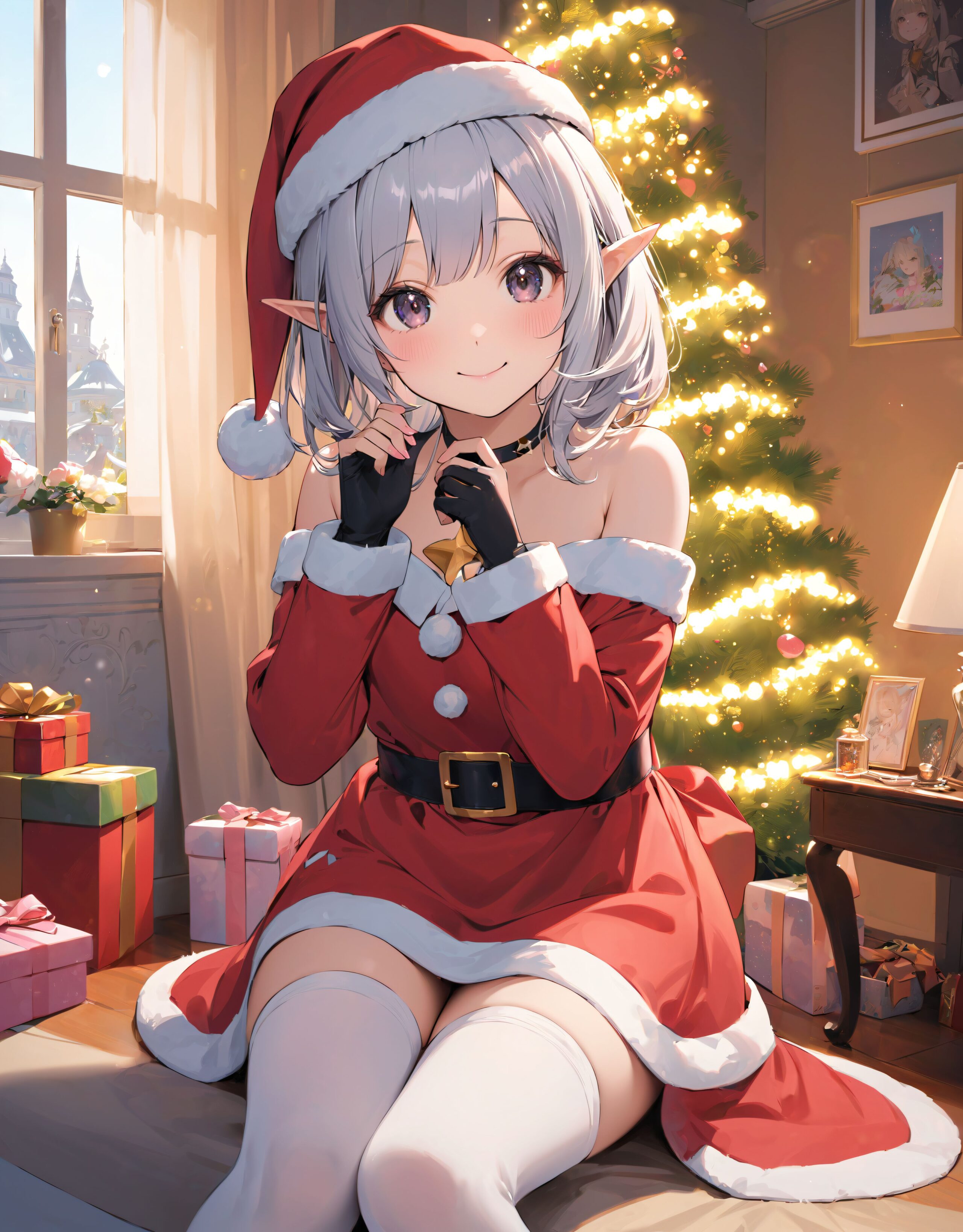 (a idol girl dressed as Santa Claus are looking at us: 1.9),
(Close-up shot:1.4),

dynamic angle,
well-rounded breasts, happiness, depth of field, bed, girl's room,

(The room in the background is decorated in soft, girlish colors. The room has been enchanted, and a gentle light illuminates the many items in the room:1/7),
(The girl is wearing a confident smile:1.8)
(The whole screen is a scene where fantasy elements and her erotic-kawaii charm fuse together:1.9),


BLAKE


(brightly illuminates the front of her face:1.7),
(kawaii face:1.3),ngentle smile, shy demeanour, (Idol smile with a innocence:1.3),

( I put on my favourite Santa costume and it was photo time! The photo shoot was in the warm living room, with a glittering Christmas tree in the background. My theme was ?cute but also a little mature Santa?:1.8),

happiness room, depth of field,

((The room in the background is decorated in soft, girlish colors. The room has been enchanted, and a gentle light illuminates the many items in the room:1.4),
(The girl is wearing a confident smile:1.2),
(The whole screen is a scene where fantasy elements and her erotic-kawaii charm fuse together:1.7):1.3),

BLAKE

( I put on my favourite Santa costume and it was photo time! The photo shoot was in the warm living room, with a glittering Christmas tree in the background. My theme was ?cute but also a little mature Santa?:1.8),

(High-resolution, detailed graphics capture every detail:1.6), 
(from individual strands of hair to the intricate fabrics of her costume:1.7),
(with professional-grade clarity and contrast bringing vibrant colors to life:1.8),

BLAKE


A charming 16-year-old girl with long, pointed ears, displaying an innocent and youthful expression,

She has a gentle smile and soft blushing cheeks, with a shy personality and attitude,

Her face is incredibly kawaii like an idol, with her mouth lightly closed, smiling with the corners of her mouth turned up, and full pouty lips,

(Her dark deep green eyes complement her stylish short silver hair with a delicate flow, adorned with a silver hairpiece:1.1),

She wears a green blouse with a frilled neckline, a corset top with golden cross-stitching, an emerald green cape shoulder-clasped with a golden brooch,

Her outfit includes leaf-shaped shoulder pauldrons, wrist cuffs with green cloth, and a multi-layered skirt with golden trim on the hem,

She accessorizes with a leather utility belt with a pouch, thigh-high boots, contrasting colors, and golden accessories including a necklace, bracelets, and an intricate golden armband,

Additional features include a green sleeveless blouse, a white top, a brown leather corset with gold trim, an emerald pendant necklace, a dark cape with a gold clasp, and bracers on her forearms,

Her outfit is further detailed with a puff-sleeve blouse, a deep moss green skirt with pleats, sheer white stockings, gold ankle bracelets, a golden wrist cuff, a black choker with a golden pendant, and hair ties with black ribbons,

Her cheeks have a warm blush, and she has small golden buttons down the front of the bodice,

She carries a small dagger sheathed at her waist, wears black fingerless gloves, intricate lace detailing adorns her blouse, floral accents are present on her skirt, golden chains drape across the bodice, and she has a golden ring on her finger,

Soft, ambient lighting accentuates the outfit?s details, creating a harmonious blend of traditional fantasy with modern stylistic choices, embodying a timeless yet contemporary,

She can be depicted in various poses and settings, making eye contact or looking away, embodying childlike wonder or graceful elegance,

The low angle accentuates her kawaii nature, highlighting the delicate textures of her hair and clothing, with natural light casting soft shadows and accentuating the youthful contours of her face,

She is brought into sharp focus with a shallow depth of field from a 50mm f/1.2 lens, providing beautiful depth-of-field blur with her face in focus,

High-resolution, detailed graphics capture every detail, from individual strands of hair to the intricate fabrics of her costume, with professional-grade clarity and contrast bringing vibrant colors to life,


BLAKE



slightly rounded breasts, happiness, depth of field, bed, girl's room,(leaning forward),

The room in the background is decorated in soft, girlish colors. The room has been enchanted, and a gentle light illuminates the many items in the room.
The girl is wearing a confident smile.
The whole screen is a scene where fantasy elements and her erotic-kawaii charm fuse together.


(Our elves' Christmas trees are a little bit special. They feature gold and green decorations imbued with the magic of the earth, and you can feel the warm energy just by touching them. This year's theme is ?a starry night sky?. At the top of the tree, we have decorated an oversized star decoration to symbolise the stars in the night sky. At the party, we have lots of fun things to do, like exchanging presents and enjoying sweets made from forest fruits! The elves' carols, sung together with their friends, echo throughout the forest, spreading a special kind of magic. I hope you can experience this fantastic atmosphere, which you won't find in the human world:1.6),

BLAKE


(brightly illuminates the front of her face:1.7),
(kawaii face:1.3),ngentle smile, shy demeanour, (Idol smile with a innocence:1.3),


happiness room, depth of field,

((The room in the background is decorated in soft, girlish colors. The room has been enchanted, and a gentle light illuminates the many items in the room:1.4),
(The girl is wearing a confident smile:1.2),
(The whole screen is a scene where fantasy elements and her erotic-kawaii charm fuse together:1.7):1.3),

(High-resolution, detailed graphics capture every detail:1.6), 
(from individual strands of hair to the intricate fabrics of her costume:1.7),
(with professional-grade clarity and contrast bringing vibrant colors to life:1.8),