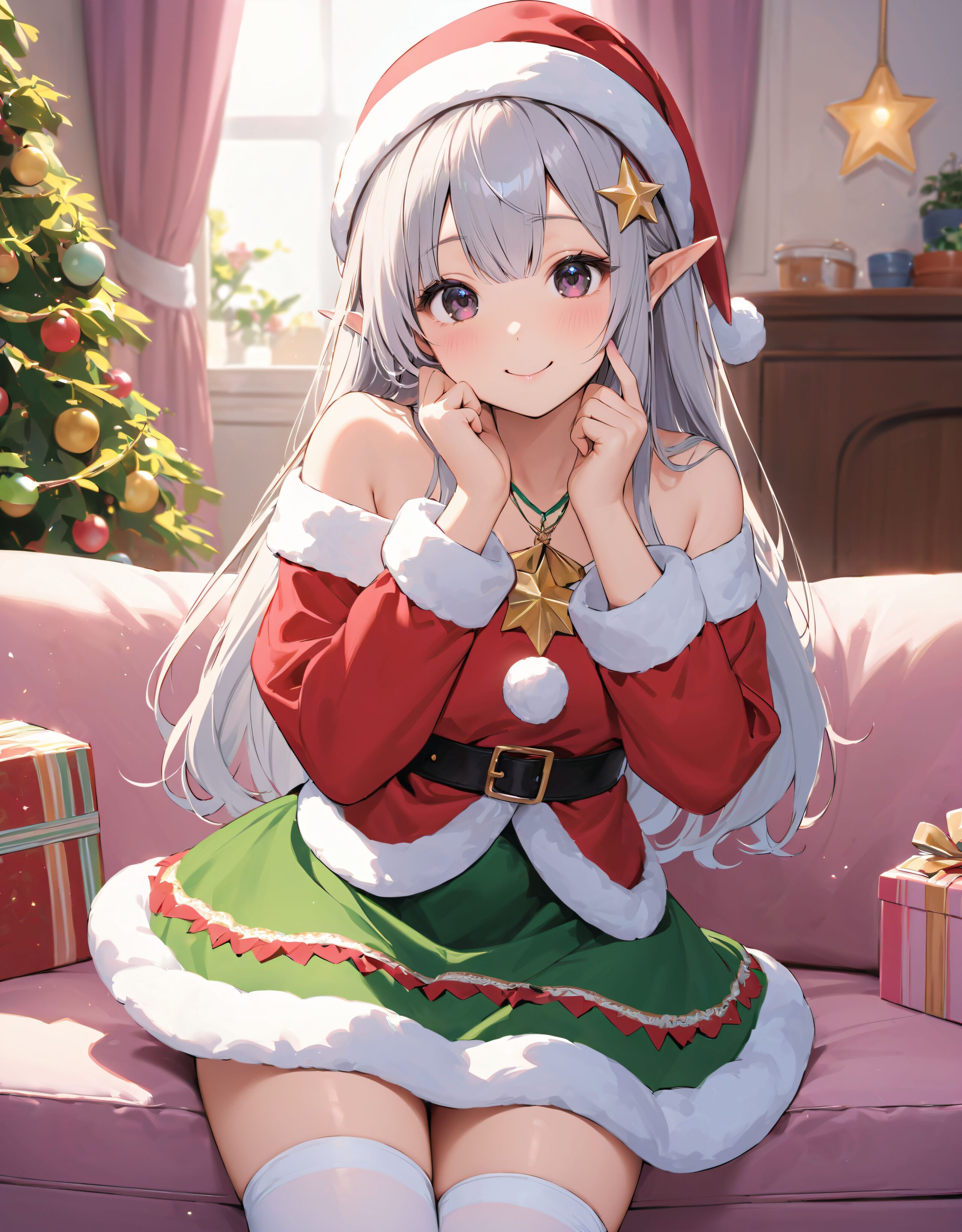 (a idol girl dressed as Santa Claus are looking at us: 1.9),
(Close-up shot:1.4),

dynamic angle,
well-rounded breasts, happiness, depth of field, bed, girl's room,

(The room in the background is decorated in soft, girlish colors. The room has been enchanted, and a gentle light illuminates the many items in the room:1/7),
(The girl is wearing a confident smile:1.8)
(The whole screen is a scene where fantasy elements and her erotic-kawaii charm fuse together:1.9),


BLAKE


(brightly illuminates the front of her face:1.7),
(kawaii face:1.3),ngentle smile, shy demeanour, (Idol smile with a innocence:1.3),

( I put on my favourite Santa costume and it was photo time! The photo shoot was in the warm living room, with a glittering Christmas tree in the background. My theme was ?cute but also a little mature Santa?:1.8),

happiness room, depth of field,

((The room in the background is decorated in soft, girlish colors. The room has been enchanted, and a gentle light illuminates the many items in the room:1.4),
(The girl is wearing a confident smile:1.2),
(The whole screen is a scene where fantasy elements and her erotic-kawaii charm fuse together:1.7):1.3),

BLAKE

( I put on my favourite Santa costume and it was photo time! The photo shoot was in the warm living room, with a glittering Christmas tree in the background. My theme was ?cute but also a little mature Santa?:1.8),

(High-resolution, detailed graphics capture every detail:1.6), 
(from individual strands of hair to the intricate fabrics of her costume:1.7),
(with professional-grade clarity and contrast bringing vibrant colors to life:1.8),

BLAKE


A charming 16-year-old girl with long, pointed ears, displaying an innocent and youthful expression,

She has a gentle smile and soft blushing cheeks, with a shy personality and attitude,

Her face is incredibly kawaii like an idol, with her mouth lightly closed, smiling with the corners of her mouth turned up, and full pouty lips,

(Her dark deep green eyes complement her stylish short silver hair with a delicate flow, adorned with a silver hairpiece:1.1),

She wears a green blouse with a frilled neckline, a corset top with golden cross-stitching, an emerald green cape shoulder-clasped with a golden brooch,

Her outfit includes leaf-shaped shoulder pauldrons, wrist cuffs with green cloth, and a multi-layered skirt with golden trim on the hem,

She accessorizes with a leather utility belt with a pouch, thigh-high boots, contrasting colors, and golden accessories including a necklace, bracelets, and an intricate golden armband,

Additional features include a green sleeveless blouse, a white top, a brown leather corset with gold trim, an emerald pendant necklace, a dark cape with a gold clasp, and bracers on her forearms,

Her outfit is further detailed with a puff-sleeve blouse, a deep moss green skirt with pleats, sheer white stockings, gold ankle bracelets, a golden wrist cuff, a black choker with a golden pendant, and hair ties with black ribbons,

Her cheeks have a warm blush, and she has small golden buttons down the front of the bodice,

She carries a small dagger sheathed at her waist, wears black fingerless gloves, intricate lace detailing adorns her blouse, floral accents are present on her skirt, golden chains drape across the bodice, and she has a golden ring on her finger,

Soft, ambient lighting accentuates the outfit?s details, creating a harmonious blend of traditional fantasy with modern stylistic choices, embodying a timeless yet contemporary,

She can be depicted in various poses and settings, making eye contact or looking away, embodying childlike wonder or graceful elegance,

The low angle accentuates her kawaii nature, highlighting the delicate textures of her hair and clothing, with natural light casting soft shadows and accentuating the youthful contours of her face,

She is brought into sharp focus with a shallow depth of field from a 50mm f/1.2 lens, providing beautiful depth-of-field blur with her face in focus,

High-resolution, detailed graphics capture every detail, from individual strands of hair to the intricate fabrics of her costume, with professional-grade clarity and contrast bringing vibrant colors to life,


BLAKE



slightly rounded breasts, happiness, depth of field, bed, girl's room,(leaning forward),

The room in the background is decorated in soft, girlish colors. The room has been enchanted, and a gentle light illuminates the many items in the room.
The girl is wearing a confident smile.
The whole screen is a scene where fantasy elements and her erotic-kawaii charm fuse together.


(Our elves' Christmas trees are a little bit special. They feature gold and green decorations imbued with the magic of the earth, and you can feel the warm energy just by touching them. This year's theme is ?a starry night sky?. At the top of the tree, we have decorated an oversized star decoration to symbolise the stars in the night sky. At the party, we have lots of fun things to do, like exchanging presents and enjoying sweets made from forest fruits! The elves' carols, sung together with their friends, echo throughout the forest, spreading a special kind of magic. I hope you can experience this fantastic atmosphere, which you won't find in the human world:1.6),

BLAKE


(brightly illuminates the front of her face:1.7),
(kawaii face:1.3),ngentle smile, shy demeanour, (Idol smile with a innocence:1.3),


happiness room, depth of field,

((The room in the background is decorated in soft, girlish colors. The room has been enchanted, and a gentle light illuminates the many items in the room:1.4),
(The girl is wearing a confident smile:1.2),
(The whole screen is a scene where fantasy elements and her erotic-kawaii charm fuse together:1.7):1.3),

(High-resolution, detailed graphics capture every detail:1.6), 
(from individual strands of hair to the intricate fabrics of her costume:1.7),
(with professional-grade clarity and contrast bringing vibrant colors to life:1.8),