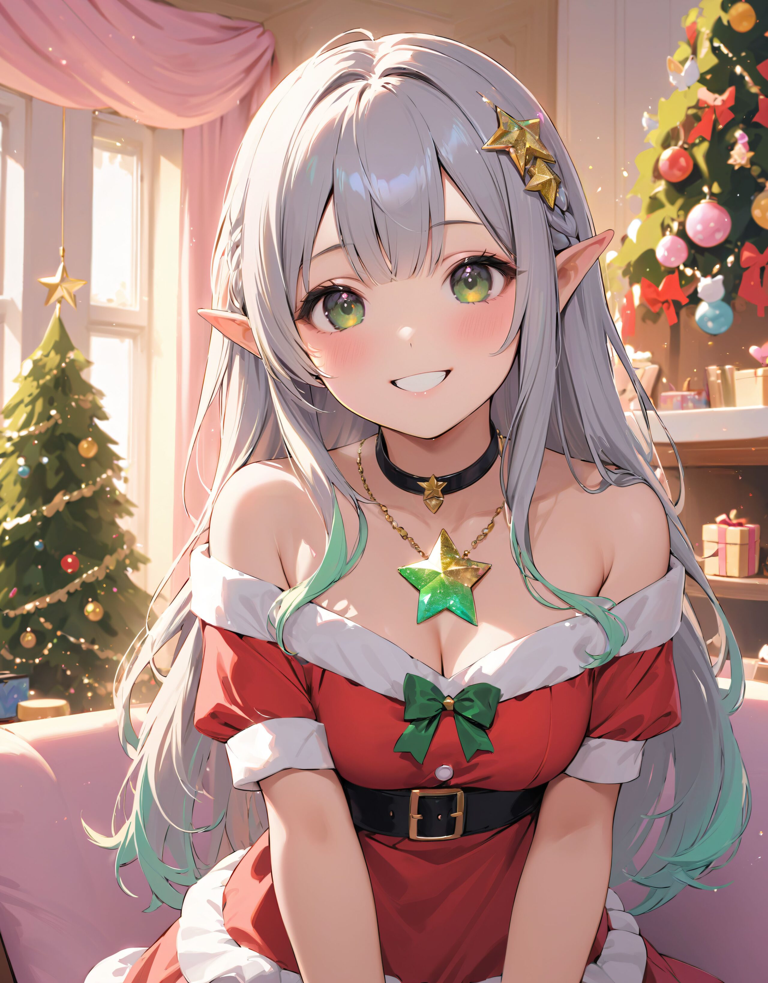 (a idol girl dressed as Santa Claus are looking at us: 1.9),
(Close-up shot:1.4),

dynamic angle,
well-rounded breasts, happiness, depth of field, bed, girl's room,

(The room in the background is decorated in soft, girlish colors. The room has been enchanted, and a gentle light illuminates the many items in the room:1/7),
(The girl is wearing a confident smile:1.8)
(The whole screen is a scene where fantasy elements and her erotic-kawaii charm fuse together:1.9),


BLAKE


(brightly illuminates the front of her face:1.7),
(kawaii face:1.3),ngentle smile, shy demeanour, (Idol smile with a innocence:1.3),

( I put on my favourite Santa costume and it was photo time! The photo shoot was in the warm living room, with a glittering Christmas tree in the background. My theme was ?cute but also a little mature Santa?:1.8),

happiness room, depth of field,

((The room in the background is decorated in soft, girlish colors. The room has been enchanted, and a gentle light illuminates the many items in the room:1.4),
(The girl is wearing a confident smile:1.2),
(The whole screen is a scene where fantasy elements and her erotic-kawaii charm fuse together:1.7):1.3),

BLAKE

( I put on my favourite Santa costume and it was photo time! The photo shoot was in the warm living room, with a glittering Christmas tree in the background. My theme was ?cute but also a little mature Santa?:1.8),

(High-resolution, detailed graphics capture every detail:1.6), 
(from individual strands of hair to the intricate fabrics of her costume:1.7),
(with professional-grade clarity and contrast bringing vibrant colors to life:1.8),

BLAKE


A charming 16-year-old girl with long, pointed ears, displaying an innocent and youthful expression,

She has a gentle smile and soft blushing cheeks, with a shy personality and attitude,

Her face is incredibly kawaii like an idol, with her mouth lightly closed, smiling with the corners of her mouth turned up, and full pouty lips,

(Her dark deep green eyes complement her stylish short silver hair with a delicate flow, adorned with a silver hairpiece:1.1),

She wears a green blouse with a frilled neckline, a corset top with golden cross-stitching, an emerald green cape shoulder-clasped with a golden brooch,

Her outfit includes leaf-shaped shoulder pauldrons, wrist cuffs with green cloth, and a multi-layered skirt with golden trim on the hem,

She accessorizes with a leather utility belt with a pouch, thigh-high boots, contrasting colors, and golden accessories including a necklace, bracelets, and an intricate golden armband,

Additional features include a green sleeveless blouse, a white top, a brown leather corset with gold trim, an emerald pendant necklace, a dark cape with a gold clasp, and bracers on her forearms,

Her outfit is further detailed with a puff-sleeve blouse, a deep moss green skirt with pleats, sheer white stockings, gold ankle bracelets, a golden wrist cuff, a black choker with a golden pendant, and hair ties with black ribbons,

Her cheeks have a warm blush, and she has small golden buttons down the front of the bodice,

She carries a small dagger sheathed at her waist, wears black fingerless gloves, intricate lace detailing adorns her blouse, floral accents are present on her skirt, golden chains drape across the bodice, and she has a golden ring on her finger,

Soft, ambient lighting accentuates the outfit?s details, creating a harmonious blend of traditional fantasy with modern stylistic choices, embodying a timeless yet contemporary,

She can be depicted in various poses and settings, making eye contact or looking away, embodying childlike wonder or graceful elegance,

The low angle accentuates her kawaii nature, highlighting the delicate textures of her hair and clothing, with natural light casting soft shadows and accentuating the youthful contours of her face,

She is brought into sharp focus with a shallow depth of field from a 50mm f/1.2 lens, providing beautiful depth-of-field blur with her face in focus,

High-resolution, detailed graphics capture every detail, from individual strands of hair to the intricate fabrics of her costume, with professional-grade clarity and contrast bringing vibrant colors to life,


BLAKE



slightly rounded breasts, happiness, depth of field, bed, girl's room,(leaning forward),

The room in the background is decorated in soft, girlish colors. The room has been enchanted, and a gentle light illuminates the many items in the room.
The girl is wearing a confident smile.
The whole screen is a scene where fantasy elements and her erotic-kawaii charm fuse together.


(Our elves' Christmas trees are a little bit special. They feature gold and green decorations imbued with the magic of the earth, and you can feel the warm energy just by touching them. This year's theme is ?a starry night sky?. At the top of the tree, we have decorated an oversized star decoration to symbolise the stars in the night sky. At the party, we have lots of fun things to do, like exchanging presents and enjoying sweets made from forest fruits! The elves' carols, sung together with their friends, echo throughout the forest, spreading a special kind of magic. I hope you can experience this fantastic atmosphere, which you won't find in the human world:1.6),

BLAKE


(brightly illuminates the front of her face:1.7),
(kawaii face:1.3),ngentle smile, shy demeanour, (Idol smile with a innocence:1.3),


happiness room, depth of field,

((The room in the background is decorated in soft, girlish colors. The room has been enchanted, and a gentle light illuminates the many items in the room:1.4),
(The girl is wearing a confident smile:1.2),
(The whole screen is a scene where fantasy elements and her erotic-kawaii charm fuse together:1.7):1.3),

(High-resolution, detailed graphics capture every detail:1.6), 
(from individual strands of hair to the intricate fabrics of her costume:1.7),
(with professional-grade clarity and contrast bringing vibrant colors to life:1.8),