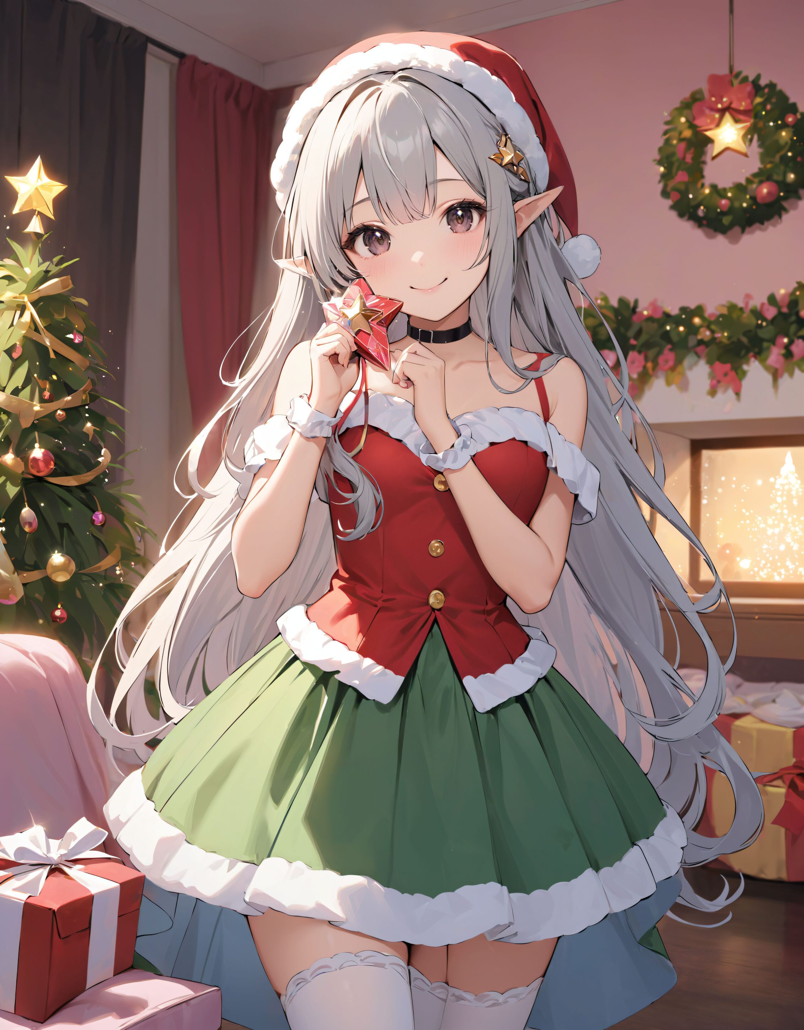 (a idol girl dressed as Santa Claus are looking at us: 1.9),
(Close-up shot:1.4),

dynamic angle,
well-rounded breasts, happiness, depth of field, bed, girl's room,

(The room in the background is decorated in soft, girlish colors. The room has been enchanted, and a gentle light illuminates the many items in the room:1/7),
(The girl is wearing a confident smile:1.8)
(The whole screen is a scene where fantasy elements and her erotic-kawaii charm fuse together:1.9),


BLAKE


(brightly illuminates the front of her face:1.7),
(kawaii face:1.3),ngentle smile, shy demeanour, (Idol smile with a innocence:1.3),

( I put on my favourite Santa costume and it was photo time! The photo shoot was in the warm living room, with a glittering Christmas tree in the background. My theme was ?cute but also a little mature Santa?:1.8),

happiness room, depth of field,

((The room in the background is decorated in soft, girlish colors. The room has been enchanted, and a gentle light illuminates the many items in the room:1.4),
(The girl is wearing a confident smile:1.2),
(The whole screen is a scene where fantasy elements and her erotic-kawaii charm fuse together:1.7):1.3),

BLAKE

( I put on my favourite Santa costume and it was photo time! The photo shoot was in the warm living room, with a glittering Christmas tree in the background. My theme was ?cute but also a little mature Santa?:1.8),

(High-resolution, detailed graphics capture every detail:1.6), 
(from individual strands of hair to the intricate fabrics of her costume:1.7),
(with professional-grade clarity and contrast bringing vibrant colors to life:1.8),

BLAKE


A charming 16-year-old girl with long, pointed ears, displaying an innocent and youthful expression,

She has a gentle smile and soft blushing cheeks, with a shy personality and attitude,

Her face is incredibly kawaii like an idol, with her mouth lightly closed, smiling with the corners of her mouth turned up, and full pouty lips,

(Her dark deep green eyes complement her stylish short silver hair with a delicate flow, adorned with a silver hairpiece:1.1),

She wears a green blouse with a frilled neckline, a corset top with golden cross-stitching, an emerald green cape shoulder-clasped with a golden brooch,

Her outfit includes leaf-shaped shoulder pauldrons, wrist cuffs with green cloth, and a multi-layered skirt with golden trim on the hem,

She accessorizes with a leather utility belt with a pouch, thigh-high boots, contrasting colors, and golden accessories including a necklace, bracelets, and an intricate golden armband,

Additional features include a green sleeveless blouse, a white top, a brown leather corset with gold trim, an emerald pendant necklace, a dark cape with a gold clasp, and bracers on her forearms,

Her outfit is further detailed with a puff-sleeve blouse, a deep moss green skirt with pleats, sheer white stockings, gold ankle bracelets, a golden wrist cuff, a black choker with a golden pendant, and hair ties with black ribbons,

Her cheeks have a warm blush, and she has small golden buttons down the front of the bodice,

She carries a small dagger sheathed at her waist, wears black fingerless gloves, intricate lace detailing adorns her blouse, floral accents are present on her skirt, golden chains drape across the bodice, and she has a golden ring on her finger,

Soft, ambient lighting accentuates the outfit?s details, creating a harmonious blend of traditional fantasy with modern stylistic choices, embodying a timeless yet contemporary,

She can be depicted in various poses and settings, making eye contact or looking away, embodying childlike wonder or graceful elegance,

The low angle accentuates her kawaii nature, highlighting the delicate textures of her hair and clothing, with natural light casting soft shadows and accentuating the youthful contours of her face,

She is brought into sharp focus with a shallow depth of field from a 50mm f/1.2 lens, providing beautiful depth-of-field blur with her face in focus,

High-resolution, detailed graphics capture every detail, from individual strands of hair to the intricate fabrics of her costume, with professional-grade clarity and contrast bringing vibrant colors to life,


BLAKE



slightly rounded breasts, happiness, depth of field, bed, girl's room,(leaning forward),

The room in the background is decorated in soft, girlish colors. The room has been enchanted, and a gentle light illuminates the many items in the room.
The girl is wearing a confident smile.
The whole screen is a scene where fantasy elements and her erotic-kawaii charm fuse together.


(Our elves' Christmas trees are a little bit special. They feature gold and green decorations imbued with the magic of the earth, and you can feel the warm energy just by touching them. This year's theme is ?a starry night sky?. At the top of the tree, we have decorated an oversized star decoration to symbolise the stars in the night sky. At the party, we have lots of fun things to do, like exchanging presents and enjoying sweets made from forest fruits! The elves' carols, sung together with their friends, echo throughout the forest, spreading a special kind of magic. I hope you can experience this fantastic atmosphere, which you won't find in the human world:1.6),

BLAKE


(brightly illuminates the front of her face:1.7),
(kawaii face:1.3),ngentle smile, shy demeanour, (Idol smile with a innocence:1.3),


happiness room, depth of field,

((The room in the background is decorated in soft, girlish colors. The room has been enchanted, and a gentle light illuminates the many items in the room:1.4),
(The girl is wearing a confident smile:1.2),
(The whole screen is a scene where fantasy elements and her erotic-kawaii charm fuse together:1.7):1.3),

(High-resolution, detailed graphics capture every detail:1.6), 
(from individual strands of hair to the intricate fabrics of her costume:1.7),
(with professional-grade clarity and contrast bringing vibrant colors to life:1.8),