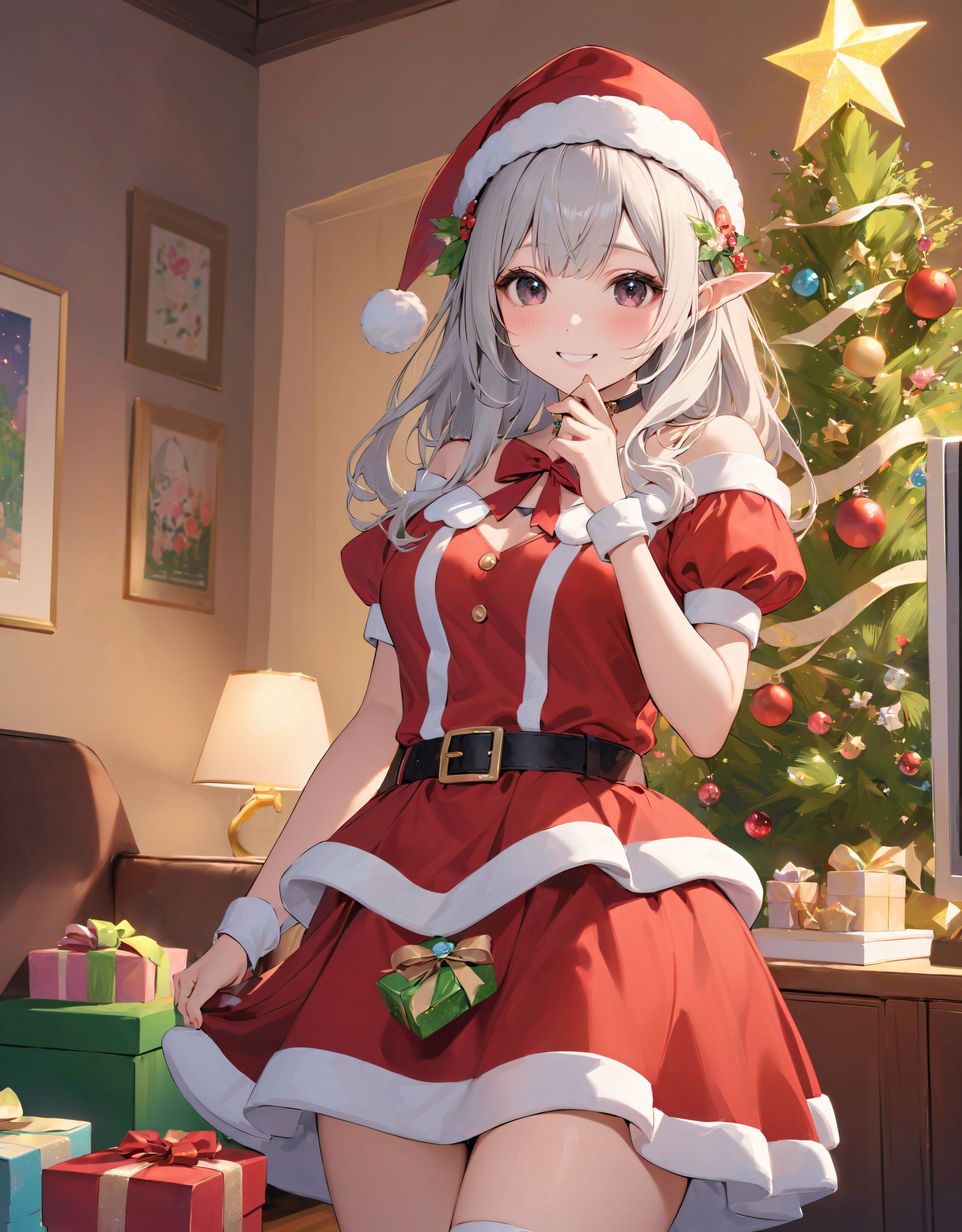 (a idol girl dressed as Santa Claus are looking at us: 1.9),
(Close-up shot:1.4),

dynamic angle,
well-rounded breasts, happiness, depth of field, bed, girl's room,

(The room in the background is decorated in soft, girlish colors. The room has been enchanted, and a gentle light illuminates the many items in the room:1/7),
(The girl is wearing a confident smile:1.8)
(The whole screen is a scene where fantasy elements and her erotic-kawaii charm fuse together:1.9),


BLAKE


(brightly illuminates the front of her face:1.7),
(kawaii face:1.3),ngentle smile, shy demeanour, (Idol smile with a innocence:1.3),

( I put on my favourite Santa costume and it was photo time! The photo shoot was in the warm living room, with a glittering Christmas tree in the background. My theme was ?cute but also a little mature Santa?:1.8),

happiness room, depth of field,

((The room in the background is decorated in soft, girlish colors. The room has been enchanted, and a gentle light illuminates the many items in the room:1.4),
(The girl is wearing a confident smile:1.2),
(The whole screen is a scene where fantasy elements and her erotic-kawaii charm fuse together:1.7):1.3),

BLAKE

( I put on my favourite Santa costume and it was photo time! The photo shoot was in the warm living room, with a glittering Christmas tree in the background. My theme was ?cute but also a little mature Santa?:1.8),

(High-resolution, detailed graphics capture every detail:1.6), 
(from individual strands of hair to the intricate fabrics of her costume:1.7),
(with professional-grade clarity and contrast bringing vibrant colors to life:1.8),

BLAKE


A charming 16-year-old girl with long, pointed ears, displaying an innocent and youthful expression,

She has a gentle smile and soft blushing cheeks, with a shy personality and attitude,

Her face is incredibly kawaii like an idol, with her mouth lightly closed, smiling with the corners of her mouth turned up, and full pouty lips,

(Her dark deep green eyes complement her stylish short silver hair with a delicate flow, adorned with a silver hairpiece:1.1),

She wears a green blouse with a frilled neckline, a corset top with golden cross-stitching, an emerald green cape shoulder-clasped with a golden brooch,

Her outfit includes leaf-shaped shoulder pauldrons, wrist cuffs with green cloth, and a multi-layered skirt with golden trim on the hem,

She accessorizes with a leather utility belt with a pouch, thigh-high boots, contrasting colors, and golden accessories including a necklace, bracelets, and an intricate golden armband,

Additional features include a green sleeveless blouse, a white top, a brown leather corset with gold trim, an emerald pendant necklace, a dark cape with a gold clasp, and bracers on her forearms,

Her outfit is further detailed with a puff-sleeve blouse, a deep moss green skirt with pleats, sheer white stockings, gold ankle bracelets, a golden wrist cuff, a black choker with a golden pendant, and hair ties with black ribbons,

Her cheeks have a warm blush, and she has small golden buttons down the front of the bodice,

She carries a small dagger sheathed at her waist, wears black fingerless gloves, intricate lace detailing adorns her blouse, floral accents are present on her skirt, golden chains drape across the bodice, and she has a golden ring on her finger,

Soft, ambient lighting accentuates the outfit?s details, creating a harmonious blend of traditional fantasy with modern stylistic choices, embodying a timeless yet contemporary,

She can be depicted in various poses and settings, making eye contact or looking away, embodying childlike wonder or graceful elegance,

The low angle accentuates her kawaii nature, highlighting the delicate textures of her hair and clothing, with natural light casting soft shadows and accentuating the youthful contours of her face,

She is brought into sharp focus with a shallow depth of field from a 50mm f/1.2 lens, providing beautiful depth-of-field blur with her face in focus,

High-resolution, detailed graphics capture every detail, from individual strands of hair to the intricate fabrics of her costume, with professional-grade clarity and contrast bringing vibrant colors to life,


BLAKE



slightly rounded breasts, happiness, depth of field, bed, girl's room,(leaning forward),

The room in the background is decorated in soft, girlish colors. The room has been enchanted, and a gentle light illuminates the many items in the room.
The girl is wearing a confident smile.
The whole screen is a scene where fantasy elements and her erotic-kawaii charm fuse together.


(Our elves' Christmas trees are a little bit special. They feature gold and green decorations imbued with the magic of the earth, and you can feel the warm energy just by touching them. This year's theme is ?a starry night sky?. At the top of the tree, we have decorated an oversized star decoration to symbolise the stars in the night sky. At the party, we have lots of fun things to do, like exchanging presents and enjoying sweets made from forest fruits! The elves' carols, sung together with their friends, echo throughout the forest, spreading a special kind of magic. I hope you can experience this fantastic atmosphere, which you won't find in the human world:1.6),

BLAKE


(brightly illuminates the front of her face:1.7),
(kawaii face:1.3),ngentle smile, shy demeanour, (Idol smile with a innocence:1.3),


happiness room, depth of field,

((The room in the background is decorated in soft, girlish colors. The room has been enchanted, and a gentle light illuminates the many items in the room:1.4),
(The girl is wearing a confident smile:1.2),
(The whole screen is a scene where fantasy elements and her erotic-kawaii charm fuse together:1.7):1.3),

(High-resolution, detailed graphics capture every detail:1.6), 
(from individual strands of hair to the intricate fabrics of her costume:1.7),
(with professional-grade clarity and contrast bringing vibrant colors to life:1.8),