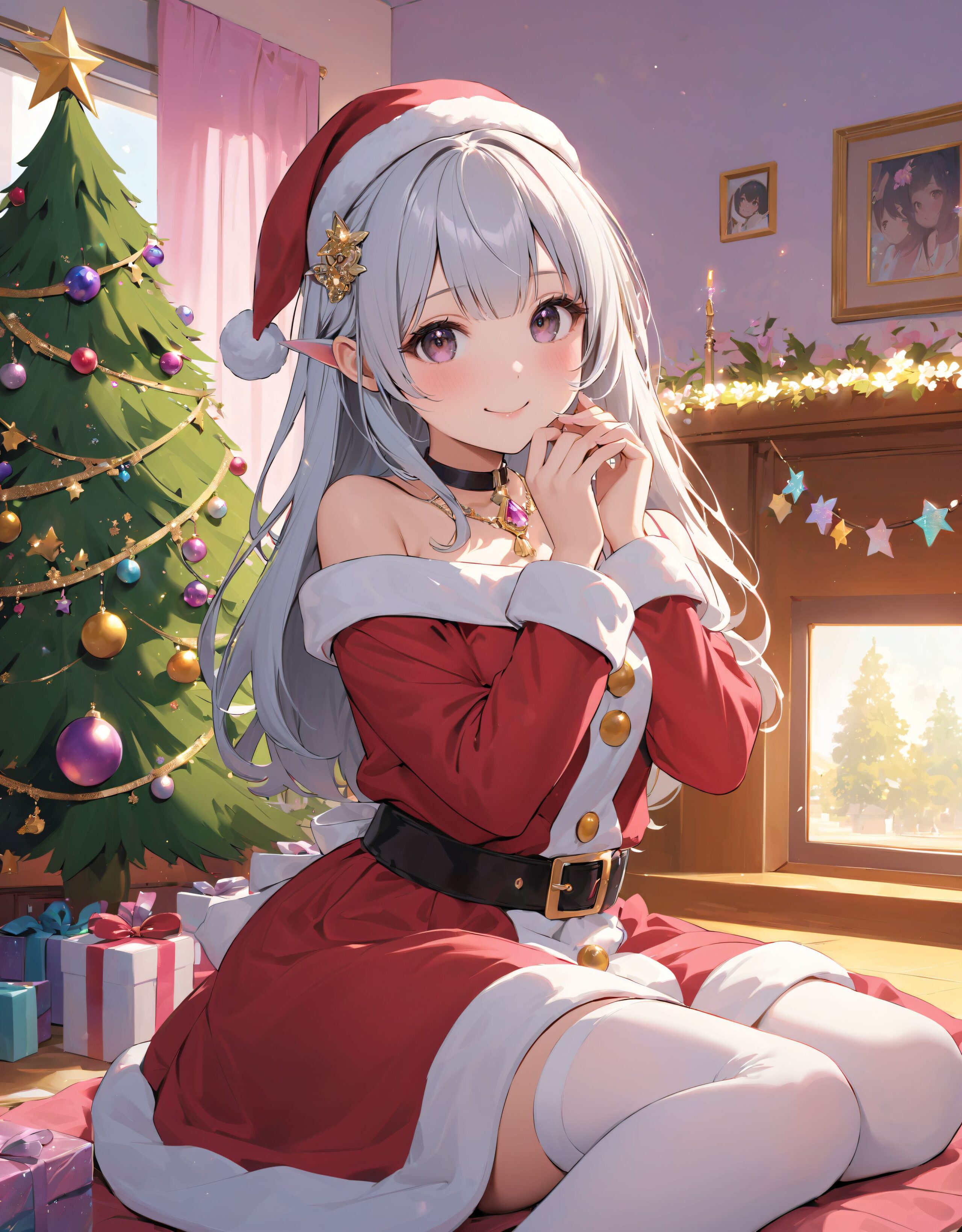 (a idol girl dressed as Santa Claus are looking at us: 1.9),
(Close-up shot:1.4),

dynamic angle,
well-rounded breasts, happiness, depth of field, bed, girl's room,

(The room in the background is decorated in soft, girlish colors. The room has been enchanted, and a gentle light illuminates the many items in the room:1/7),
(The girl is wearing a confident smile:1.8)
(The whole screen is a scene where fantasy elements and her erotic-kawaii charm fuse together:1.9),


BLAKE


(brightly illuminates the front of her face:1.7),
(kawaii face:1.3),ngentle smile, shy demeanour, (Idol smile with a innocence:1.3),

( I put on my favourite Santa costume and it was photo time! The photo shoot was in the warm living room, with a glittering Christmas tree in the background. My theme was ?cute but also a little mature Santa?:1.8),

happiness room, depth of field,

((The room in the background is decorated in soft, girlish colors. The room has been enchanted, and a gentle light illuminates the many items in the room:1.4),
(The girl is wearing a confident smile:1.2),
(The whole screen is a scene where fantasy elements and her erotic-kawaii charm fuse together:1.7):1.3),

BLAKE

( I put on my favourite Santa costume and it was photo time! The photo shoot was in the warm living room, with a glittering Christmas tree in the background. My theme was ?cute but also a little mature Santa?:1.8),

(High-resolution, detailed graphics capture every detail:1.6), 
(from individual strands of hair to the intricate fabrics of her costume:1.7),
(with professional-grade clarity and contrast bringing vibrant colors to life:1.8),

BLAKE


A charming 16-year-old girl with long, pointed ears, displaying an innocent and youthful expression,

She has a gentle smile and soft blushing cheeks, with a shy personality and attitude,

Her face is incredibly kawaii like an idol, with her mouth lightly closed, smiling with the corners of her mouth turned up, and full pouty lips,

(Her dark deep green eyes complement her stylish short silver hair with a delicate flow, adorned with a silver hairpiece:1.1),

She wears a green blouse with a frilled neckline, a corset top with golden cross-stitching, an emerald green cape shoulder-clasped with a golden brooch,

Her outfit includes leaf-shaped shoulder pauldrons, wrist cuffs with green cloth, and a multi-layered skirt with golden trim on the hem,

She accessorizes with a leather utility belt with a pouch, thigh-high boots, contrasting colors, and golden accessories including a necklace, bracelets, and an intricate golden armband,

Additional features include a green sleeveless blouse, a white top, a brown leather corset with gold trim, an emerald pendant necklace, a dark cape with a gold clasp, and bracers on her forearms,

Her outfit is further detailed with a puff-sleeve blouse, a deep moss green skirt with pleats, sheer white stockings, gold ankle bracelets, a golden wrist cuff, a black choker with a golden pendant, and hair ties with black ribbons,

Her cheeks have a warm blush, and she has small golden buttons down the front of the bodice,

She carries a small dagger sheathed at her waist, wears black fingerless gloves, intricate lace detailing adorns her blouse, floral accents are present on her skirt, golden chains drape across the bodice, and she has a golden ring on her finger,

Soft, ambient lighting accentuates the outfit?s details, creating a harmonious blend of traditional fantasy with modern stylistic choices, embodying a timeless yet contemporary,

She can be depicted in various poses and settings, making eye contact or looking away, embodying childlike wonder or graceful elegance,

The low angle accentuates her kawaii nature, highlighting the delicate textures of her hair and clothing, with natural light casting soft shadows and accentuating the youthful contours of her face,

She is brought into sharp focus with a shallow depth of field from a 50mm f/1.2 lens, providing beautiful depth-of-field blur with her face in focus,

High-resolution, detailed graphics capture every detail, from individual strands of hair to the intricate fabrics of her costume, with professional-grade clarity and contrast bringing vibrant colors to life,


BLAKE



slightly rounded breasts, happiness, depth of field, bed, girl's room,(leaning forward),

The room in the background is decorated in soft, girlish colors. The room has been enchanted, and a gentle light illuminates the many items in the room.
The girl is wearing a confident smile.
The whole screen is a scene where fantasy elements and her erotic-kawaii charm fuse together.


(Our elves' Christmas trees are a little bit special. They feature gold and green decorations imbued with the magic of the earth, and you can feel the warm energy just by touching them. This year's theme is ?a starry night sky?. At the top of the tree, we have decorated an oversized star decoration to symbolise the stars in the night sky. At the party, we have lots of fun things to do, like exchanging presents and enjoying sweets made from forest fruits! The elves' carols, sung together with their friends, echo throughout the forest, spreading a special kind of magic. I hope you can experience this fantastic atmosphere, which you won't find in the human world:1.6),

BLAKE


(brightly illuminates the front of her face:1.7),
(kawaii face:1.3),ngentle smile, shy demeanour, (Idol smile with a innocence:1.3),


happiness room, depth of field,

((The room in the background is decorated in soft, girlish colors. The room has been enchanted, and a gentle light illuminates the many items in the room:1.4),
(The girl is wearing a confident smile:1.2),
(The whole screen is a scene where fantasy elements and her erotic-kawaii charm fuse together:1.7):1.3),

(High-resolution, detailed graphics capture every detail:1.6), 
(from individual strands of hair to the intricate fabrics of her costume:1.7),
(with professional-grade clarity and contrast bringing vibrant colors to life:1.8),