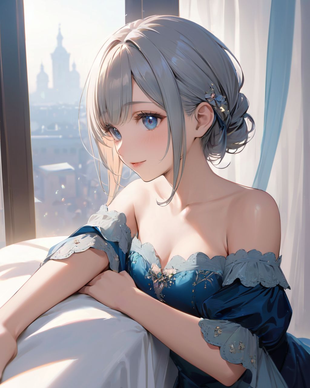 (A girl holding a curtain open by a large window and bathing in the morning sun: 1.9) , 
(The loose pyjamas softly complement the silhouette, and the slightly disheveled hair creates a natural look:1.8),

BLAKE

A youthful and elegant 16-year-old girl named Ellis, with a charming combination of innocence and refined allure. She has silver hair styled in a short, delicate cut that flows naturally, and radiant deep blue-green eyes full of purity and curiosity. Her soft smile and gentle expressions embody a sense of shyness and warmth. Ellis exudes an ideal mix of natural kawaii charm and elegance, perfect for a fantasy-inspired, fairy-tale world,large breasts,

joy,Looking with sparkling eyes,

She is always presented with a clear focus on her captivating facial features and delicate hair texture, emphasized by soft, natural lighting and a shallow depth of field,



Her wardrobe blends elements of Lolita fashion with elegant and girlish designs, featuring delicate lace, pastel colors, and subtle floral patterns that complement her ethereal presence,
(Sapphire Blue off-shoulder velvet midi dress,:1.4),
(sliding from shoulders:1.2),
Burnt orange micro bikini with sporty elastic bands
The background often features bright, enchanting environments such as cozy, softly lit rooms or idyllic gardens, adding to the fantasy atmosphere,

cyberpunk city

Every shot captures her beauty and individuality with professional-quality detail, highlighting her vivid colors, graceful poses, and serene demeanor,

High-resolution, ultra-detailed 4K visuals,
Shallow depth of field with a 50mm f/1.2 lens effect,
Soft natural light with a warm tone to enhance her youthful features,
A focus on lifelike textures in her clothing, hair, and environment,