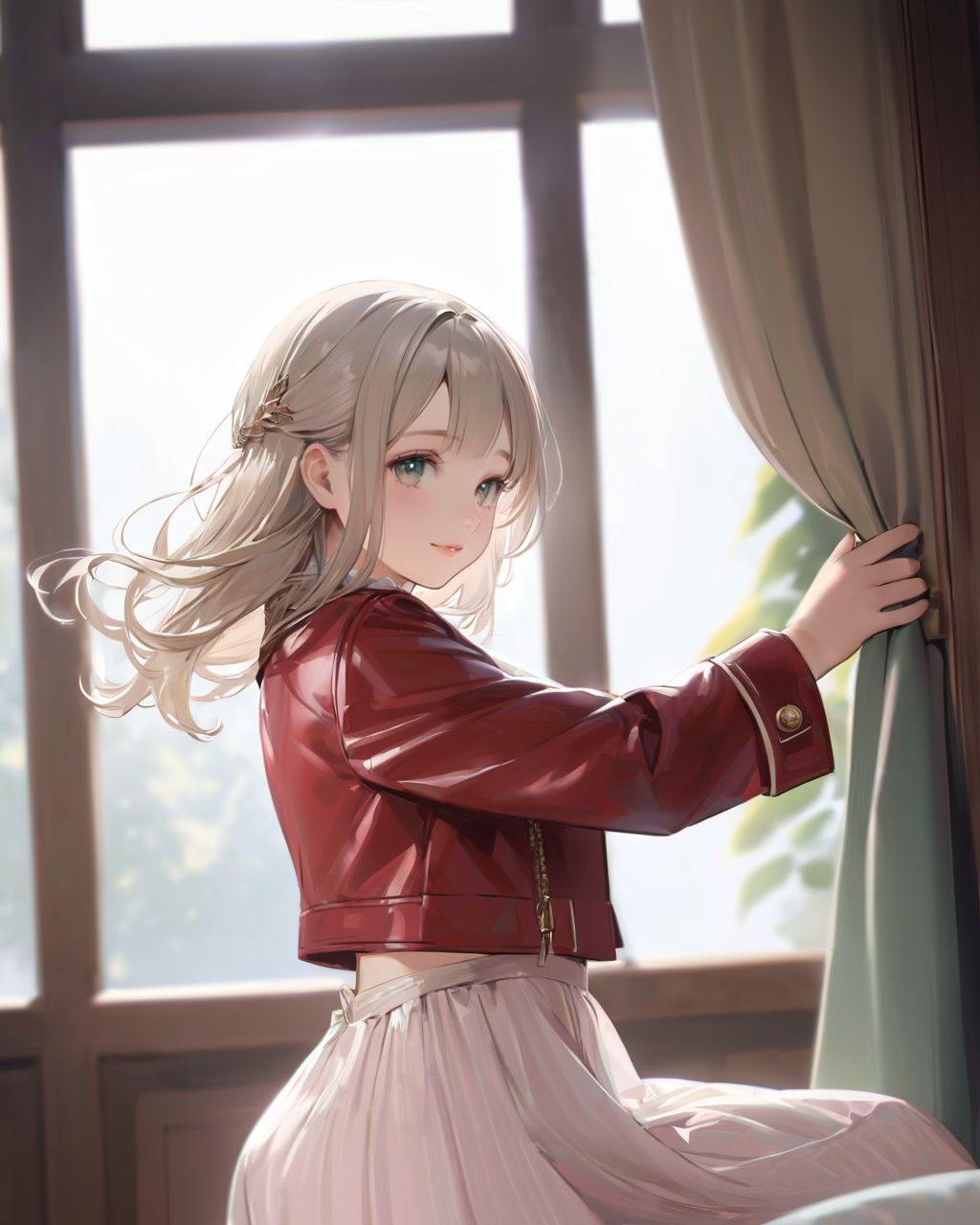 (A girl holding a curtain open by a large window and bathing in the morning sun: 1.9) , 
(The loose pyjamas softly complement the silhouette, and the slightly disheveled hair creates a natural look:1.8),

BLAKE

A youthful and elegant 16-year-old girl named Ellis, with a charming combination of innocence and refined allure. She has silver hair styled in a short, delicate cut that flows naturally, and radiant deep blue-green eyes full of purity and curiosity. Her soft smile and gentle expressions embody a sense of shyness and warmth. Ellis exudes an ideal mix of natural kawaii charm and elegance, perfect for a fantasy-inspired, fairy-tale world,large breasts,

joy,Raising one?s hand,

She is always presented with a clear focus on her captivating facial features and delicate hair texture, emphasized by soft, natural lighting and a shallow depth of field,



Her wardrobe blends elements of Lolita fashion with elegant and girlish designs, featuring delicate lace, pastel colors, and subtle floral patterns that complement her ethereal presence,
(Rich Red cropped faux leather jacket,:1.4),
(adjusting placement:1.2),
Pastel striped swimsuit with ruched bandeau top
The background often features bright, enchanting environments such as cozy, softly lit rooms or idyllic gardens, adding to the fantasy atmosphere,

ramen shop

Every shot captures her beauty and individuality with professional-quality detail, highlighting her vivid colors, graceful poses, and serene demeanor,

High-resolution, ultra-detailed 4K visuals,
Shallow depth of field with a 50mm f/1.2 lens effect,
Soft natural light with a warm tone to enhance her youthful features,
A focus on lifelike textures in her clothing, hair, and environment,