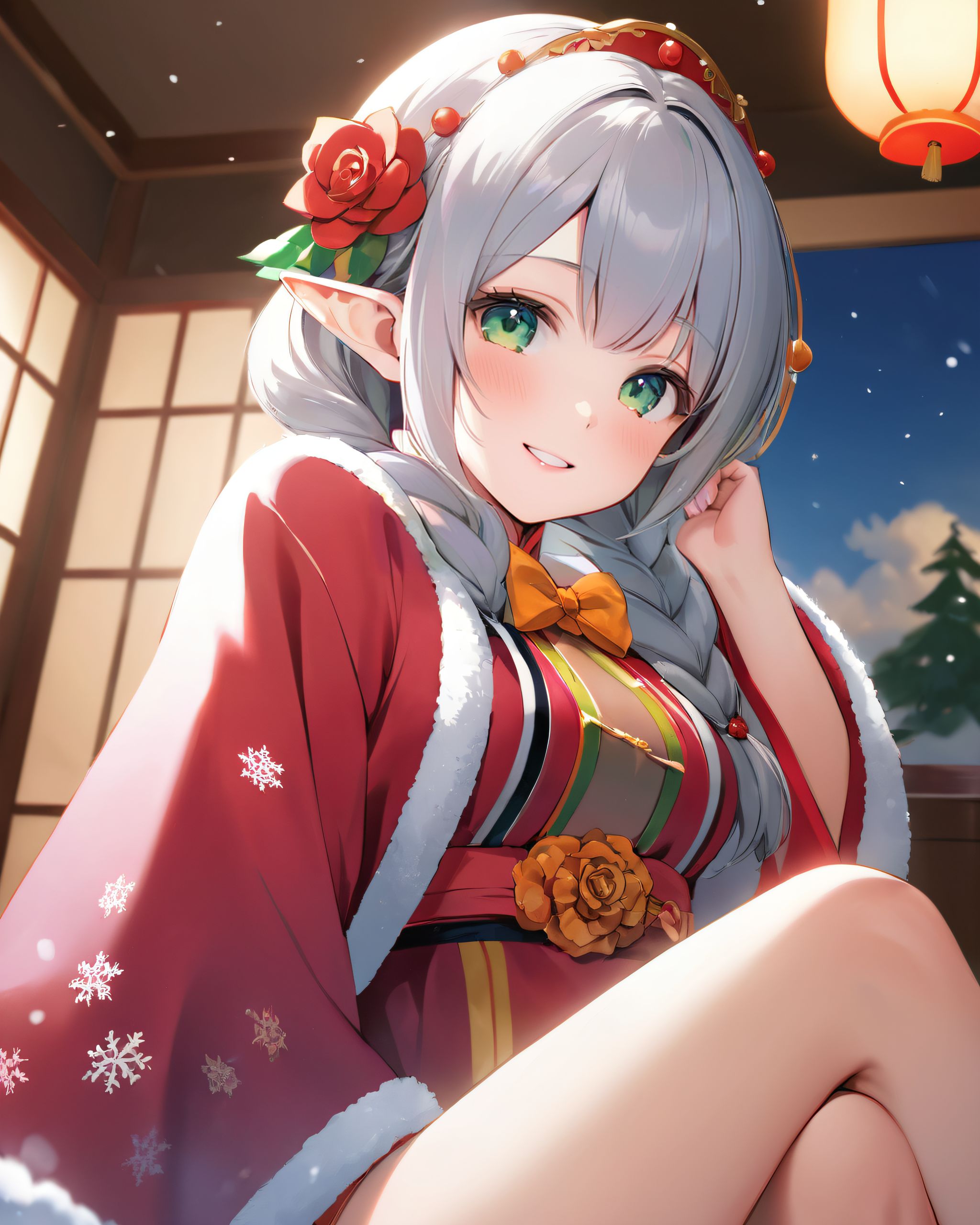 twin braids, solo, print kimono, floral print, open mouth, tree, smile, snowing, hair ornament, grey eyes, new year, white flower, cloudy sky, red kimono, :d, lantern, parted bangs, paper lantern, long hair, very long hair, rose, pointy ears, flower, standing, snowflakes, sky, outdoors, mountainous horizon, holding, wide sleeves, tassel, snake, kimono, blue sky, japanese clothes, white rose, headpiece, day, looking at viewer, hair flower, blush, braid, grey hair, red bow, bow, cloud, long sleeve, BLAKE

A girl, (She is wearing her favourite costume:2.0), dynamic angle, slightly rounded breasts, happiness, depth of field, bed, girl's room, (crossed legs:1.1), girl trying on underwear, and her breasts on her erotic body.
The room in the background is decorated in soft, (girlish colors. The room has been enchanted:1.8199999999999998), and a gentle light illuminates the many items in the room.
The girl is wearing a confident smile.
The whole screen is a scene where fantasy elements and her erotic-kawaii charm fuse together.

BLAKE, (brightly illuminates the front of her face:1.7), (kawaii face:1.3), ngentle smile, shy demeanour, (Idol smile with a innocence:1.3), (I put on my favourite some costume and it was photo time! The photo shoot was in the warm living room:1.8), (with a glittering someone in the background. My theme was ?cute but also a little mature costume play?:1.8), happiness room, (The room in the background is decorated in soft:1.8199999999999998), (and a gentle light illuminates the many items in the room:1.8199999999999998), (The girl is wearing a confident smile:1.56), (The whole screen is a scene where fantasy elements and her erotic-kawaii charm fuse together:2.21), BLAKE, (I put on my favourite costume and it was photo time! The photo shoot was in the warm living room:1.8), (with a majical glittering in the background. My theme was ?cute but also a little mature loli girl?:1.8), (High-resolution:1.6), (detailed graphics capture every detail:1.6), (from individual strands of hair to the intricate fabrics of her costume:1.7), (with professional-grade clarity and contrast bringing vibrant colors to life:1.8), BLAKE

A charming 16-year-old girl, displaying an innocent and youthful expression, She has a gentle smile and soft blushing cheeks, with a shy personality and attitude, Her face is incredibly kawaii like an idol, with her mouth lightly closed, smiling with the corners of her mouth turned up, and full pouty lips, (Her dark deep green eyes complement her stylish short silver hair with a delicate flow:1.1), (adorned with a silver hairpiece:1.1), Soft, ambient lighting accentuates the outfit?s details, creating a harmonious blend of traditional fantasy with modern stylistic choices, embodying a timeless yet contemporary, She can be depicted in various poses and settings, making eye contact or looking away, embodying childlike wonder or graceful elegance, The low angle accentuates her kawaii nature, highlighting the delicate textures of her hair and clothing, with natural light casting soft shadows and accentuating the youthful contours of her face, She is brought into sharp focus with a shallow depth of field from a 50mm f/1.2 lens, providing beautiful depth-of-field blur with her face in focus, with professional-grade clarity and contrast bringing vibrant colors to life. The overall mood is cheerful and whimsical, perfectly capturing a moment of pure joy and innocence in the midst of an extraordinary event.